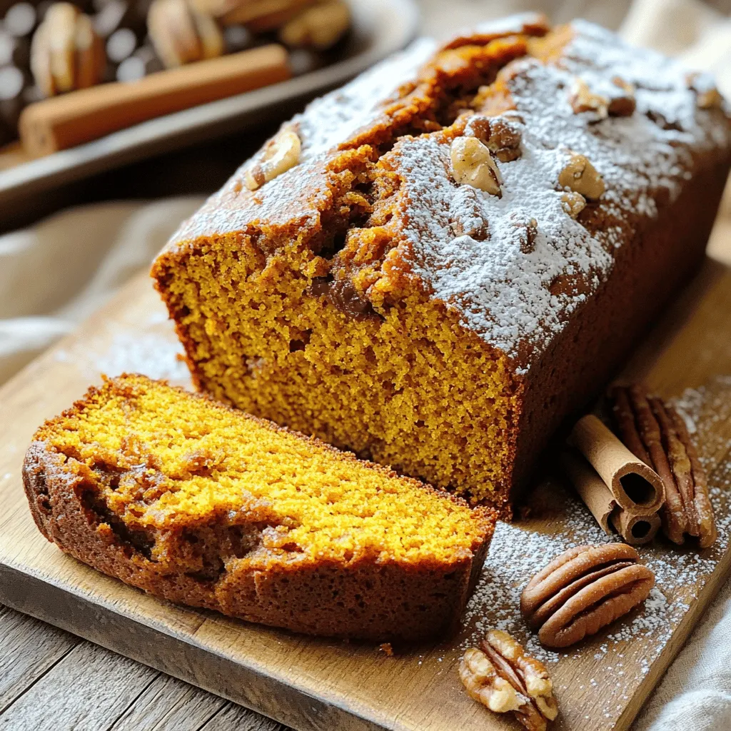 To make super moist pumpkin bread, you need the right ingredients. Here is what you'll need: - 1 cup canned pumpkin puree - 1/2 cup vegetable oil - 1/2 cup unsweetened applesauce - 1 cup brown sugar, packed - 1/2 cup granulated sugar - 3 large eggs - 1 teaspoon vanilla extract - 2 cups all-purpose flour - 1 teaspoon baking soda - 1/2 teaspoon baking powder - 1 teaspoon ground cinnamon - 1/2 teaspoon ground nutmeg - 1/4 teaspoon ground ginger - 1/2 teaspoon salt These key ingredients create the perfect blend of flavors and textures. The pumpkin puree brings moisture and richness. The oils and sugars add sweetness and depth. The spices give that warm, cozy taste we love in fall. You can customize your pumpkin bread with some fun add-ins. Here are some great options: - 1/2 cup chopped walnuts - 1/4 cup chocolate chips Adding walnuts gives a nice crunch. Chocolate chips add sweetness and a fun twist. Feel free to mix and match to suit your taste. Using quality ingredients makes a big difference in your pumpkin bread. Fresh eggs and high-quality pumpkin puree enhance flavor. Good spices provide that rich aroma and taste. When you choose the best, your bread will taste amazing. It will be moist, flavorful, and something everyone will love. Trust me, your efforts will show in every bite! To make super moist pumpkin bread, you follow a few simple steps. First, gather all your ingredients. Preheat your oven to 350°F (175°C) and prepare a loaf pan. Grease it or use parchment paper for easy removal. Once you have everything ready, you can move on to mixing the wet ingredients. In a large bowl, combine 1 cup of canned pumpkin puree, 1/2 cup of vegetable oil, and 1/2 cup of unsweetened applesauce. Mix these together until smooth. Next, add 1 cup of packed brown sugar and 1/2 cup of granulated sugar. Whisk them in well. Then, beat in 3 large eggs one at a time, along with 1 teaspoon of vanilla extract. This step makes your mixture creamy and rich. In a separate bowl, whisk together 2 cups of all-purpose flour, 1 teaspoon of baking soda, and 1/2 teaspoon of baking powder. Add 1 teaspoon of ground cinnamon, 1/2 teaspoon of ground nutmeg, 1/4 teaspoon of ground ginger, and 1/2 teaspoon of salt. Mix these dry ingredients well. Gradually add this blend to the wet mixture. Stir gently until just combined, being careful not to overmix. If you like, fold in 1/2 cup of chopped walnuts and 1/4 cup of chocolate chips for some extra flavor. Pour the batter into your prepared loaf pan. Smooth the top with a spatula for an even bake. Place the pan in your preheated oven and bake for 60 to 70 minutes. Check for doneness by inserting a toothpick into the center. It should come out clean. Once baked, remove the bread from the oven. Let it cool in the pan for about 10 minutes. After that, transfer it to a wire rack to cool completely. Enjoy your delicious pumpkin bread! To keep your pumpkin bread moist, use canned pumpkin puree. It has the right texture and moisture. Adding unsweetened applesauce also helps. Applesauce brings extra moisture and adds sweetness. Vegetable oil is key too. It keeps the bread tender and soft. Lastly, don’t overmix your batter. Mix just until combined for the best results. Start by preheating your oven to 350°F (175°C). Grease your loaf pan well or use parchment paper. This makes it easy to remove the bread. Bake the bread for 60 to 70 minutes. Check doneness with a toothpick. If it comes out clean, it’s ready. Let the bread cool in the pan for about 10 minutes. Then, transfer it to a wire rack. This prevents soggy bottoms. If your bread turns out dry, it may be overbaked. Keep an eye on the time. If it sinks in the middle, you might have added too much liquid. Make sure to follow the recipe closely. For a dense bread, check that your baking soda and baking powder are fresh. Old leavening agents won’t help the bread rise. And remember, always measure your flour correctly. Use the spoon-and-level method for best results. {{image_2}} You can make a gluten-free version of this bread. Use gluten-free flour instead of all-purpose flour. You might need to add a binder like xanthan gum. This keeps the bread from falling apart. The taste will still be rich and moist. Enjoy the same great flavors without the gluten! Spices can change the flavor of your pumpkin bread. Try adding allspice for a warm touch. Cloves can also bring a unique taste. You might even add cardamom for a little extra kick. Mix and match spices to create your own special blend. Just remember to keep the balance, so no spice overpowers the pumpkin. You can swap nuts and chocolate chips based on your taste. If you like pecans, use them instead of walnuts. You can also add dried fruits like cranberries or raisins. These will give your bread a sweet surprise. Experiment with different types of chips, like butterscotch or white chocolate. Each change can make a new favorite! To keep your pumpkin bread fresh, wrap it tightly in plastic wrap. You can also place it in an airtight container. This method helps to lock in moisture and flavor. Store it at room temperature for up to four days. If you want it to last longer, consider refrigerating it. Freezing is a great way to extend the life of your pumpkin bread. First, let the bread cool completely. Then, wrap it tightly in plastic wrap and aluminum foil. This double wrapping prevents freezer burn. You can freeze it for up to three months. When you're ready to enjoy it, just thaw it at room temperature or heat slices in the toaster. If your pumpkin bread goes stale, don’t worry! You can easily bring it back to life. Preheat your oven to 350°F (175°C). Place the bread on a baking sheet and cover it with aluminum foil. Heat for about 10 to 15 minutes. This warms it up and restores some moisture. Serve it warm for a delightful treat! Yes, you can use fresh pumpkin. First, cook and mash it. Aim for about one cup. Fresh pumpkin gives a great taste. However, it may add more moisture. Adjust flour if needed for the right texture. The pumpkin bread lasts for about three to four days at room temperature. Store it in an airtight container. For longer freshness, place it in the fridge. It can last up to a week in the fridge. You can serve it with cream cheese or butter. Both add rich flavors. Try it with a cup of coffee or tea. For a fun twist, top it with a scoop of vanilla ice cream. Enjoy it warm or cold for a tasty treat! This guide covered the key steps to make super moist pumpkin bread. We looked at essential ingredients, detailed preparation, and baking tips to get great results. Remember to use quality ingredients and explore variations for added flavor. Proper storage keeps your bread fresh longer. With this knowledge, you can feel confident making the best pumpkin bread. Enjoy the process and share your tasty treats with friends and family. Happy baking!