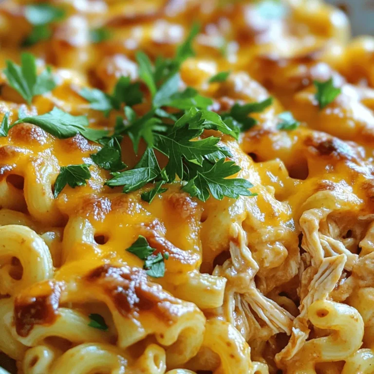 For BBQ Chicken Mac and Cheese, you will need: - 8 oz elbow macaroni - 2 cups cooked chicken, shredded - 1 cup BBQ sauce (your choice) - 2 cups sharp cheddar cheese, shredded - 1 cup mozzarella cheese, shredded - ¼ cup grated Parmesan cheese - 2 tablespoons unsalted butter - 2 tablespoons all-purpose flour - 2 cups milk - 1 teaspoon garlic powder - 1 teaspoon onion powder - 1 teaspoon smoked paprika - Salt and pepper, to taste - Fresh parsley, chopped (for garnish) These ingredients create a creamy, savory treat that warms your soul. You can enhance the dish with these additions: - Cooked bacon, chopped - Green onions, sliced - Jalapeños, diced for heat - Extra cheese varieties like gouda or pepper jack These options let you customize the flavor to your taste. If you lack some ingredients, try these substitutes: - Chicken: Use rotisserie chicken or turkey - BBQ sauce: Substitute with hot sauce or teriyaki sauce - Milk: Swap with almond milk or cream for richness - Cheese: Use any melty cheese like Monterey Jack or Gruyère These substitutes can make the dish easier to prepare while still keeping it delicious. First, grab a large pot. Fill it with water and add salt. Bring the water to a boil. Once boiling, add 8 oz of elbow macaroni. Cook it until it's al dente, which means it should still have a bit of bite. Check the package for timing. After cooking, drain the pasta and set it aside. Next, take a medium saucepan. Put it on medium heat and add 2 tablespoons of unsalted butter. Let it melt completely. Once melted, whisk in 2 tablespoons of all-purpose flour. Stir this for about one minute until it turns golden. Now, slowly add 2 cups of milk while whisking. This helps to avoid lumps. Keep cooking this mixture until it thickens, which takes about 4-5 minutes. Once thick, remove the saucepan from heat. Stir in 2 cups of sharp cheddar cheese, 1 cup of mozzarella cheese, and ¼ cup of grated Parmesan cheese. Keep stirring until the cheese melts and the sauce becomes smooth. Add 1 teaspoon each of garlic powder, onion powder, and smoked paprika. Finish with salt and pepper to taste. Now, let's bring it all together. In a large mixing bowl, combine the cooked macaroni, 2 cups of shredded chicken, and 1 cup of BBQ sauce. Pour in your creamy cheese sauce and stir until everything is well coated. Preheat your oven to 350°F (175°C). Grab a greased 9x13 inch baking dish. Pour the mixture into the dish and spread it evenly. If you want a cheesier top, sprinkle some extra cheese on top. Bake this in the oven for about 20-25 minutes. You want it to be bubbly and golden brown. Once done, take it out and let it cool slightly. For a fresh touch, sprinkle some chopped parsley on top before serving. Enjoy your BBQ chicken mac and cheese! To make a creamy cheese sauce, start with cold milk. Gradually add the milk to the melted butter and flour. Whisk well to avoid lumps. Cook it until it thickens, then remove it from heat. Stir in the cheeses until they melt completely. Use sharp cheddar for a strong flavor. A mix of cheeses makes the sauce rich. Pick a BBQ sauce that you love. Sweet, tangy, or spicy all work well. Look for sauces with natural ingredients. You can even make your own! Combine ketchup, vinegar, and spices to create a unique blend. Taste it before adding to your dish. Adjust it to suit your taste buds. Serve BBQ chicken mac and cheese hot from the oven. Pair it with a fresh salad for crunch. You can add extra cheese on top for more flavor. Chopped parsley adds a nice green touch. Feel free to drizzle more BBQ sauce before serving. For a kick, try adding jalapeños or hot sauce. Enjoy this comfort food with family and friends! {{image_2}} You can easily make BBQ mac and cheese without chicken. Replace the chicken with veggies. Use mushrooms, bell peppers, or zucchini for a hearty bite. Cook these veggies until soft, then toss them into the cheese sauce. This keeps the dish tasty and filling. You can even add some black beans for protein and fiber. Use your favorite BBQ sauce to keep the flavors bold and fun. If you love heat, try adding spicy elements. Mix in diced jalapeños or crushed red pepper flakes. This amps up the flavor and gives a nice kick. You can also use a spicy BBQ sauce to bring even more heat. For extra depth, add pepper jack cheese along with the cheddar. This will give you that creamy texture but with a spicy twist. Want to make this dish gluten-free? Swap out regular elbow macaroni for gluten-free pasta. Many brands offer great options that taste just as good. Ensure your BBQ sauce and other ingredients are gluten-free, too. You can also thicken your cheese sauce with cornstarch instead of flour. This way, you can enjoy BBQ chicken mac and cheese without worries. To store leftover BBQ Chicken Mac and Cheese, first cool it down. Then, place it in an airtight container. You can keep it in the fridge for up to three days. Make sure to label the container with the date. This helps you track freshness. Reheating is easy! You can use the oven or microwave. For the oven, preheat it to 350°F (175°C). Place the mac and cheese in a baking dish, cover with foil, and heat for about 20 minutes. Check that it’s warm all through. For the microwave, put it in a microwave-safe bowl. Heat in one-minute bursts, stirring in between, until hot. If you want to freeze it, do so before baking. Pack it into a freezer-safe container, leaving some space for expansion. It can last up to three months in the freezer. When ready to eat, thaw it in the fridge overnight. Then, bake it as per the original recipe instructions. Enjoy your tasty meal! Yes, you can use many types of pasta. I often use penne or shells. These shapes hold the cheese sauce well. You can also try gluten-free pasta if needed. Just remember to cook it al dente for the best texture. You can prepare the dish in advance. Cook the pasta and make the cheese sauce earlier. Mix everything together, but do not bake it yet. Cover it well and store it in the fridge. When you’re ready, bake it at 350°F for about 25-30 minutes. This way, you save time and enjoy a hot meal. Pair this dish with simple sides. A fresh green salad adds a nice crunch. Grilled veggies complement the flavors too. Cornbread or garlic bread works well for a cozy meal. You can also serve coleslaw for some extra crunch and tang. In this post, we covered key ingredients for BBQ Chicken Mac and Cheese, along with step-by-step cooking instructions. We shared tips for making the perfect cheese sauce and offered serving ideas. You learned about variations like vegetarian and gluten-free options and how to store leftovers for later. Explore this dish to find your unique twist. Making BBQ Chicken Mac and Cheese can be fun, tasty, and easy. Enjoy creating a meal that brings smiles to your table!