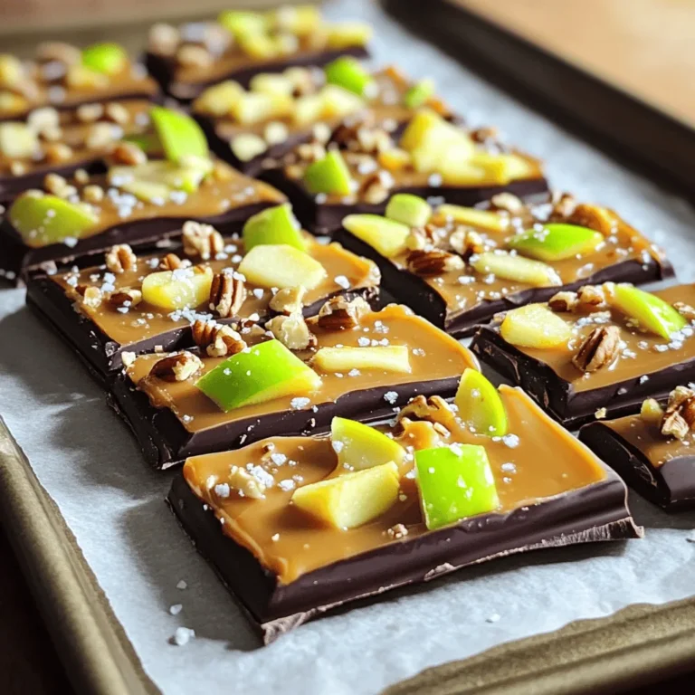 To make Easy Caramel Apple Bark, gather these simple ingredients: - 2 cups dark chocolate chips - 1 cup milk chocolate chips - 1 cup caramel bits - 2 medium apples (Granny Smith or Honeycrisp), diced - 1/4 cup chopped nuts (pecans or walnuts) - Sea salt for sprinkling You can play with flavors by trying different toppings. Here are some ideas: - Use white chocolate for a sweeter touch. - Swap apples for dried fruits like cranberries or raisins. - Add crushed pretzels for a salty crunch. - Try pumpkin spice or cinnamon for a fall twist. These options keep it fun and tasty! To make your bark, you will need some basic kitchen tools: - Baking sheet - Parchment paper - Microwave-safe bowls - Spatula - Knife (for breaking the bark) With these tools, you’re all set to create a delicious treat. Happy cooking! First, grab a baking sheet. Line it with parchment paper. This makes it easy to remove the bark later. Make sure the paper covers the whole sheet. Next, take your dark chocolate chips. Put them in a microwave-safe bowl. Heat them in the microwave for 30 seconds. After that, take them out and stir. Repeat until the chocolate is smooth. Pour the melted dark chocolate onto the lined baking sheet. Spread it evenly with a spatula. Now, melt the caramel bits. Use a separate microwave-safe bowl. Heat the caramel for about 1-2 minutes. Stir until it is smooth. Pour the caramel over the dark chocolate layer. In another bowl, melt the milk chocolate chips just like the dark chocolate. Drizzle or spoon the melted milk chocolate on top of the caramel. Time to add the fun stuff! Take your diced apples and sprinkle them evenly over the chocolate layers. Next, add the chopped nuts on top. This gives a nice crunch to your bark. Lastly, sprinkle some sea salt over the whole bark. This makes the flavors pop! Put the baking sheet in the fridge. Chill for about 1-2 hours or until set. Once it’s firm, take it out and break it into pieces. Enjoy your tasty caramel apple bark! To melt chocolate well, use a microwave-safe bowl. Start with dark chocolate chips. Heat them in short bursts of 30 seconds. Stir after each burst. This keeps the chocolate smooth and soft. If you prefer, you can use a double boiler. Just be careful not to let water touch the chocolate. If you can't find caramel bits, try using soft caramels instead. Chop them into small pieces to melt. You can also use homemade caramel if you have it. This gives a fresh taste and can be fun to make. Just ensure it is soft enough to drizzle. For this bark, I like using Granny Smith or Honeycrisp apples. Granny Smith has a nice tart flavor that balances the sweet caramel. Honeycrisp adds a crisp texture and sweetness. Both types hold up well when mixed with the chocolate and caramel. Choose apples that are firm for the best results. {{image_2}} You can change up the flavor by adding other fruits. Try using sliced bananas, strawberries, or pears. You can mix and match to find your favorite. Just make sure to chop your fruit into small pieces. This helps them spread evenly over the bark. Dried fruits like cranberries or apricots also work well. They add a nice chewiness and extra sweetness. You can swap out the dark and milk chocolate for other types. White chocolate gives a sweet and creamy taste. Dark chocolate offers a rich flavor, while semi-sweet chocolate is a good middle ground. If you want a fun twist, try flavored chocolates. Mint or orange chocolate can add a fresh zing to your bark. Experiment with different combinations to find what you love. Making this bark vegan is easy. Use dairy-free chocolate chips and vegan caramel. You can find these at most grocery stores now. For gluten-free options, make sure all your ingredients are labeled gluten-free. This includes the chocolate and caramel bits. You can still enjoy this treat while sticking to your dietary needs. Just remember to check those labels for safe snacking! To keep your caramel apple bark fresh, store it in an airtight container. This helps keep moisture away. You can also layer pieces with parchment paper to prevent sticking. Place the container in a cool, dry spot away from sunlight. Avoid putting it in the fridge, as cold can change the texture. Caramel apple bark will last about one week at room temperature. After that, it may lose its crunch. If it starts to feel soft or sticky, it's time to toss it. Always check for any signs of spoilage, like off smells or discoloration. For the best taste, enjoy the bark within the first few days after making it. You can freeze caramel apple bark for longer storage. Wrap each piece in plastic wrap and then put them in a freezer bag. This will prevent freezer burn. When you’re ready to eat, just take out a piece and let it thaw at room temperature. It should taste great even after freezing! Yes, you can use different nuts! Pecans and walnuts are great choices. You can also try almonds or cashews. Each nut adds its flavor and texture. Chop them coarsely for a fun crunch. The bark takes about 1-2 hours to set in the fridge. Make sure it is firm before you break it. If it feels soft, give it more time. Patience is key for a perfect bark! If you don’t have parchment paper, use aluminum foil. Lightly grease it with cooking spray. This way, the bark will not stick. You can also use a silicone baking mat if you have one. Yes, you can make this bark ahead of time! It stays fresh for up to a week in an airtight container. Make it a few days before your event. This way, you can enjoy the fun without last-minute stress! This caramel apple bark recipe is simple and fun. You learned about the key ingredients and how to melt chocolate perfectly. We explored tasty variations and storage tips to keep your bark fresh. You can create this treat with many options to fit your taste. Try new toppings or substitutes. Make it your own! I hope you enjoy making and sharing this delicious bark.
