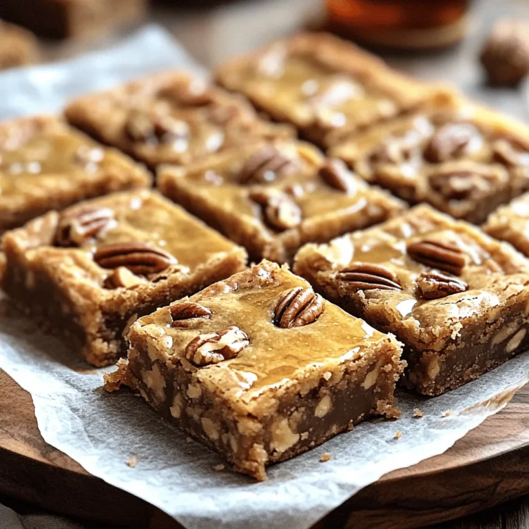 Here’s what you need to make Brown Butter Maple Pecan Blondies: - 1 cup unsalted butter - 1 cup brown sugar - 1/2 cup granulated sugar - 2 large eggs - 1 teaspoon vanilla extract - 2 cups all-purpose flour - 1 teaspoon baking powder - 1/2 teaspoon salt - 1/2 cup maple syrup - 1 cup pecans, chopped (plus extra for topping) These ingredients come together to create a rich and sweet treat. You can swap some ingredients if needed. Use salted butter instead of unsalted. This gives a nice flavor. For sugar, you can use coconut sugar. It adds a hint of caramel. If you want a nut-free option, use sunflower seeds instead of pecans. You can replace maple syrup with honey, but it will change the taste a bit. Using quality ingredients makes a big difference. Good butter enhances the nutty flavor of the blondies. Fresh eggs create a better texture. Choose real maple syrup for authentic flavor. Quality pecans add crunch. These choices lead to a delicious dish you’ll love to share. Start by preheating your oven to 350°F (175°C). This helps the blondies bake evenly. Next, take a 9x9-inch baking pan. You can grease it with butter or oil. You can also line the pan with parchment paper. This makes it easy to lift the blondies out later. Now, let's make the brown butter. In a saucepan, add 1 cup of unsalted butter. Turn the heat to medium. Stir the butter as it melts. Keep stirring until the butter turns golden brown. This takes about 5-7 minutes. The butter will smell nutty when it is ready. Once browned, remove it from the heat and let it cool slightly. In a large mixing bowl, add the brown butter. Then, add 1 cup of brown sugar and 1/2 cup of granulated sugar. Whisk these ingredients together until smooth. Next, add 2 large eggs one at a time, mixing well after each addition. Stir in 1 teaspoon of vanilla extract. In another bowl, combine 2 cups of all-purpose flour, 1 teaspoon of baking powder, and 1/2 teaspoon of salt. Gradually add this dry mix to the wet ingredients. Stir gently until just combined. Then, fold in 1/2 cup of maple syrup and 1 cup of chopped pecans. Make sure they are evenly mixed in. Now, pour the batter into the prepared pan and spread it out smoothly. Top with extra chopped pecans for a nice crunch. To bake your blondies just right, watch the timer closely. Set it for 25 minutes first. Check for a light golden color on the edges. A toothpick should come out with a few moist crumbs, not wet batter. If they need more time, add 2-3 minutes, but don’t overbake. This keeps them soft and chewy. To keep your blondies fresh, let them cool completely. Place them in an airtight container. They stay good at room temperature for up to 3 days. For longer storage, you can freeze them. Just wrap each blondie in plastic wrap and put them in a freezer bag. They last up to 3 months in the freezer. When serving, cut the blondies into squares. Place them on a nice platter for a lovely display. Drizzle extra maple syrup on top for added sweetness. You can also sprinkle more chopped pecans for crunch. Pair these blondies with a scoop of vanilla ice cream for a delightful treat. {{image_2}} You can add a twist to your blondies. For a chocolate version, mix in 1 cup of chocolate chips. Dark chocolate adds a rich taste. You can also try white chocolate for a sweeter treat. If you love maple, pour in extra maple syrup or add maple extract. This will boost the maple flavor. Pecans are great, but other nuts work too. Try walnuts for a different crunch. Almonds add a nice taste and texture. You can even leave out nuts for a nut-free version. If you want a fun mix, use a blend of your favorite nuts. You can easily make these blondies gluten-free. Just swap all-purpose flour with almond flour or a gluten-free blend. For a vegan option, replace eggs with flax eggs. Use 1 tablespoon of ground flaxseed mixed with 2.5 tablespoons of water for each egg. You can also use vegan butter and maple syrup instead of regular butter for a perfect vegan treat. To keep your blondies fresh, store them in an airtight container. This helps prevent them from drying out. Place a piece of parchment paper between layers to avoid sticking. Keep them at room temperature, away from heat and direct sunlight. If you want them to last even longer, you can refrigerate them. Just be sure to bring them back to room temp before you enjoy them. If you want to save some blondies for later, freezing is a great option. First, let the blondies cool completely. Then, cut them into squares. Wrap each square in plastic wrap. After that, place them in a freezer-safe bag or container. Label it with the date, and use them within three months for the best taste. To eat, just thaw them in the fridge or let them sit at room temperature for a few hours. When stored properly, blondies will last for about a week at room temperature. If you keep them in the fridge, they can last up to two weeks. Freezing extends their life to about three months. Remember, blondies taste best when fresh, so enjoy them soon after baking! Yes, you can use salted butter. It will add a nice flavor. Just be aware that it may make your blondies a bit saltier. If you do use salted butter, consider reducing the added salt in the recipe. This way, the taste stays balanced. To check if the blondies are done, look for golden edges. Insert a toothpick into the center. If it comes out with a few moist crumbs, they are ready. Don’t wait until it’s completely clean, as they can dry out. Blondies pair well with ice cream. A scoop of vanilla or maple ice cream works great. You can also serve them with whipped cream or fresh fruit. For a fun twist, drizzle some extra maple syrup on top for added sweetness. This blog post covered key elements for making delicious blondies. We discussed the best ingredients, tips for mixing, and how to store them. Remember, using high-quality ingredients makes a big difference in taste. Don't hesitate to try different flavors, like chocolate or maple, to find your favorite. You can easily adapt this recipe to fit dietary needs as well. With these tips, you can bake blondies that are both tasty and fresh for days. Now, grab your brown butter and start baking!