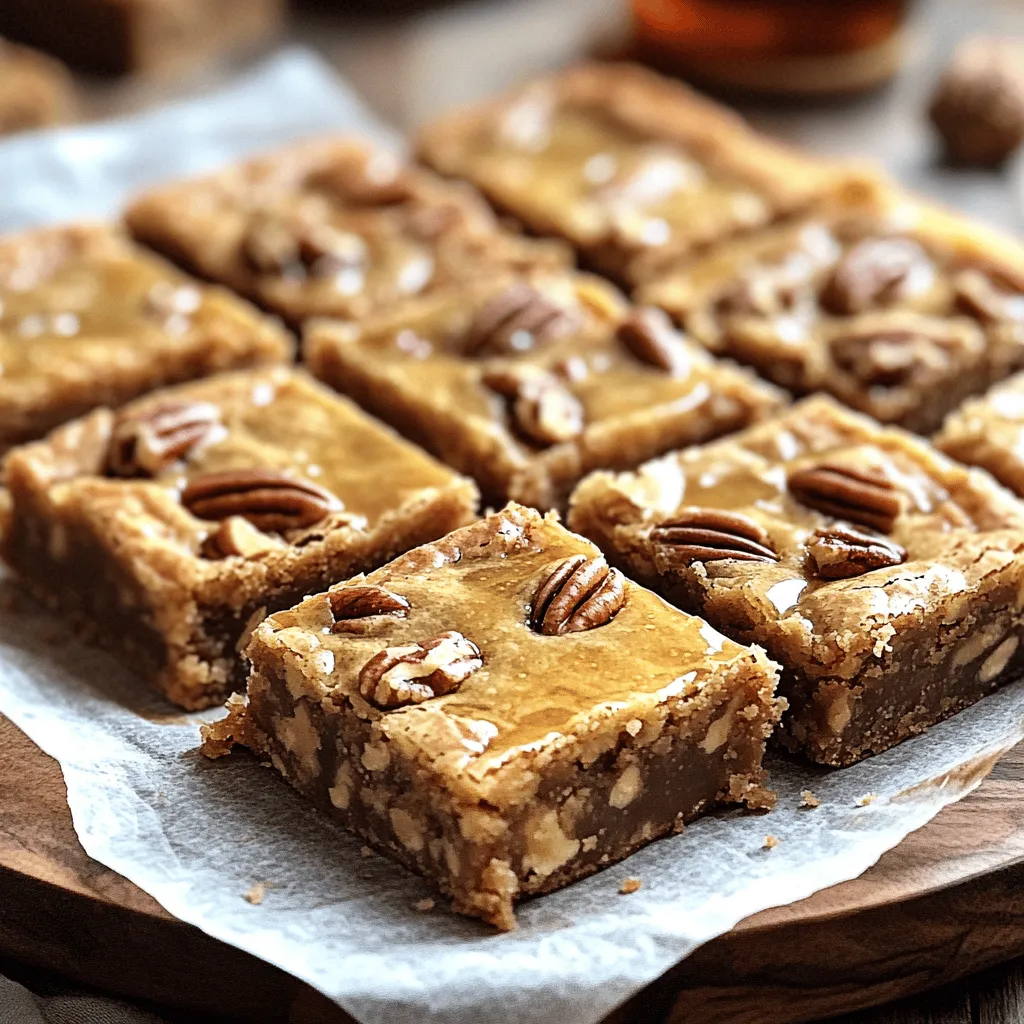 Here’s what you need to make Brown Butter Maple Pecan Blondies: - 1 cup unsalted butter - 1 cup brown sugar - 1/2 cup granulated sugar - 2 large eggs - 1 teaspoon vanilla extract - 2 cups all-purpose flour - 1 teaspoon baking powder - 1/2 teaspoon salt - 1/2 cup maple syrup - 1 cup pecans, chopped (plus extra for topping) These ingredients come together to create a rich and sweet treat. You can swap some ingredients if needed. Use salted butter instead of unsalted. This gives a nice flavor. For sugar, you can use coconut sugar. It adds a hint of caramel. If you want a nut-free option, use sunflower seeds instead of pecans. You can replace maple syrup with honey, but it will change the taste a bit. Using quality ingredients makes a big difference. Good butter enhances the nutty flavor of the blondies. Fresh eggs create a better texture. Choose real maple syrup for authentic flavor. Quality pecans add crunch. These choices lead to a delicious dish you’ll love to share. Start by preheating your oven to 350°F (175°C). This helps the blondies bake evenly. Next, take a 9x9-inch baking pan. You can grease it with butter or oil. You can also line the pan with parchment paper. This makes it easy to lift the blondies out later. Now, let's make the brown butter. In a saucepan, add 1 cup of unsalted butter. Turn the heat to medium. Stir the butter as it melts. Keep stirring until the butter turns golden brown. This takes about 5-7 minutes. The butter will smell nutty when it is ready. Once browned, remove it from the heat and let it cool slightly. In a large mixing bowl, add the brown butter. Then, add 1 cup of brown sugar and 1/2 cup of granulated sugar. Whisk these ingredients together until smooth. Next, add 2 large eggs one at a time, mixing well after each addition. Stir in 1 teaspoon of vanilla extract. In another bowl, combine 2 cups of all-purpose flour, 1 teaspoon of baking powder, and 1/2 teaspoon of salt. Gradually add this dry mix to the wet ingredients. Stir gently until just combined. Then, fold in 1/2 cup of maple syrup and 1 cup of chopped pecans. Make sure they are evenly mixed in. Now, pour the batter into the prepared pan and spread it out smoothly. Top with extra chopped pecans for a nice crunch. To bake your blondies just right, watch the timer closely. Set it for 25 minutes first. Check for a light golden color on the edges. A toothpick should come out with a few moist crumbs, not wet batter. If they need more time, add 2-3 minutes, but don’t overbake. This keeps them soft and chewy. To keep your blondies fresh, let them cool completely. Place them in an airtight container. They stay good at room temperature for up to 3 days. For longer storage, you can freeze them. Just wrap each blondie in plastic wrap and put them in a freezer bag. They last up to 3 months in the freezer. When serving, cut the blondies into squares. Place them on a nice platter for a lovely display. Drizzle extra maple syrup on top for added sweetness. You can also sprinkle more chopped pecans for crunch. Pair these blondies with a scoop of vanilla ice cream for a delightful treat. {{image_2}} You can add a twist to your blondies. For a chocolate version, mix in 1 cup of chocolate chips. Dark chocolate adds a rich taste. You can also try white chocolate for a sweeter treat. If you love maple, pour in extra maple syrup or add maple extract. This will boost the maple flavor. Pecans are great, but other nuts work too. Try walnuts for a different crunch. Almonds add a nice taste and texture. You can even leave out nuts for a nut-free version. If you want a fun mix, use a blend of your favorite nuts. You can easily make these blondies gluten-free. Just swap all-purpose flour with almond flour or a gluten-free blend. For a vegan option, replace eggs with flax eggs. Use 1 tablespoon of ground flaxseed mixed with 2.5 tablespoons of water for each egg. You can also use vegan butter and maple syrup instead of regular butter for a perfect vegan treat. To keep your blondies fresh, store them in an airtight container. This helps prevent them from drying out. Place a piece of parchment paper between layers to avoid sticking. Keep them at room temperature, away from heat and direct sunlight. If you want them to last even longer, you can refrigerate them. Just be sure to bring them back to room temp before you enjoy them. If you want to save some blondies for later, freezing is a great option. First, let the blondies cool completely. Then, cut them into squares. Wrap each square in plastic wrap. After that, place them in a freezer-safe bag or container. Label it with the date, and use them within three months for the best taste. To eat, just thaw them in the fridge or let them sit at room temperature for a few hours. When stored properly, blondies will last for about a week at room temperature. If you keep them in the fridge, they can last up to two weeks. Freezing extends their life to about three months. Remember, blondies taste best when fresh, so enjoy them soon after baking! Yes, you can use salted butter. It will add a nice flavor. Just be aware that it may make your blondies a bit saltier. If you do use salted butter, consider reducing the added salt in the recipe. This way, the taste stays balanced. To check if the blondies are done, look for golden edges. Insert a toothpick into the center. If it comes out with a few moist crumbs, they are ready. Don’t wait until it’s completely clean, as they can dry out. Blondies pair well with ice cream. A scoop of vanilla or maple ice cream works great. You can also serve them with whipped cream or fresh fruit. For a fun twist, drizzle some extra maple syrup on top for added sweetness. This blog post covered key elements for making delicious blondies. We discussed the best ingredients, tips for mixing, and how to store them. Remember, using high-quality ingredients makes a big difference in taste. Don't hesitate to try different flavors, like chocolate or maple, to find your favorite. You can easily adapt this recipe to fit dietary needs as well. With these tips, you can bake blondies that are both tasty and fresh for days. Now, grab your brown butter and start baking!