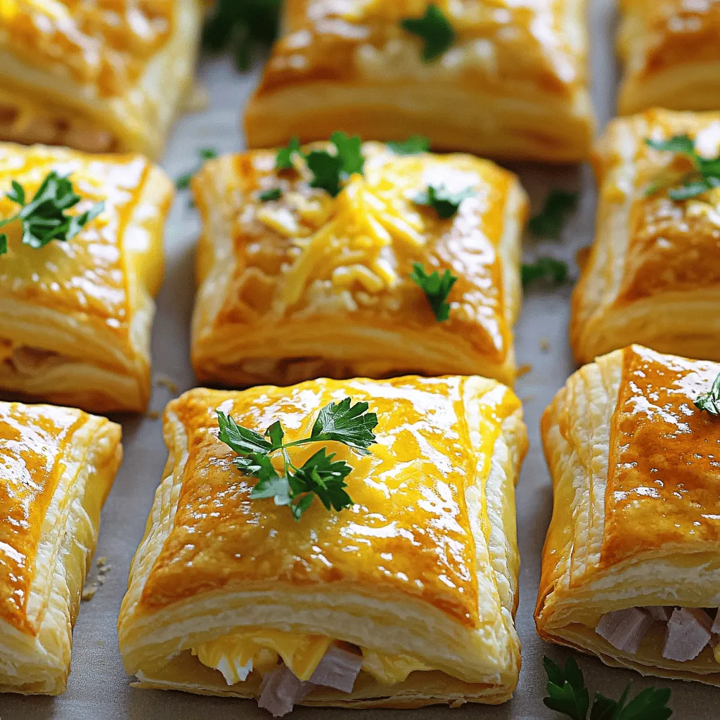 - 1 sheet of puff pastry (thawed) - 1 cup cooked ham, diced - 1 cup shredded cheddar cheese - 1/2 cup cream cheese, softened - 1 tablespoon Dijon mustard - Fresh parsley for garnish - Salt and pepper to taste - Baking sheet - Parchment paper - Mixing bowl - Fork To make Ham & Cheese Puff Pastry Squares, you need some key ingredients. Puff pastry is a must. It gives the squares their flaky texture. Cooked ham adds savory flavor. Cheddar cheese brings that gooey, melty goodness. Cream cheese makes the filling rich and creamy. Other ingredients are not required but can enhance the taste. Dijon mustard adds a nice kick. Fresh parsley is great for color and taste. Don’t forget salt and pepper to season the filling. You will also need a few kitchen tools. A baking sheet will hold the squares while they bake. Parchment paper makes clean-up easy. A mixing bowl helps you combine the filling. A fork is handy for sealing the pastry edges. With these ingredients and tools, you are ready to create a tasty dish! - Preheat your oven to 400°F (200°C). - Thaw your puff pastry sheet and roll it out on a floured surface. - In a mixing bowl, combine 1 cup of diced ham, 1 cup of shredded cheddar cheese, and 1/2 cup of softened cream cheese. - Mix in 1 tablespoon of Dijon mustard, along with salt and pepper to taste. - Cut the rolled-out puff pastry into 4 equal squares. - Place a generous tablespoon of the filling on one half of each square. Leave a border around the edges. - Fold the other half over the filling to create a pocket. Press the edges firmly to seal. Use a fork to crimp the edges. - Brush the tops with a beaten egg for a nice golden color. - Place the filled squares on a parchment-lined baking sheet and bake for 15-20 minutes. - Look for them to puff up and turn golden brown. - Remove from the oven and let them cool slightly. Garnish with freshly chopped parsley before serving. To get the best puff pastry, follow these tips: - Avoid overworking the dough: Handle the dough gently. Overworking makes it tough. You want it light and flaky. - Ensure even baking: Make sure your oven is preheated. Place the squares in the middle of the oven for even heat. To keep your Ham & Cheese Puff Pastry Squares fresh: - Storing in the refrigerator: Place leftovers in an airtight container. They last up to three days. - Reheating instructions: Use the oven for best results. Bake at 350°F until warmed. This keeps them crispy. Make your dish shine with these ideas: - Pairing with sauces: Serve with mustard or a tangy dipping sauce. It adds flavor and excitement. - Best drinks to serve: Pair with a light white wine or sparkling water. Both enhance the dish without overpowering it. {{image_2}} You can change the cheese for a new flavor. Instead of cheddar, try mozzarella or gouda. Mozzarella gives a gooey texture. Gouda adds a rich, nutty taste. Both options work well in the filling. Just make sure to shred or cube them, so they mix easily with the other ingredients. Feel free to swap the ham for turkey or chicken. Turkey offers a lighter taste. Chicken adds a nice, mild flavor. Both meats will still work well with the cheese and cream cheese. This makes it easy to use what you have on hand or to fit your taste. Want to add more veggies? Spinach or mushrooms are great choices. Spinach adds a fresh green color and nutrition. Mushrooms bring an earthy flavor that pairs well with cheese. Simply chop them up and mix them into the filling. This gives you a tasty boost and makes the dish more colorful. Each Ham & Cheese Puff Pastry Square has about 250 calories. This makes it a tasty snack or light meal. If you eat one, you get a nice mix of flavors without too many calories. - Protein: Each square contains around 10 grams of protein. This comes from the ham and cheese. Protein helps build muscle and keeps you feeling full. - Fat: There are about 15 grams of fat per square. Most of this fat comes from the cream cheese and cheddar cheese. - Carbohydrates: Each square has roughly 20 grams of carbs. These come mainly from the puff pastry, giving you energy. If you're looking for gluten-free options, puff pastry is usually made with wheat flour. So, it’s not gluten-free. You can use gluten-free pastry instead. These options can help you enjoy this dish without worry if you have gluten issues. Always check the labels to be safe! Yes, you can use frozen puff pastry. It works great for this recipe. To thaw it, simply place the frozen sheet in the fridge overnight. If you are short on time, you can thaw it at room temperature for about 30 minutes. This keeps the pastry cold and makes it easy to roll out. You can prepare these squares ahead of time. After assembling them, place the uncooked squares on a baking sheet. Cover them with plastic wrap and keep them in the fridge for up to 24 hours. When you’re ready to bake, just brush them with the egg wash and bake as directed. This saves time for busy days! These squares pair well with many sides. Serve them with a crisp salad for a fresh touch. You can also try a warm soup, like tomato or butternut squash. Another great option is a fruit platter. The sweetness of fruit balances the savory flavors of the pastry. Watch for a few signs to know when they are done. The pastry should be puffed up and golden brown. You can also tap the bottom; it should sound hollow. If the tops are golden and the pastry is firm, they are ready to enjoy! In this article, I covered how to make tasty Ham & Cheese Puff Pastry Squares. We discussed key ingredients like puff pastry, ham, and cheese, as well as optional extras like Dijon mustard. I also shared step-by-step instructions, helpful tips, and storage advice. You can even explore variations to make these squares your own. Try making these delicious bites for your next meal. They're easy, fun, and sure to impress!
