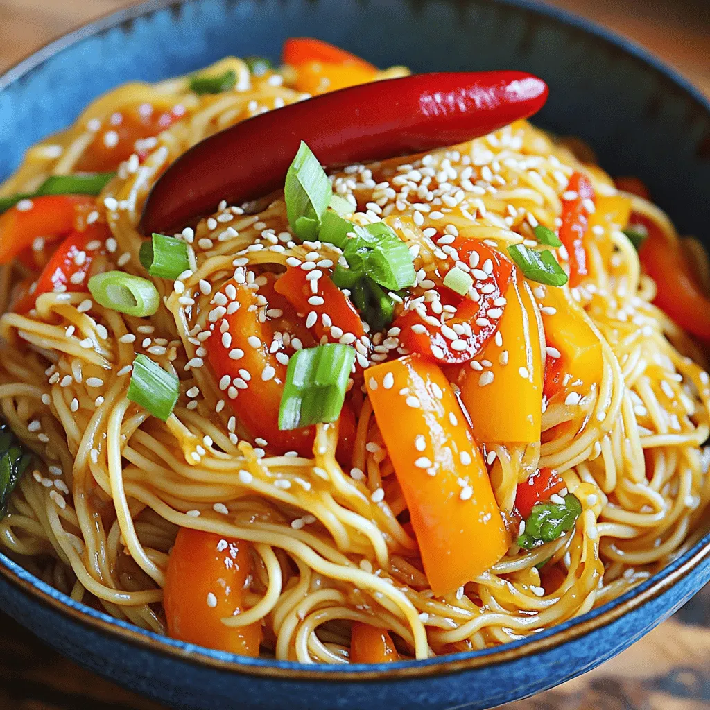 To make the best Spicy Garlic Chili Noodles, gather these main ingredients: - 200g noodles (any type you prefer) - 4 cloves garlic, minced - 2 tablespoons chili paste (adjust based on spice preference) - 2 tablespoons soy sauce - 1 tablespoon sesame oil - 1 tablespoon vegetable oil - 1 teaspoon fresh ginger, grated - 1 bell pepper, sliced (red or yellow) - 1 carrot, julienned - 2 green onions, chopped - Sesame seeds for garnish - Salt and pepper to taste These ingredients combine to create a dish full of flavor. The garlic and chili paste give it a kick that you will love. You can use various types of noodles for this recipe. Here are some great choices: - Rice noodles - Udon noodles - Soba noodles - Spaghetti Each type of noodle offers a unique texture. Choose what you enjoy most, or whatever you have at home. Garnishes can elevate your dish. Try these for added taste and flair: - Extra chopped green onions - Sliced fresh chili - Crushed peanuts - Cilantro leaves These options add color and a burst of flavor. Don't be shy to mix and match for your perfect bowl of Spicy Garlic Chili Noodles! To make Spicy Garlic Chili Noodles, start with the noodles. Use any type you like, such as ramen or spaghetti. Boil salted water in a pot. Add the noodles and cook until they are al dente. This usually takes about 5-7 minutes. Drain the noodles and rinse them under cold water. This stops the cooking. Set them aside while you prepare the sauce and vegetables. Next, we need to make the sauce. In a small bowl, mix together chili paste, soy sauce, and sesame oil. Stir it well until it is combined. Adjust the chili paste to control the spice level. If you like it hot, add more. Set this bowl aside for later. The sauce will bring all the flavors together. Now, heat vegetable oil in a large skillet or wok over medium heat. Add minced garlic and grated ginger. Stir them for about 30 seconds until they smell great. Then, toss in sliced bell pepper and julienned carrot. Stir-fry these for about 3-4 minutes. You want them tender but still crunchy. Once the veggies are ready, add the cooked noodles to the skillet. Pour the sauce over the noodles and mix everything well. Ensure all noodles are coated with the sauce. Season with salt and pepper to taste. If you want more spice, add more chili paste. Finally, remove the skillet from heat. Stir in chopped green onions and sprinkle sesame seeds on top. This adds a nice crunch and flavor. Serve hot in bowls, and enjoy your Spicy Garlic Chili Noodles! To change the heat in your Spicy Garlic Chili Noodles, start simple. Use less chili paste. Add a small amount at first, then taste. You can always add more heat, but it’s hard to take it out. If you want extra spice, add fresh chili slices on top. You can also use milder chili sauce if you prefer a gentle kick. Cook the noodles just right for the best texture. Boil them until they are al dente. This means they should have a little firmness when you bite them. After cooking, rinse them under cold water. This stops the cooking and keeps them from getting mushy. Toss them with a bit of oil to prevent sticking. Avoid overcooking the noodles. If they become too soft, they won’t hold up well in the dish. Also, don't skip rinsing them. This step is key for keeping the noodles firm. Another mistake is not tasting the sauce before adding it to the noodles. Always taste and adjust the flavors to your liking. Lastly, be careful with salt. The soy sauce already has salt, so add it sparingly. {{image_2}} You can easily make Spicy Garlic Chili Noodles vegetarian or vegan. Just skip the meat and use plant-based items. For vegan options, replace any non-vegan sauces with vegan-friendly ones. You can use vegetable broth for extra flavor. Swap soy sauce with a gluten-free brand if needed. Adding protein makes this dish heartier. Chicken works well. Just cut it into small pieces and cook it before the garlic. Tofu is a great vegan choice. Use firm tofu and fry it until golden brown. Shrimp adds a nice touch too. Cook shrimp until pink and tender. Add any of these proteins along with the vegetables for a tasty mix. Feel free to mix or change the veggies based on what you like. Broccoli, snap peas, or mushrooms all work great. You can even add leafy greens like spinach or bok choy. Just make sure to adjust cooking times to keep everything crispy. This way, your noodles stay vibrant and fun! To keep your spicy garlic chili noodles fresh, place them in an airtight container. Make sure to cool them down to room temperature first. This way, they won’t steam up the container. Store them in the fridge for up to three days. If you want to keep them longer, freezing is a great option. When you are ready to enjoy your leftovers, take them out of the fridge. Add a splash of water or extra soy sauce to help with moisture. You can reheat them in a skillet over medium heat. Stir until they are warm. Another option is to use the microwave. Heat in short bursts of 30 seconds, stirring in between. Make sure they are hot all the way through. If you freeze your spicy garlic chili noodles, they can last up to three months. To freeze, place them in a freezer-safe container. When you want to eat them, move them to the fridge the night before to thaw. You can also use the microwave to defrost them. Just be careful not to overheat them, or they may get mushy. Once thawed, follow the reheating instructions to enjoy your delicious meal again! You can use any noodles you like! Thin noodles, like rice noodles, work well. Egg noodles also add a nice touch. If you prefer whole grain or gluten-free, they fit too. Just cook them according to the package instructions for the best results. Yes, you can! Cook the noodles and sauce separately. Store them in the fridge. When ready to eat, simply heat the sauce and toss it with the noodles. This will save time and keep your meal fresh. To reduce the spice, use less chili paste. You can start with one tablespoon instead of two. Adding more soy sauce or a bit of sugar can also help balance the heat. Don't forget to taste as you go! Making Spicy Garlic Chili Noodles is fun and easy. We covered essential ingredients, cooking steps, and tips to avoid mistakes. Consider variations like adding protein or different veggies to suit your taste. Store leftovers properly to keep them fresh. With these simple steps, you can make a delicious meal any night. Enjoy your spicy noodles and feel free to get creative with your ingredients. Cooking should always be a fun adventure.