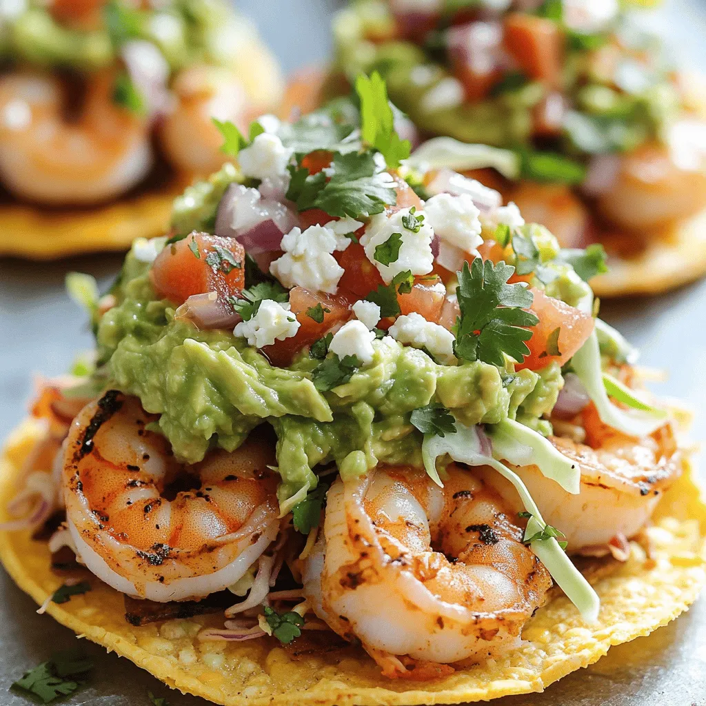 - 1 lb shrimp, peeled and deveined - 8 small corn tostadas - 1 cup shredded cabbage - Optional: 1/2 cup crumbled feta cheese - 2 ripe avocados - 1 medium tomato, diced - 1/4 cup red onion, finely chopped - 1 jalapeño, seeded and minced - Juice of 1 lime - Salt to taste - 1 tablespoon olive oil - 1 teaspoon smoked paprika - 1 teaspoon garlic powder - 1 teaspoon lime zest - Fresh cilantro for garnish To make these summer shrimp tostadas truly shine, you need fresh and quality ingredients. Start with shrimp. I prefer large shrimp, as they pack a good flavor. Make sure they are peeled and deveined before cooking. Next, grab some small corn tostadas. They create a perfect base for the toppings. Shredded cabbage adds a crunch and freshness to each bite. You can also add feta cheese for a creamy finish, but it is not required. For the guacamole salsa, choose ripe avocados. They should be soft to the touch. Dice a medium tomato for a burst of color and flavor. Red onion brings a nice bite, while jalapeño adds heat. Squeeze fresh lime juice for brightness and sprinkle salt to enhance the taste. Finally, you'll need a few seasonings. Olive oil helps with marinating the shrimp. Smoked paprika adds depth, while garlic powder gives that classic taste. Don't forget lime zest for an extra zing. Fresh cilantro is the perfect finishing touch. It adds a pop of color and fresh flavor. Gather all these ingredients, and you are ready to create a delicious meal! To marinate the shrimp, start with a medium bowl. Toss in the shrimp, olive oil, smoked paprika, garlic powder, lime zest, salt, and pepper. Mix well until the shrimp are fully coated. Let the shrimp sit for about 15 minutes to soak up the flavors. This time helps the shrimp become tasty and tender. Heat a large skillet over medium-high heat. Add the marinated shrimp to the skillet. Cook them for 5 to 7 minutes. Keep an eye on the color; they should turn pink and opaque. Once cooked, take them off the heat. This quick cooking creates juicy shrimp perfect for your tostadas. In a separate bowl, take the ripe avocados and mash them with a fork. You want a chunky texture, not too smooth. Then, add the diced tomato, finely chopped red onion, minced jalapeño, lime juice, and a pinch of salt. Stir everything together gently until combined. This salsa adds a fresh and zesty kick. Start with your small corn tostadas. First, layer on the shredded cabbage. This adds crunch and color. Next, place a generous amount of sautéed shrimp on top. Finally, add a big spoonful of guacamole salsa. If you like feta cheese, sprinkle some on top. This creates a beautiful and tasty bite. To finish, garnish your tostadas with fresh cilantro. This adds a lovely green touch. Serve the tostadas right away for the best taste. Enjoy your summer meal with friends and family. These tostadas are fun to eat and packed with flavor! To cook shrimp well, use high heat. I suggest sautéing shrimp over medium-high heat. This method gives you great flavor and texture. Cook shrimp for about 5 to 7 minutes. They should turn pink and opaque. If they curl into a tight C shape, they are done. Avoid overcooking, as it makes shrimp tough. To keep avocado fresh, use lime juice. Mix it in right after cutting the avocado. This helps prevent browning. Store any leftovers in an airtight container. Press plastic wrap against the surface to limit air exposure. For salsa consistency, mash the avocados lightly. Mix in the diced tomato and onion without pureeing. You want a chunky texture for a tasty bite. Pair these tostadas with cold drinks like lemonade or iced tea. A light beer also works well. For summer events, serve on a large platter. Arrange tostadas with toppings to make them pretty. Guests can pick their own, which adds fun to your meal. {{image_2}} You can change the shrimp for other proteins. Chicken works well and is easy to cook. Just cut it into small pieces and use the same spices. For a fish option, try white fish like tilapia or cod. If you want a vegetarian choice, use black beans or grilled veggies. They add great flavor and texture. Want to spice things up? Add chili powder or cayenne pepper. These spices give a nice kick to the shrimp. If you prefer a milder taste, skip the heat. Fresh herbs like cilantro or parsley can add a fresh twist. They brighten up the dish without overpowering the flavors. Not a fan of corn tostadas? You can use flour tostadas for a softer bite. Baked tostadas are a healthier option. They give the same crunch without frying. You can even use lettuce leaves for a low-carb choice. This keeps it light and fresh for summer days. To keep your shrimp and guacamole salsa fresh, follow these steps: - Shrimp: Place the cooked shrimp in an airtight container. - Guacamole Salsa: Store the guacamole salsa in a bowl. Cover it tightly with plastic wrap, pressing it down to reduce air exposure. These methods help prevent spoilage and keep flavors intact. You can keep the shrimp in the fridge for up to three days. If you want to freeze the shrimp, it can last up to three months. For the guacamole salsa, store it in the fridge for one to two days. Freezing guacamole salsa isn't ideal, as it can change texture upon thawing. To reheat shrimp without overcooking, use these tips: - Heat a skillet over low to medium heat. - Add a splash of water or broth to keep moisture. - Cook for one to two minutes, stirring gently until warmed. This method ensures your shrimp stay juicy and tender, avoiding a rubbery texture. You can marinate shrimp for about 15 minutes. This time allows the shrimp to soak up the flavors. If you marinate them too long, they can become mushy. Keep it short for the best texture. Yes, you can make guacamole salsa ahead of time. Store it in an airtight container in the fridge. To keep it fresh, press plastic wrap directly onto the surface. This helps prevent browning. Use it within 1-2 days for the best taste. If you can’t find corn tostadas, you have options. You can use tortilla chips or pita bread. You can also make your own tostadas by baking corn tortillas until crispy. Just bake them at 400°F for about 10 minutes. Yes, this recipe is gluten-free. Just ensure your corn tostadas are labeled gluten-free. All other ingredients in the recipe are naturally gluten-free. This makes it a great option for those with gluten sensitivities. The guacamole salsa has a mild heat from the jalapeño. If you prefer less spice, remove the seeds. For more heat, add another jalapeño or some hot sauce. Taste it as you go to find your perfect level of spice. In this post, we explored how to make delicious shrimp tostadas topped with guacamole salsa. You learned about the main ingredients, preparation steps, and serving tips. Perfecting your shrimp and ensuring fresh salsa can really enhance your dish. Remember, you can customize your tostadas with different proteins and flavors. Whether hosting friends or enjoying a family meal, these tostadas fit any occasion. Now, it’s your turn to make this simple, tasty dish. Enjoy each bite and share your creations!