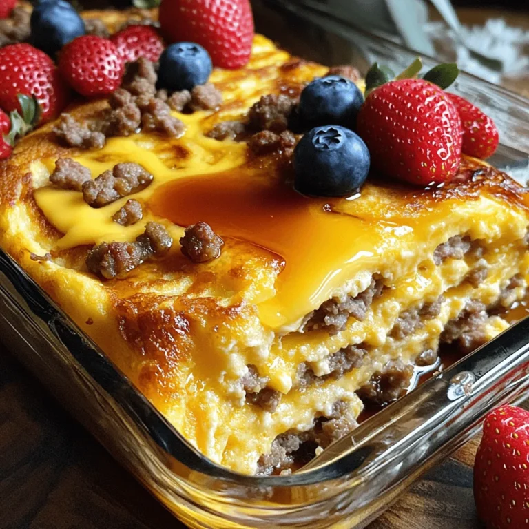 - 12 pancake mix (prepared according to package instructions) - 1 pound breakfast sausage, cooked and crumbled - 8 large eggs - 2 cups milk - 1 teaspoon vanilla extract - 1 tablespoon maple syrup (plus extra for drizzling) - 1 cup shredded cheddar cheese - Pinch of salt - Butter for greasing the baking dish Gathering the right ingredients is key for this tasty dish. Start with pancake mix, which gives the base its fluffy goodness. You can use any brand you like. Next, grab a pound of breakfast sausage. This adds a savory kick that pairs well with the sweet pancakes. Cook the sausage until browned and crumbly. It should be ready in about 10 minutes. Now, let’s talk eggs. You’ll need eight large eggs. They help bind everything together and add protein. Don't forget the milk and vanilla extract to keep the batter smooth and flavorful. A tablespoon of maple syrup adds a hint of sweetness. You can always drizzle more on top later! If you're feeling cheesy, add shredded cheddar cheese for an extra layer of flavor. A pinch of salt rounds out all the tastes. Finally, grease your baking dish with butter. This step helps the casserole come out easily and prevents sticking. With these ingredients, you'll create a warm and hearty breakfast that everyone will love! First, preheat your oven to 375°F (190°C). This is key for even baking. Next, take a 9x13 inch baking dish and grease it well with butter. This helps prevent sticking. Now, prepare the pancake mix as per the package instructions. Mix it until smooth and ready to pour. Once your pancake batter is ready, pour half of it into the greased baking dish. Make sure it spreads evenly across the bottom. In a skillet over medium heat, cook your breakfast sausage until it's browned and fully cooked. Drain the grease, then crumble the sausage and sprinkle it over the pancake batter in the dish. In a large bowl, whisk together the eggs, milk, vanilla extract, maple syrup, baking powder, and a pinch of salt. This mixture adds flavor and moisture. Once combined, pour the egg mixture evenly over the sausage and pancake layer. Now, take the remaining pancake batter and spoon it over the top. You can create a swirl effect with a spatula for fun. Finally, sprinkle the shredded cheddar cheese on top. Bake in the preheated oven for 25-30 minutes. Look for a puffed and golden brown top. Let it cool for a few minutes before cutting into squares. Enjoy your tasty casserole! Using the right pancake mix is key. A good mix gives a fluffy base. Look for one with leavening agents for the best rise. Follow the package instructions to ensure the right consistency. Cooking sausage properly is also important. Brown it well to add flavor. Make sure to drain the grease before adding it to the casserole. This keeps the dish from being too greasy. Drizzling with maple syrup makes this dish shine. It adds sweetness that pairs well with the savory sausage. Use good quality syrup for the best flavor. Garnishing with fresh fruit brightens the plate. Strawberries or blueberries add color and freshness. They also provide a nice contrast to the warm casserole. Best practices for storage include letting the casserole cool first. Place it in an airtight container. This keeps it fresh for up to three days in the fridge. Reheating instructions are simple. You can use the microwave for quick meals. Heat in short bursts to avoid drying it out. A few minutes in the oven also works well for crispiness. {{image_2}} You can easily swap ingredients to fit your taste. Try using turkey sausage instead of regular sausage. It’s a great way to cut fat and calories while keeping the flavor. You might also want to substitute different cheeses. Mozzarella or pepper jack can add a fun twist. A sprinkle of spices can change everything. Adding cinnamon or nutmeg gives a warm, cozy flavor to your casserole. If you love fruits, toss in blueberries or bananas. They add sweetness and moisture, making every bite delicious. If you need gluten-free options, use a gluten-free pancake mix. Many brands work well in this recipe. For those avoiding dairy, try almond or oat milk in place of regular milk. You can also use dairy-free cheese for a tasty, creamy topping. You can store your pancake sausage breakfast casserole in the refrigerator. Place it in an airtight container to keep it fresh. Make sure to eat it within three to four days for the best taste. For long-term storage, freezing the casserole works great. Cut it into squares before freezing for easy servings. Thaw it overnight in the fridge before reheating. To reheat, bake it at 350°F (175°C) until it's warmed through, about 20 minutes. Choose airtight containers to keep the casserole fresh. Glass or plastic containers with tight lids work well. This helps avoid freezer burn, which can ruin the taste. Always label your containers with the date you stored the casserole. Yes, you can prepare this casserole in advance. You can mix the batter and layer the ingredients the night before. Cover it well and store it in the fridge. In the morning, just pop it in the oven. This saves time and makes breakfast easier. Look for a few signs. The top should be golden brown and puffed up. You can also insert a knife in the center. If it comes out clean, the casserole is done. Let it cool for a few minutes before serving. Absolutely! You can swap sausage for turkey or chicken. If you want a meat-free option, try adding cooked veggies instead. Spinach, mushrooms, or bell peppers work great. Get creative and use what you have on hand! In this post, I covered how to make a delicious breakfast casserole. You learned about the main and optional ingredients, step-by-step instructions, and tips for perfecting the dish. I also shared variations and storage methods to help you keep it fresh. This breakfast casserole is great for busy mornings or family gatherings. Feel free to get creative with ingredients. Enjoy the tasty results and make it your own!