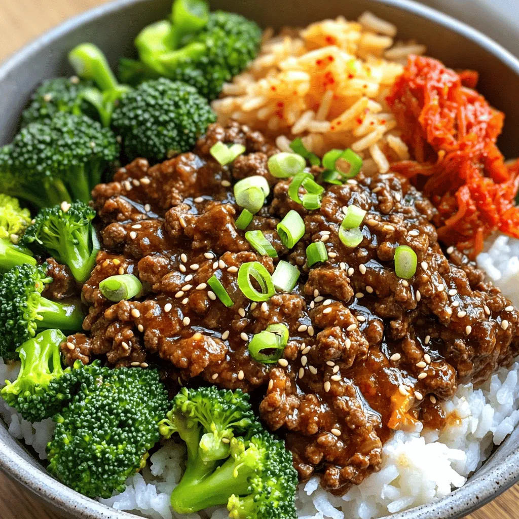 - 1 lb ground beef - 3 tablespoons soy sauce - 2 tablespoons gochujang (Korean red chili paste) - 1 tablespoon brown sugar - 1 tablespoon sesame oil - 2 cloves garlic, minced - 1-inch piece ginger, grated - 2 green onions, chopped - Sesame seeds for garnish - 1 cup broccoli florets - 1 cup cooked jasmine rice - 1/2 cup kimchi for serving In this Korean ground beef bowls recipe, we use fresh and bold flavors. The ground beef gives a hearty base. Soy sauce adds umami, while gochujang brings a nice kick. Brown sugar balances the heat with sweetness. Sesame oil adds richness and depth. For aromatics, garlic and ginger brighten the dish. Green onions add a fresh crunch. Don’t forget the sesame seeds. They give a lovely nutty finish. Broccoli florets provide color and nutrients. Jasmine rice serves as the perfect canvas. Kimchi adds tang and spice on the side. These ingredients work together to create a tasty, satisfying meal. To make the sauce, mix these ingredients in a bowl: - 3 tablespoons soy sauce - 2 tablespoons gochujang - 1 tablespoon brown sugar - 1 tablespoon sesame oil - 2 cloves garlic, minced - 1-inch piece ginger, grated Stir until smooth. This sauce adds a rich flavor to your beef. In a large skillet, brown the ground beef over medium heat. - Cook for about 5 minutes. - Use a spatula to break up the meat as it cooks. - Drain excess fat if needed. Once browned, pour the sauce mixture over the beef. - Stir well to coat the meat. - Let it simmer for 3-4 minutes. This helps the beef absorb all the delicious flavors. While the beef simmers, steam the broccoli florets. - Steam until tender, about 4-5 minutes. Now it’s time to assemble the bowls. - Start with a scoop of cooked jasmine rice. - Top it with the beef mixture and steamed broccoli. - Add a serving of kimchi for a spicy kick. - Garnish with chopped green onions and sesame seeds. This colorful bowl is not only tasty but also looks great on the table! - Ensure the beef is finely crumbled for even cooking. This helps it brown nicely. - Adjust gochujang according to your spice preference. Taste it first to find your sweet spot. - Serve warm and arrange ingredients attractively over the rice. A neat bowl looks more inviting. - Use a small bowl for kimchi for added color contrast. This brings a pop of red to your dish. - Add a sprinkle of additional sesame seeds or green onions before serving. This gives a fresh touch and extra crunch. {{image_2}} You can change the ground beef to fit your taste. Try ground turkey or chicken. These options make the dish lighter. If you want a plant-based meal, use tofu instead. Just crumble the tofu and cook it like the beef. Each choice gives a new flavor and texture. Adding more veggies can make your bowls colorful and healthy. Bell peppers bring a sweet crunch. Carrots add a nice color and sweetness. Snap peas offer a great snap and freshness. Feel free to mix and match your favorite vegetables. This way, you can customize your meal to your liking. For a twist, try serving your beef over quinoa or cauliflower rice. Quinoa adds protein and a nutty flavor. Cauliflower rice is a great low-carb option. Both choices keep the meal light and healthy. You can enjoy the same great flavors while making it fit your diet. You can store your Korean ground beef bowls in airtight containers. Keep them in the fridge for up to 3 days. This helps keep the flavors fresh. Make sure to cool the dish before sealing it. If you want to save some for later, freeze the beef mixture and broccoli separately. They can stay fresh for up to 2 months. When ready to eat, just thaw them in the fridge overnight. To reheat, simply use a microwave or stovetop. Heat until the food is hot all the way through. If the mixture seems dry, add a splash of water. This will keep everything moist and tasty. Yes, the beef mixture can be prepared ahead of time. Just cook the beef and sauce, then let it cool. Store it in the fridge for up to three days. When you're ready to eat, warm it in a skillet. This makes meal prep easy and saves time on busy nights. You may use another chili paste or Sriracha in a pinch. Both options work well, but they may change the flavor slightly. Gochujang adds a unique sweetness and depth to the dish. If you want the same taste, try mixing Sriracha with a bit of sugar. Increase the amount of gochujang or add red pepper flakes. Start with a small amount and taste as you go. This way, you can find the right heat for you. You can also drizzle some hot sauce on top before serving. Enjoy the spicy kick! This recipe is easy and fun to make. You learned about the key ingredients like ground beef, soy sauce, and gochujang. We covered steps for cooking the beef and broccoli and assembling your bowls. Remember, you can switch proteins or veggies to fit your taste. Storing leftovers and reheating them is simple too. Enjoy making this dish for friends or family. It's a great way to explore new flavors together. Happy cooking!