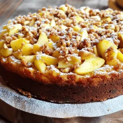 - 2 cups all-purpose flour - 1 cup granulated sugar - 1/2 cup unsalted butter, softened - 1 cup sour cream - 3 large eggs The main ingredients are key to a rich and moist cake. All-purpose flour gives it structure. Granulated sugar adds sweetness and helps with browning. Butter provides flavor and moisture. Sour cream makes it dense and rich. Eggs bind these ingredients together. - 1 tsp vanilla extract - 1 tsp baking powder - 1/2 tsp baking soda - 1/2 tsp salt - 2 medium apples, peeled and diced (preferably Granny Smith) - 1 tsp ground cinnamon For flavor, we use vanilla extract to enhance sweetness. Baking powder and baking soda help the cake rise. Salt balances the sweetness. Granny Smith apples add a tart bite, and ground cinnamon brings warmth. Together, they make every bite special. - 1/2 cup all-purpose flour - 1/3 cup brown sugar - 1/2 tsp ground cinnamon - 1/4 cup unsalted butter, melted - 1/4 cup chopped walnuts (optional) The streusel topping gives the cake a crunchy texture. All-purpose flour and brown sugar create a sweet crumb. Ground cinnamon adds warmth. Melted butter brings it all together. If you like, add chopped walnuts for extra crunch and flavor. This topping makes the cake truly delightful. 1. Preheat your oven to 350°F (175°C) and grease a 9x13 inch baking dish. This step helps the cake not stick. 2. In a large bowl, cream together 1/2 cup of softened butter and 1 cup of granulated sugar. Beat them until the mix is light and fluffy. This adds air and makes your cake soft. 3. Add 3 large eggs one at a time. Mix well after each egg. Stir in 1 teaspoon of vanilla extract. This gives your cake a lovely flavor. 1. In another bowl, whisk together 2 cups of all-purpose flour, 1 teaspoon of baking powder, 1/2 teaspoon of baking soda, and 1/2 teaspoon of salt. This mix makes your cake rise well. 2. Gradually add the dry mix to the wet mix. Alternate with 1 cup of sour cream. Mix until everything is just combined. Don’t overmix to keep it light. 3. Gently fold in 2 diced apples and 1 teaspoon of ground cinnamon. This gives the cake a tasty apple flavor and spice. 1. In a separate bowl, mix together 1/2 cup of all-purpose flour, 1/3 cup of brown sugar, and 1/2 teaspoon of ground cinnamon. This mix adds a crunchy layer. 2. Pour in 1/4 cup of melted butter. If you like, add 1/4 cup of chopped walnuts. Mix until crumbly. This topping will bring great texture. 1. Pour the batter into the prepared baking dish. Spread it evenly. 2. Sprinkle the streusel topping over the batter. Make sure it covers well. 3. Bake for 40-45 minutes. Check for doneness by inserting a toothpick in the center. It should come out clean. Let the cake cool for 10 minutes before moving it to a wire rack. Using room temperature ingredients is key. It helps the butter cream well with sugar. This creates a light and fluffy cake. Take your butter and eggs out of the fridge ahead of time. They should sit for about 30 minutes. This small step can make a big difference. When you fold in the apples, do it gently. You want to keep the air in the batter. Start by adding a few apple pieces at a time. Use a spatula to lift and turn the batter. This keeps everything mixed evenly without losing fluffiness. Don’t be afraid to play with the apples. Granny Smith apples are tart and great, but you can try others. Honeycrisp or Fuji apples add sweet notes to your cake. Each type brings a new flavor to your dish. You can also add nuts or dried fruits. Chopped walnuts add crunch and flavor. Dried cranberries bring a nice tang. Experiment with what you love. These changes can make your cake unique. Serving your cake is fun. A light dusting of powdered sugar makes it look special. Pair it with whipped cream or a scoop of ice cream. This makes each slice a treat. After baking, let your cake cool for about ten minutes. Then, move it to a wire rack. This keeps the bottom from getting soggy. Store any leftovers in an airtight container. This keeps your cake fresh and tasty for days. {{image_2}} You can make a gluten-free apple streusel coffee cake by using gluten-free flour. Swap the all-purpose flour for a mix of rice flour, almond flour, and tapioca starch. This mix helps keep the cake light and fluffy. If you want a vegan version, use plant-based butter and a flax egg. To make a flax egg, mix one tablespoon of ground flaxseed with three tablespoons of water. Let it sit for five minutes before adding it to your batter. Replace sour cream with unsweetened applesauce or coconut yogurt. Cranberries add a festive touch to your coffee cake. Just fold in a cup of fresh or frozen cranberries along with the apples. The tartness of cranberries pairs well with sweet apples, creating a vibrant flavor. Using pears instead of apples is another great option. Pears bring a soft and juicy texture. Choose ripe yet firm pears, like Bosc or Anjou. Dice them and mix them in just like you would with apples. You can choose between a cinnamon crumble or a nutty streusel topping. The cinnamon crumble offers a warm, sweet flavor, while the nutty streusel gives a crunchy texture. To make it nutty, add chopped walnuts or pecans to the topping. For an extra treat, mix in chocolate chips or swirl in caramel. Use about a cup of chocolate chips for a rich flavor. If you prefer caramel, drizzle it on top before serving. Both options make your coffee cake even more indulgent. To keep your coffee cake fresh, use an airtight container. This will help lock in moisture and flavor. You can also wrap it tightly in plastic wrap. Store it at room temperature for the best taste. Avoid placing it in direct sunlight or near heat sources. If you can't finish the cake, freezing is a great option. First, let the cake cool completely. Then, slice it into pieces. Wrap each slice in plastic wrap. Place the wrapped slices in a freezer bag or container. When you want to enjoy a piece, take it out and thaw it in the fridge. For best results, eat it within three months. Your coffee cake lasts about 3-5 days in the fridge. Check for signs of spoilage, like mold or a sour smell. If it feels dry or hard, it may be time to toss it. Always trust your senses to decide if it's still good. I recommend using Granny Smith apples. They add a nice tartness that balances the sweetness. Their firm texture holds up well during baking. Other good options are Honeycrisp or Fuji. These apples blend sweetness and crunch, enhancing the overall flavor. Yes, you can prepare the batter the night before. Store it in the fridge, then bake it in the morning. You can also make the streusel topping ahead. Just keep it in an airtight container. This helps save time on busy mornings. To achieve a crunchy streusel, use cold butter and mix it until crumbly. You can also add more flour if it feels too wet. Bake it until golden brown, as this helps create that perfect crunch. Lastly, let it cool completely before serving. Absolutely! You can replace sour cream with almond or coconut yogurt. For butter, use a dairy-free margarine. These swaps maintain the cake's moistness and flavor. Just make sure to check the ingredient labels for any added sugars or flavors. In this blog post, we explored how to make a delicious coffee cake. We covered the main ingredients like flour, sugar, and apples. I shared step-by-step instructions to guide you through the mixing and baking processes. We also discussed tips for perfect texture and exciting variations. Remember, your coffee cake can be stored or even frozen for later. Enjoy experimenting with flavors and toppings. You can create a treat that’s perfect for any occasion! Now it’s time to bake and enjoy your delicious creation.