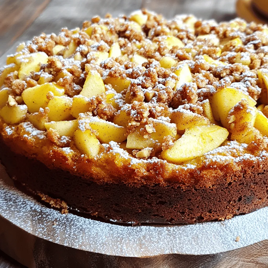 - 2 cups all-purpose flour - 1 cup granulated sugar - 1/2 cup unsalted butter, softened - 1 cup sour cream - 3 large eggs The main ingredients are key to a rich and moist cake. All-purpose flour gives it structure. Granulated sugar adds sweetness and helps with browning. Butter provides flavor and moisture. Sour cream makes it dense and rich. Eggs bind these ingredients together. - 1 tsp vanilla extract - 1 tsp baking powder - 1/2 tsp baking soda - 1/2 tsp salt - 2 medium apples, peeled and diced (preferably Granny Smith) - 1 tsp ground cinnamon For flavor, we use vanilla extract to enhance sweetness. Baking powder and baking soda help the cake rise. Salt balances the sweetness. Granny Smith apples add a tart bite, and ground cinnamon brings warmth. Together, they make every bite special. - 1/2 cup all-purpose flour - 1/3 cup brown sugar - 1/2 tsp ground cinnamon - 1/4 cup unsalted butter, melted - 1/4 cup chopped walnuts (optional) The streusel topping gives the cake a crunchy texture. All-purpose flour and brown sugar create a sweet crumb. Ground cinnamon adds warmth. Melted butter brings it all together. If you like, add chopped walnuts for extra crunch and flavor. This topping makes the cake truly delightful. 1. Preheat your oven to 350°F (175°C) and grease a 9x13 inch baking dish. This step helps the cake not stick. 2. In a large bowl, cream together 1/2 cup of softened butter and 1 cup of granulated sugar. Beat them until the mix is light and fluffy. This adds air and makes your cake soft. 3. Add 3 large eggs one at a time. Mix well after each egg. Stir in 1 teaspoon of vanilla extract. This gives your cake a lovely flavor. 1. In another bowl, whisk together 2 cups of all-purpose flour, 1 teaspoon of baking powder, 1/2 teaspoon of baking soda, and 1/2 teaspoon of salt. This mix makes your cake rise well. 2. Gradually add the dry mix to the wet mix. Alternate with 1 cup of sour cream. Mix until everything is just combined. Don’t overmix to keep it light. 3. Gently fold in 2 diced apples and 1 teaspoon of ground cinnamon. This gives the cake a tasty apple flavor and spice. 1. In a separate bowl, mix together 1/2 cup of all-purpose flour, 1/3 cup of brown sugar, and 1/2 teaspoon of ground cinnamon. This mix adds a crunchy layer. 2. Pour in 1/4 cup of melted butter. If you like, add 1/4 cup of chopped walnuts. Mix until crumbly. This topping will bring great texture. 1. Pour the batter into the prepared baking dish. Spread it evenly. 2. Sprinkle the streusel topping over the batter. Make sure it covers well. 3. Bake for 40-45 minutes. Check for doneness by inserting a toothpick in the center. It should come out clean. Let the cake cool for 10 minutes before moving it to a wire rack. Using room temperature ingredients is key. It helps the butter cream well with sugar. This creates a light and fluffy cake. Take your butter and eggs out of the fridge ahead of time. They should sit for about 30 minutes. This small step can make a big difference. When you fold in the apples, do it gently. You want to keep the air in the batter. Start by adding a few apple pieces at a time. Use a spatula to lift and turn the batter. This keeps everything mixed evenly without losing fluffiness. Don’t be afraid to play with the apples. Granny Smith apples are tart and great, but you can try others. Honeycrisp or Fuji apples add sweet notes to your cake. Each type brings a new flavor to your dish. You can also add nuts or dried fruits. Chopped walnuts add crunch and flavor. Dried cranberries bring a nice tang. Experiment with what you love. These changes can make your cake unique. Serving your cake is fun. A light dusting of powdered sugar makes it look special. Pair it with whipped cream or a scoop of ice cream. This makes each slice a treat. After baking, let your cake cool for about ten minutes. Then, move it to a wire rack. This keeps the bottom from getting soggy. Store any leftovers in an airtight container. This keeps your cake fresh and tasty for days. {{image_2}} You can make a gluten-free apple streusel coffee cake by using gluten-free flour. Swap the all-purpose flour for a mix of rice flour, almond flour, and tapioca starch. This mix helps keep the cake light and fluffy. If you want a vegan version, use plant-based butter and a flax egg. To make a flax egg, mix one tablespoon of ground flaxseed with three tablespoons of water. Let it sit for five minutes before adding it to your batter. Replace sour cream with unsweetened applesauce or coconut yogurt. Cranberries add a festive touch to your coffee cake. Just fold in a cup of fresh or frozen cranberries along with the apples. The tartness of cranberries pairs well with sweet apples, creating a vibrant flavor. Using pears instead of apples is another great option. Pears bring a soft and juicy texture. Choose ripe yet firm pears, like Bosc or Anjou. Dice them and mix them in just like you would with apples. You can choose between a cinnamon crumble or a nutty streusel topping. The cinnamon crumble offers a warm, sweet flavor, while the nutty streusel gives a crunchy texture. To make it nutty, add chopped walnuts or pecans to the topping. For an extra treat, mix in chocolate chips or swirl in caramel. Use about a cup of chocolate chips for a rich flavor. If you prefer caramel, drizzle it on top before serving. Both options make your coffee cake even more indulgent. To keep your coffee cake fresh, use an airtight container. This will help lock in moisture and flavor. You can also wrap it tightly in plastic wrap. Store it at room temperature for the best taste. Avoid placing it in direct sunlight or near heat sources. If you can't finish the cake, freezing is a great option. First, let the cake cool completely. Then, slice it into pieces. Wrap each slice in plastic wrap. Place the wrapped slices in a freezer bag or container. When you want to enjoy a piece, take it out and thaw it in the fridge. For best results, eat it within three months. Your coffee cake lasts about 3-5 days in the fridge. Check for signs of spoilage, like mold or a sour smell. If it feels dry or hard, it may be time to toss it. Always trust your senses to decide if it's still good. I recommend using Granny Smith apples. They add a nice tartness that balances the sweetness. Their firm texture holds up well during baking. Other good options are Honeycrisp or Fuji. These apples blend sweetness and crunch, enhancing the overall flavor. Yes, you can prepare the batter the night before. Store it in the fridge, then bake it in the morning. You can also make the streusel topping ahead. Just keep it in an airtight container. This helps save time on busy mornings. To achieve a crunchy streusel, use cold butter and mix it until crumbly. You can also add more flour if it feels too wet. Bake it until golden brown, as this helps create that perfect crunch. Lastly, let it cool completely before serving. Absolutely! You can replace sour cream with almond or coconut yogurt. For butter, use a dairy-free margarine. These swaps maintain the cake's moistness and flavor. Just make sure to check the ingredient labels for any added sugars or flavors. In this blog post, we explored how to make a delicious coffee cake. We covered the main ingredients like flour, sugar, and apples. I shared step-by-step instructions to guide you through the mixing and baking processes. We also discussed tips for perfect texture and exciting variations. Remember, your coffee cake can be stored or even frozen for later. Enjoy experimenting with flavors and toppings. You can create a treat that’s perfect for any occasion! Now it’s time to bake and enjoy your delicious creation.