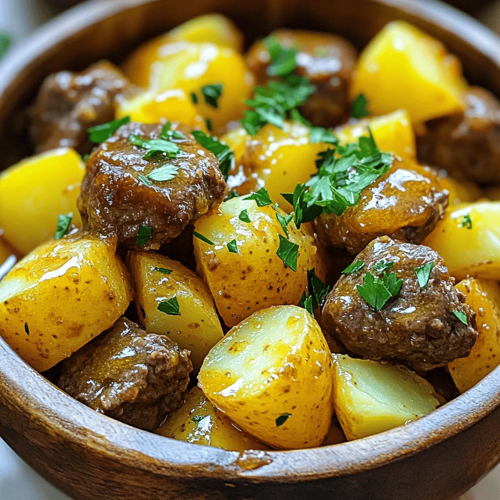 - 1.5 lbs beef stew meat - 4 medium russet potatoes - 1/2 cup unsalted butter - 4 cloves garlic - 1 tablespoon Worcestershire sauce - 2 teaspoons paprika - 1 teaspoon dried thyme - 1 teaspoon onion powder - Salt and pepper - Fresh parsley (for garnish) Gathering the right ingredients is key for this dish. First, you need 1.5 lbs of beef stew meat. Cut it into bite-sized pieces for even cooking. Next, use 4 medium russet potatoes, diced into small cubes. This will add heartiness to the meal. You’ll also need 1/2 cup of unsalted butter. Melt it to enhance the flavor. Then, add 4 cloves of minced garlic. Garlic brings a wonderful aroma and taste. For extra depth, include 1 tablespoon of Worcestershire sauce. Next come the spices. Use 2 teaspoons of paprika to add warmth. Then, add 1 teaspoon of dried thyme and 1 teaspoon of onion powder for extra flavor. Finally, season with salt and pepper to taste. A sprinkle of fresh parsley at the end will brighten your dish and make it look beautiful. This selection of ingredients creates a comforting and rich dish that’s perfect for any occasion. First, we need to create the marinade. In a bowl, combine these ingredients: - 1/2 cup unsalted butter, melted - 4 cloves garlic, minced - 1 tablespoon Worcestershire sauce - 2 teaspoons paprika - 1 teaspoon dried thyme - 1 teaspoon onion powder - Salt and pepper to taste Mix all these well. The butter and garlic will give the beef a rich flavor. Marinating is key. Let it sit for at least 1 hour. Overnight works best for deep taste. Now, let’s get to the slow cooker. First, evenly place the diced potatoes at the bottom. This way, they soak up all the juices. Next, add the marinated beef on top of the potatoes. Pour any extra marinade over the beef and potatoes. This adds more flavor to the dish. Set your slow cooker to low or high. Cooking on low takes about 6-7 hours. If you choose high, it will take about 4 hours. The beef should be tender, and the potatoes should be soft. When done, gently stir the mixture. This helps mix all the lovely flavors before serving. To make your garlic butter beef bites even tastier, try adding spices. Consider using crushed red pepper for some heat. You can also add rosemary or bay leaves for a fresh touch. These spices will bring out the beef's flavor and add depth. Marinating is key for great taste. Aim to marinate the beef for at least one hour. However, for the best flavor, let it sit overnight in the fridge. This allows the meat to soak in the marinade fully. Garnishing makes your dish look appealing. After cooking, sprinkle fresh parsley on top. This adds a bright color and fresh taste. You can also drizzle some of the garlic butter sauce from the slow cooker over the dish. When serving, use deep bowls to showcase the beef and potatoes. This helps keep the meal warm and makes it more inviting. One common mistake is overcrowding the slow cooker. If the cooker is too full, the beef and potatoes won’t cook evenly. Make sure there is enough space for steam to circulate. Another mistake is not marinating long enough. Skipping this step can lead to bland beef. Always plan ahead and allow time for the flavors to develop. {{image_2}} You can switch up the vegetables in this dish. Instead of russet potatoes, try using: - Sweet potatoes - Carrots - Parsnips These root veggies add new flavors and textures. You can also add greens for extra nutrition. Consider adding: - Spinach - Kale - Green beans These will brighten the dish and boost its health benefits. While beef stew meat works well, you have other options. You can use: - Chuck roast - Brisket - Pork shoulder Each cut has unique flavors. Adjust the cooking times based on the meat you choose. For tougher cuts, keep cooking on low for 8 hours. For tender cuts, 4 to 5 hours on high may be enough. Want to change up the flavor? You can add different herbs. Try these: - Rosemary - Oregano - Basil You can also adjust spices to fit your taste. If you like heat, add cayenne pepper or red pepper flakes. For a milder flavor, reduce the paprika. Experiment until you find the perfect mix for you. To store your leftovers, wait for the beef bites and potatoes to cool. Place them in an airtight container. This helps keep the flavors fresh. You can store them in the fridge for up to 3 days. When reheating, use a microwave or stovetop. Heat gently to avoid drying out the meat. For long-term storage, you can freeze the beef bites and potatoes. Transfer them into a freezer-safe bag or container. Remove as much air as possible to prevent freezer burn. They can last for up to 3 months in the freezer. When you're ready to eat, thaw in the fridge overnight. Reheat on the stove or microwave until heated through. In the fridge, you can keep the dish for about 3 days. After that, the texture and taste may change. Look out for any off smells or discoloration. These signs mean it’s best to toss the leftovers. Always trust your senses when it comes to food safety. Yes, you can use frozen beef. Just remember to thaw it first. This helps the beef absorb the marinade better. You can leave it in the fridge overnight or use the microwave. Once thawed, follow the marinade steps as usual. The beef is done when it's tender. You should be able to cut it easily with a fork. If you cook it on low, aim for 6-7 hours. If on high, check after 4 hours. Always check the internal temperature too; it should reach 145°F for safety. Yes, you can easily scale this recipe. Just double the meat and potatoes if you need more. Make sure your slow cooker can handle the extra amount. Adjust the seasoning and marinade as well to keep the flavor strong. This dish pairs well with a fresh salad or steamed veggies. You can also serve it with crusty bread. Rice or mashed potatoes are great too, soaking up that yummy garlic butter sauce. Yes, you can cook this on the stovetop. Use a large pot and brown the beef first. After that, add the potatoes and marinade. Cover and simmer on low heat for about 1.5 to 2 hours. Stir occasionally until everything is tender. In this post, we covered a simple recipe for Slow Cooker Garlic Butter Beef Bites and Potatoes. We talked about the key ingredients, the steps to prepare and cook, and helpful tips for flavor. You can also explore variations and storage tips to make the most of your meal. Cooking can be easy and fun. With this guide, you can create a delicious dish that your family will love. Enjoy the cooking process, and share your results!