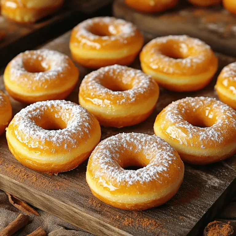 - 1 cup all-purpose flour - 1/2 cup granulated sugar - 1/2 teaspoon baking powder - 1/4 teaspoon baking soda - 1 teaspoon ground cinnamon - 1/2 teaspoon ground nutmeg - 1/4 teaspoon ground ginger - 1/4 teaspoon salt - 1/2 cup canned pumpkin puree - 2 large eggs - 1/4 cup milk - 1/4 cup vegetable oil - 1 teaspoon vanilla extract - Powdered sugar for dusting (optional) To make pumpkin spice baked donuts, you need a simple list of ingredients. Each one plays a key role. The flour gives structure, while sugar adds sweetness. Baking powder and baking soda help them rise. Spices like cinnamon, nutmeg, and ginger create that warm, cozy flavor we love. Canned pumpkin puree is the star of the show. It makes the donuts moist and flavorful. Eggs add richness, and milk helps blend everything. Vegetable oil keeps them tender, while vanilla extract brings out the sweetness. If you like a little extra, powdered sugar can add a nice touch on top. Gather these ingredients, and you’ll be ready to bake a tasty treat that fills your kitchen with the smell of fall. 1. Preheat your oven to 350°F (175°C). 2. Grease your donut pan or use a silicone mold. 3. In a large bowl, mix these dry ingredients: - 1 cup all-purpose flour - 1/2 cup granulated sugar - 1/2 teaspoon baking powder - 1/4 teaspoon baking soda - 1 teaspoon ground cinnamon - 1/2 teaspoon ground nutmeg - 1/4 teaspoon ground ginger - 1/4 teaspoon salt 4. In a separate bowl, combine these wet ingredients: - 1/2 cup canned pumpkin puree - 2 large eggs - 1/4 cup milk - 1/4 cup vegetable oil - 1 teaspoon vanilla extract 1. Pour the wet mixture into the bowl with dry ingredients. 2. Gently stir until just combined. 3. Avoid over-mixing to keep donuts light. 1. Use a piping bag or a zip-top bag with a snipped corner. 2. Fill the donut pan about two-thirds full. 3. Bake for 12 to 15 minutes. 4. Check if they are done with a toothpick. 5. If it comes out clean, they are ready! When you make pumpkin spice baked donuts, avoid over-mixing the batter. This keeps your donuts light and fluffy. Mix just until you see no dry flour. If you mix too much, your donuts may turn out dense. Using a piping bag helps when filling the donut pan. It keeps things neat and makes sure each donut is the same size. You can also use a zip-top bag with a corner cut off. This method is easy and keeps the batter from spilling. Once your donuts cool, think about adding toppings. A light dusting of powdered sugar gives them a sweet touch. You can also try a drizzle of maple glaze for extra flavor. Fresh whipped cream or cream cheese frosting pairs well too. For drinks, a warm cup of coffee works great. You can also enjoy them with chai tea or hot apple cider. These drinks enhance the warm spices in the donuts. If your donuts are too dry, try adding a bit more milk next time. This helps keep them moist. You can also reduce the baking time slightly. If the donuts are undercooked, bake them a bit longer. Check for doneness with a toothpick. If it comes out clean, they are ready. Always keep an eye on the time while they bake. {{image_2}} You can change the taste of your pumpkin spice baked donuts in fun ways. Adding chocolate chips gives a sweet twist. You can use semi-sweet or dark chocolate for a tasty surprise. Nuts like walnuts or pecans add crunch and flavor. Just fold them into your batter before baking. Try experimenting with spices too. Cinnamon is a must, but ginger and nutmeg bring warmth. You can add a bit of cloves for a spicy kick. Each spice adds its own charm, making your donuts unique. Glazes can transform your donuts from good to great. A maple glaze gives a sweet and rich flavor. Mix powdered sugar with maple syrup for a simple glaze. Drizzle it over warm donuts for the best taste. You can also choose between sugared and glazed. Sugared donuts are rolled in sugar after baking. Glazed donuts have a shiny topping that adds sweetness. Both options are delicious, so pick your favorite! If you have dietary needs, I have good news! You can make these donuts dairy-free. Use almond milk or oat milk instead of regular milk. For eggs, try using flax eggs or applesauce. Going gluten-free is easy too. Substitute all-purpose flour with almond flour or a gluten-free blend. These swaps keep the donuts tasty and light. Always check your ingredients for safe options. Now, everyone can enjoy these yummy treats! To keep your pumpkin spice baked donuts fresh, store them in an airtight container. This will help maintain their soft texture and flavor. If you plan to eat them within a few days, keep them at room temperature. For longer storage, refrigerate them. However, refrigeration can dry them out. Freezing is a great option if you want to keep them longer. Wrap each donut in plastic wrap, then place them in a freezer bag. They can last up to three months in the freezer. Just make sure to label the bag with the date. To reheat your donuts, the best method is to use a microwave. Heat them for about 10-15 seconds. This will warm them up without making them tough. If you prefer a crispier texture, try the oven. Preheat the oven to 350°F (175°C) and place the donuts on a baking sheet for about 5 minutes. Always check the donuts to ensure they are heated through. This way, you keep that delightful flavor and texture. Pumpkin spice baked donuts can stay fresh for up to 3 days at room temperature. If refrigerated, they last about a week. When frozen, they can maintain quality for three months. Watch for signs of spoilage. If the donuts have an off smell, or if you see mold, toss them out. Enjoy them while they are fresh for the best taste. To make pumpkin spice baked donuts, follow these steps: 1. Preheat your oven to 350°F (175°C). Grease your donut pan. 2. In a large bowl, mix flour, sugar, baking powder, baking soda, spices, and salt. 3. In another bowl, combine pumpkin puree, eggs, milk, oil, and vanilla until smooth. 4. Pour the wet mix into the dry mix. Stir gently to combine. 5. Fill each donut mold about two-thirds full with the batter. 6. Bake for 12-15 minutes. Check with a toothpick for doneness. 7. Cool in the pan for 5 minutes, then move to a wire rack. 8. Optionally, dust with powdered sugar for sweetness. Yes, you can use fresh pumpkin. To make fresh pumpkin puree: - Choose sugar pumpkins. They are sweeter and less watery. - Cut the pumpkin in half and scoop out the seeds. - Roast the halves face down on a baking sheet until soft. - Cool, then scoop out the flesh and blend until smooth. This puree can replace canned pumpkin in the recipe. Baked donuts stay fresh for about 3 days at room temperature. To store: - Place them in an airtight container. - You can refrigerate them for up to 5 days. - To extend freshness, freeze them for up to 3 months. Yes, you can bake without a donut pan. Here are some options: - Use a muffin tin. Fill each cup halfway with batter. - Shape the batter into rounds on a baking sheet. - Use silicone molds for easy removal. Adjust baking times as needed. Pumpkin spice baked donuts have some health benefits: - They contain pumpkin, which is high in fiber and vitamins. - Using less oil and sugar makes them a lighter treat. - They are baked, not fried, reducing extra fat. However, enjoy them in moderation as a treat. In this post, we explored how to make delicious pumpkin spice donuts. We covered the ingredients, step-by-step baking instructions, and tips for the best results. We also shared storage info, flavor variations, and common FAQs. Pumpkin spice donuts are easy to make and fun to enjoy. With a few simple steps, you can create a tasty treat for any occasion. Happy baking!