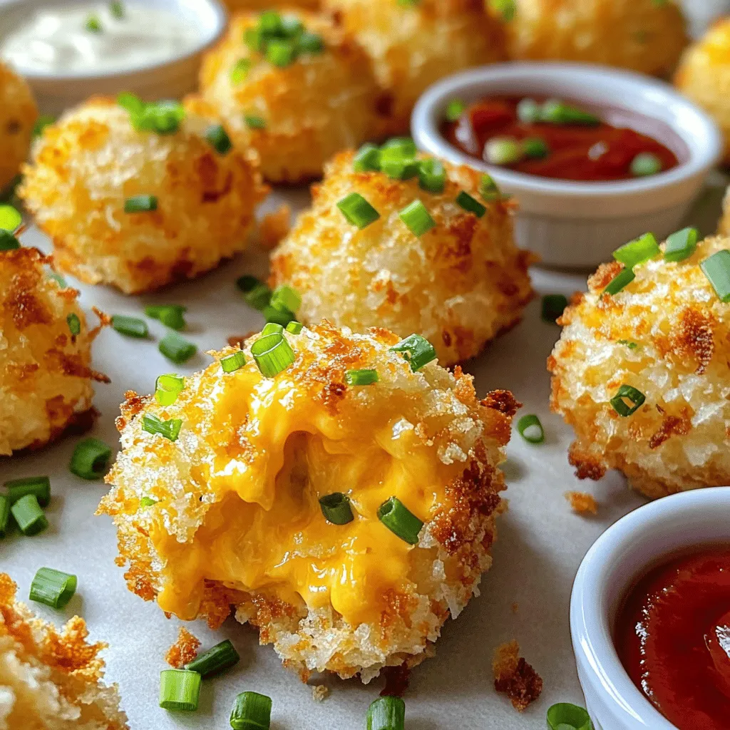 To make Crispy Cheesy Loaded Hashbrown Bites, gather these ingredients: - 2 cups frozen hashbrowns, thawed - 1 cup shredded sharp cheddar cheese - 1/2 cup cream cheese, softened - 1/4 cup sour cream - 1/4 cup green onions, finely chopped - 1/4 cup cooked bacon bits (optional) - 1 teaspoon garlic powder - 1 teaspoon onion powder - Salt and pepper to taste - 1 cup seasoned breadcrumbs - Oil for frying These ingredients come together to create a tasty, cheesy snack. You can adjust some ingredients if needed. Here are a few easy swaps: - Use mozzarella cheese instead of sharp cheddar for a milder flavor. - Greek yogurt can replace sour cream for a healthier option. - If you don’t have green onions, try finely chopped chives. - For a vegetarian option, skip the bacon bits. These substitutions keep the dish delicious while catering to different tastes or dietary needs. These hashbrown bites pair well with various dips and sides. Here are some great options: - Ranch dressing for a classic flavor. - Spicy ketchup for a kick. - A creamy avocado dip for freshness. - Serve with a side salad for a complete meal. These accompaniments enhance the taste and make for a fun snack or appetizer. Start by gathering your ingredients. In a large mixing bowl, combine the thawed hashbrowns, shredded sharp cheddar cheese, softened cream cheese, and sour cream. Next, add the finely chopped green onions and cooked bacon bits if you choose to use them. Sprinkle in garlic powder, onion powder, salt, and pepper. Mix everything well until all parts blend smoothly. This mixture is the heart of your crispy cheesy loaded hashbrown bites. Once your mixture is ready, it’s time to shape the bites. Take a tablespoon of the mixture and roll it into a small ball, about one inch in diameter. Make sure each ball feels firm. Repeat this step until you finish shaping all the mixture into bites. This part is fun and lets you get creative! Now, let's cook those delicious bites. First, pour seasoned breadcrumbs into a shallow dish. Roll each hashbrown ball in the breadcrumbs, making sure they are fully coated. Gently press to help the crumbs stick. In a large skillet, heat oil over medium heat until it reaches about 350°F. Fry the hashbrown bites in batches, cooking for about three to four minutes on each side. Watch them turn golden brown and crispy. When done, transfer them to a paper towel-lined plate to soak up extra oil. Enjoy them warm with your favorite dipping sauce! To get that ideal crunch, use enough oil in your skillet. The oil should be about an inch deep. Make sure the oil is hot before adding the bites. If it's not hot enough, they can soak up too much oil. Fry in small batches to avoid crowding. This helps each bite get crispy. After frying, place them on a paper towel to remove extra oil. One common mistake is not thawing the hashbrowns fully. If they are still frozen, your bites won’t hold together well. Another mistake is skipping the breadcrumbs. They add that much-needed crunch! Lastly, don't rush the frying. Cooking too quickly can lead to burnt outsides and raw insides. Make sure to fry them for about 3-4 minutes on each side. For added flavor, try mixing in different cheeses. Pepper jack gives a nice kick. You can also add herbs like parsley or dill for freshness. If you love spices, a pinch of cayenne pepper can add heat. Consider serving with dipping sauces like ranch or spicy ketchup. They will enhance the overall taste and make your bites even better! {{image_2}} You can make these hashbrown bites without meat. Simply leave out the bacon bits. For a tasty twist, add more veggies like bell peppers or mushrooms. They bring color and flavor to each bite. You can also use a different cheese, like mozzarella or pepper jack, to change the taste. Want some heat? Add chopped jalapeños to the mixture. This brings a nice kick that pairs well with the creamy cheese. You can also sprinkle in some cayenne pepper or chili powder for extra spice. Serve with a spicy dipping sauce for a fiery treat. Get creative with your mix-ins! Try adding some herbs like parsley or cilantro for freshness. A few teaspoons of ranch seasoning can give a tangy taste. You can also mix in some diced sun-dried tomatoes for a burst of flavor. These additions will make your hashbrown bites even more delicious! To keep your leftover hashbrown bites fresh, store them in an airtight container. Place a paper towel inside to absorb moisture. This helps maintain crispness. Keep the container in the fridge for up to three days. If you want to save them longer, freezing is the best option. When reheating, avoid the microwave. It can make the bites soggy. Instead, use an oven or skillet. Preheat your oven to 375°F (190°C). Place the bites on a baking sheet and heat for about 10-15 minutes. If using a skillet, add a little oil and heat on medium until crispy again. To freeze, place the shaped but uncooked hashbrown bites on a baking sheet. Freeze them for about one hour until firm. Then, transfer them to a freezer bag. Seal tightly, removing as much air as possible. They can last up to three months in the freezer. When ready to cook, fry them directly from frozen. Just add a few extra minutes to the cooking time. You can tell the hashbrown bites are done when they turn golden brown. Fry them for about 3-4 minutes on each side. Use a slotted spoon to check if they are crispy. If they are, they are ready to eat! Yes, you can make these bites ahead of time. You can prepare the mixture and shape the bites. Then, cover them and refrigerate for up to 24 hours. When you are ready to cook them, just roll in breadcrumbs and fry. Many dipping sauces taste great with these bites. I love ranch dressing for a creamy touch. Spicy ketchup adds a kick. You can also try honey mustard or a garlic aioli for more flavor options. This blog post covered the key ingredients needed for hashbrown bites and how to prepare them. You learned how to shape, cook, and store the bites. I shared tips for crispiness and flavor enhancements. We explored variations for different diets and spice levels. These bites are versatile and easy to make. With practice, you can avoid common mistakes and create a tasty snack. Enjoy experimenting with ingredients and flavors. Happy cooking!