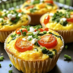 - 8 large egg whites - 1 cup fresh spinach, chopped - 1/2 cup cherry tomatoes, halved - 1/4 cup bell pepper, finely chopped (any color) - 1/4 cup low-fat feta cheese, crumbled - 1/4 teaspoon garlic powder - 1/4 teaspoon onion powder - Salt and pepper to taste - Cooking spray or olive oil for greasing These high protein egg white muffins are a great choice for healthy eating. Each muffin has about 70 calories. They provide around 10 grams of protein. The muffins are low in fat, thanks to the egg whites and veggies. Each muffin offers vitamins and minerals. Spinach brings iron and vitamins A and C. Feta cheese adds flavor without too many calories. This dish is perfect for anyone looking to eat cleaner. To make these muffins, you need a few tools. A good muffin tin is essential. I suggest a non-stick muffin pan to prevent sticking. You can also use silicone muffin cups for easy removal. For mixing, have a large bowl and a whisk handy. If you want to add more flavor, consider using fresh herbs. Chives or parsley work well. For cooking spray, choose a healthy option, like olive oil spray. Start by preheating your oven to 350°F (175°C). This will help the muffins cook evenly. Next, take your muffin tin and lightly grease it with cooking spray or olive oil. This step is key to prevent the muffins from sticking. In a large mixing bowl, whisk the egg whites until they look slightly frothy. This makes your muffins light and fluffy. Then, add in the chopped spinach, halved cherry tomatoes, finely chopped bell pepper, crumbled feta cheese, garlic powder, onion powder, salt, and pepper. Mix everything together well to ensure the flavors blend. Now it's time to pour the egg white mixture into the prepared muffin tin. Fill each cup about 3/4 full. This will give your muffins enough room to rise without spilling over. Place the muffin tin in the oven and bake for 18 to 20 minutes. Keep an eye on them; you want them to be set and lightly golden on top. When the time is up, carefully take the muffin tin out of the oven. Allow the muffins to cool in the pan for a few minutes. This makes them easier to remove. Use a knife to gently run around the edges to loosen the muffins. Then, carefully take them out of the tin and place them on a wire rack. Let them cool for a few more minutes before serving. For a nice touch, serve the muffins warm on a platter. You can garnish them with fresh herbs like parsley or chives for added color. These muffins are perfect for a quick breakfast or a high-protein snack throughout the week. Enjoy! Whipping egg whites is key for fluffy muffins. Start with a clean bowl. Any grease will stop them from whipping well. Use an electric mixer for best results. Whip until soft peaks form. This means the whites should hold a shape but still be soft. Over-whipping can cause them to dry out. If you see stiff peaks, stop right away. You can boost the taste of your muffins easily. Add spices like paprika or chili powder for a kick. Fresh herbs like parsley or basil add great flavor too. Try mixing in other vegetables like zucchini or mushrooms. You can also swap feta cheese for cheddar or goat cheese. These changes can make each batch unique. One mistake is overfilling the muffin tin. Fill each cup only 3/4 full. This gives the muffins room to rise. Another mistake is not greasing the tin enough. Use cooking spray or olive oil to prevent sticking. Also, avoid opening the oven door too soon. This can cause the muffins to sink. Keep an eye on the baking time to get the perfect golden color. {{image_2}} You can make your egg white muffins unique by adding vegetables. Here are some tasty options: - Zucchini: Grate it for moisture and crunch. - Mushrooms: Sautéed mushrooms add a rich flavor. - Broccoli: Finely chop it for a healthy boost. - Kale: Use it instead of spinach for a different taste. Feel free to mix and match these veggies. Each one brings its own flavor and nutrition. Want to up your protein game? Try these ideas: - Cooked chicken: Shred or dice it and mix in. - Turkey bacon: Chop it up for a smoky flavor. - Tofu: Crumble it for a plant-based option. - Protein powder: Stir in a scoop for extra protein. These options help you customize your muffins while keeping them high in protein. Cheese adds creaminess and flavor. You can switch it up with these choices: - Cheddar: Sharp cheddar gives a bold taste. - Mozzarella: Use low-fat mozzarella for a milder flavor. - Goat cheese: It adds a tangy twist to your muffins. Each cheese brings a different vibe. Mix and match to find your favorite! To keep your high protein egg white muffins fresh, store them in an airtight container. Place a paper towel inside to absorb moisture. This helps maintain their texture and flavor. You can store them in the fridge for up to a week. If you want to keep them longer, consider freezing. To reheat your muffins, simply place them in the microwave. Heat on medium power for about 30 seconds. Check if they are warm enough. If not, heat in 10-second bursts until they reach your desired temperature. You can also reheat them in the oven at 350°F for about 10 minutes for a crispier texture. These muffins last about seven days in the fridge. For longer storage, freeze them right after baking. Wrap each muffin in plastic wrap or foil. Place them in a freezer-safe bag. They can last up to three months in the freezer. When you’re ready to eat, thaw them overnight in the fridge before reheating. Enjoy your tasty, protein-packed bites anytime! To make these muffins dairy-free, simply leave out the feta cheese. You can replace it with a dairy-free cheese alternative or add more veggies for flavor. Nutritional yeast also adds a cheesy taste without dairy. Yes, you can use whole eggs instead of egg whites. This will give you a richer taste and more calories. Each whole egg adds fat and cholesterol, so keep that in mind if you watch those. Egg white muffins are low in calories and high in protein. They help build muscle and keep you full longer. The veggies add fiber and vitamins, making these muffins a healthy snack or breakfast choice. Plus, they are quick to prepare and perfect for meal prep! You learned about the key ingredients and their nutrition. We covered step-by-step baking and cooling tips. I shared valuable tricks for whipping egg whites and ways to enhance flavors. You explored variations with vegetables, proteins, and cheeses. Lastly, we discussed proper storage for freshness and reheating. Egg white muffins are tasty and versatile. With these tips, you can create your own perfect batch. Enjoy experimenting with flavors and ingredients! Happy baking!