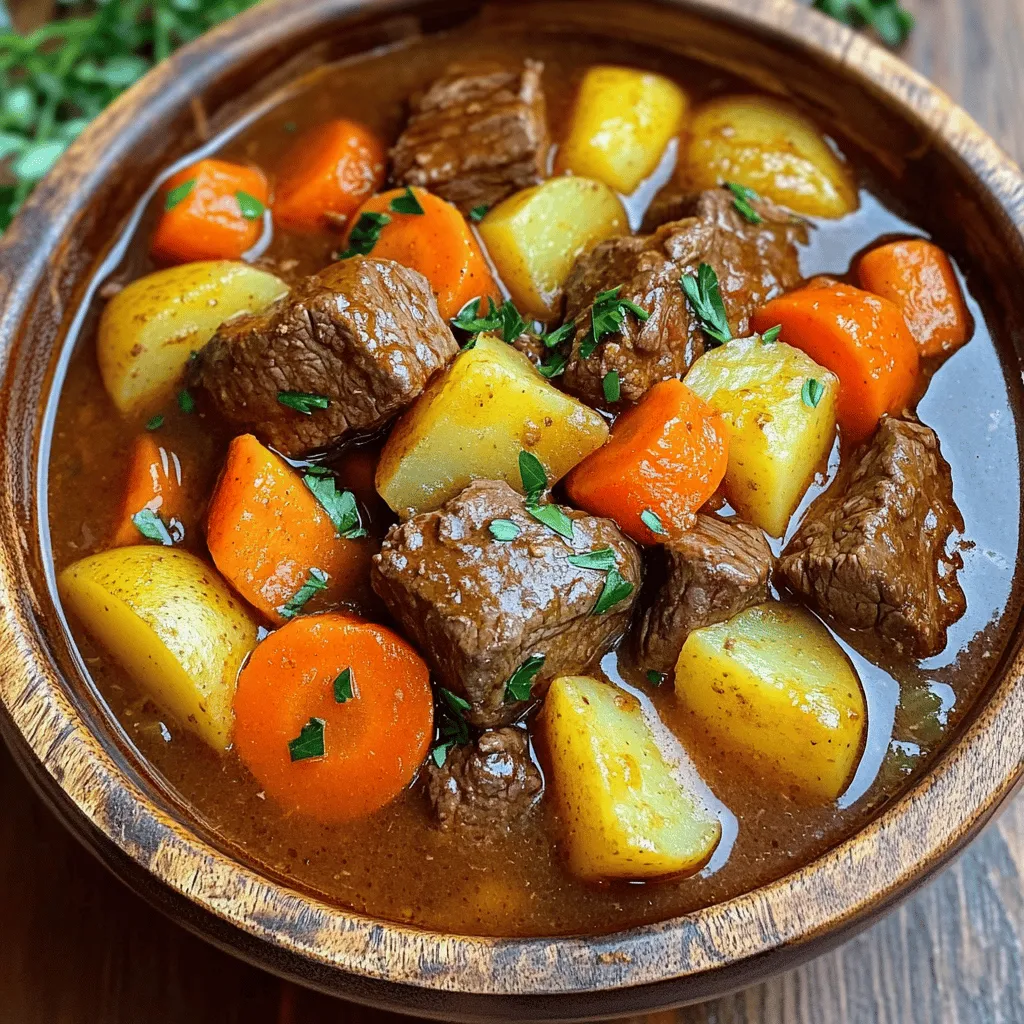 - 2 lbs beef chuck, cut into 1-inch cubes - 4 medium carrots, sliced - 3 medium potatoes, diced - 1 large onion, chopped - 3 cloves garlic, minced You need beef chuck for a hearty base. It gets tender and flavorful as it cooks. Next, add carrots for a sweet crunch. Potatoes give the stew body and soak up the broth. Onion and garlic build a rich flavor foundation. - 2 cups beef broth - 1 cup diced tomatoes (canned or fresh) - 2 tablespoons tomato paste - 1 tablespoon Worcestershire sauce Beef broth adds depth to the stew. Use diced tomatoes for a touch of acidity. Tomato paste thickens the stew and deepens the taste. Worcestershire sauce brings a savory element that ties it all together. - 1 teaspoon dried thyme - 1 teaspoon smoked paprika - Salt and pepper to taste - 2 tablespoons fresh parsley, chopped (for garnish) Herbs and spices make the stew pop. Dried thyme adds an earthy note. Smoked paprika gives a hint of warmth. Season with salt and pepper to bring out all the flavors. Finally, fresh parsley adds a bright touch when serving. First, set your Instant Pot to “Sauté” mode. Add two tablespoons of vegetable oil. Wait until the oil is hot. Then, add the beef cubes. Brown them on all sides for about 5-7 minutes. This step adds great flavor. Once browned, remove the beef and set it aside. In the same pot, add the chopped onion and minced garlic. Sauté them for 2-3 minutes until they soften. Then, stir in the tomato paste and cook for one more minute. Next, add the diced tomatoes, beef broth, Worcestershire sauce, dried thyme, and smoked paprika. Return the browned beef to the pot. Season it all with salt and pepper. Now, layer the sliced carrots and diced potatoes on top. Do not stir; this keeps the veggies intact. Close the Instant Pot lid. Ensure the valve is set to Sealing. Select the “Pressure Cook” setting and set the timer for 35 minutes. Once the time is up, let it naturally release for 10 minutes. After that, switch the valve to Venting to release any remaining pressure. If you want a thicker stew, set it back to “Sauté” mode. Stir in the cornstarch mixture and cook for an extra 5 minutes. Adjust seasoning if needed. Finally, garnish with fresh parsley and serve hot. To get great flavor, start by browning the beef. Use the “Sauté” mode for this. Heat 2 tablespoons of vegetable oil in the pot. Add the beef cubes in batches. Brown them on all sides, about 5-7 minutes. This adds depth to the stew. Seasoning is also key. Use salt and pepper early in the cooking process. Add dried thyme and smoked paprika for warmth and aroma. The combination of these spices truly enhances the dish. Cleaning the Instant Pot can be easy. First, unplug the pot and let it cool. Remove the inner pot and wash it with warm soapy water. A soft sponge works best. For stubborn stains, soak it for a bit. The lid should be washed too. Remove the silicone ring and wash it separately. You can also wipe the outer part of the pot with a damp cloth. Make sure everything dries before storing. You can boost the stew's nutrition by adding more vegetables. Consider green beans, peas, or bell peppers. They add color and extra vitamins. If you want a low-carb option, substitute potatoes with cauliflower. This keeps the stew hearty while reducing carbs. You can also use lean cuts of beef or even chicken for a healthier twist. {{image_2}} You can switch out beef for chicken or pork. Chicken thighs work well in a stew. They stay juicy and tender. Use about 2 pounds of chicken, cut into chunks. Pork shoulder is another great choice. It has rich flavor and shreds easily. Just follow the same steps in the recipe. Adjust cooking time to 25 minutes for chicken. For pork, keep it at 35 minutes. Making a meatless version is easy and tasty. Use hearty vegetables like mushrooms and lentils. Replace beef with 2 cups of cooked lentils. Add more veggies, like zucchini and bell peppers. Use vegetable broth instead of beef broth. This change keeps the stew rich and filling. You can still use all the spices for flavor. Cook the stew just like the meat version, but for 20 minutes. You can add spices for a global twist. For a Moroccan flavor, try adding cumin and cinnamon. Toss in some chickpeas for extra protein. For a Mexican flair, use chili powder and corn. You can also add a splash of lime juice before serving. If you want an Italian touch, add oregano and fresh basil. These simple swaps make the stew fun and new. Enjoy creating your own unique flavors! You can store your Instant Pot beef stew in the fridge for up to 3 days. Make sure to let it cool first. Place it in an airtight container to keep it fresh. This helps lock in flavor and moisture. To freeze the stew, first let it cool completely. Then, pour it into freezer-safe bags or containers. Remove as much air as possible before sealing. Label the bags with the date. You can store it in the freezer for up to 3 months. When ready to eat, just thaw it in the fridge overnight. To reheat your stew, place it in a pot on low heat. Stir it often to prevent sticking. You can add a splash of beef broth if it seems thick. Another option is to use the microwave. Heat it in short bursts, stirring in between. This helps keep the flavor intact. Enjoy your warm, hearty meal! Yes, you can make Instant Pot Beef Stew in advance. I often prepare it a day ahead. This stew tastes even better after resting overnight. The flavors blend well, making each bite rich and savory. Store the stew in an airtight container in the fridge. It will stay fresh for about three days. When you are ready to eat, reheat it on the stove or in the microwave. If the stew thickens too much, add a bit of beef broth when you heat it. This keeps it tasty and warm. To make your Instant Pot Beef Stew thicker, you have a couple of options. One easy tip is to stir in a cornstarch mixture at the end. Mix two tablespoons of cornstarch with two tablespoons of water. After cooking, switch your Instant Pot back to "Sauté" mode. Stir in the cornstarch mix and cook for about five minutes. This will help thicken the stew nicely. If you want a more rustic approach, you can mash some of the potatoes right in the pot. This adds body and creaminess without needing extra ingredients. You have many great options to serve with your Instant Pot Beef Stew. Fresh bread is a classic choice. A nice crusty loaf is perfect for dipping. You can also pair it with a side salad for a lighter touch. A simple green salad with a vinaigrette works well. If you want to add more carbs, consider serving it with mashed potatoes or rice. Both absorb the stew's flavors and make your meal hearty. Enjoy your stew with these sides for a complete meal! This blog post covered everything you need to make a tasty Instant Pot beef stew. We looked at the main ingredients like beef, veggies, and broth. Then, I shared step-by-step instructions for cooking. You also learned tips for great flavor and quick cleanup. In the end, the stew can suit any taste with swaps for meat or added spices. Keep your stew fresh with smart storage methods. Try these ideas today for a warm, hearty meal that your loved ones will enjoy.