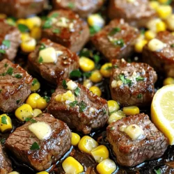 - 1 lb sirloin steak, cut into bite-sized cubes - 4 tablespoons unsalted butter - 1 cup corn kernels - 1 teaspoon paprika - 1 teaspoon salt - 1/2 teaspoon black pepper - Fresh parsley - Juice of 1/2 lemon Let’s explore the ingredients that make this dish shine. For the main event, we have 1 pound of sirloin steak. Cut it into bite-sized cubes for easy cooking and eating. This cut is tender and takes on flavor well. Next, we need 4 tablespoons of unsalted butter. This adds richness and a wonderful garlic flavor when cooked. Butter helps the steak and corn develop a nice, golden crust. The last main ingredient is 1 cup of corn kernels. You can use fresh or frozen corn. Both options work great and add a sweet crunch to the dish. For the spices, we have 1 teaspoon of paprika, 1 teaspoon of salt, and 1/2 teaspoon of black pepper. These spices build flavor and enhance the natural taste of the steak and corn. Lastly, for garnish, we grab some fresh parsley and the juice of half a lemon. The parsley adds a pop of color and freshness, while the lemon juice brightens the flavors. These ingredients come together to create a dish that is simple yet full of flavor. Each one plays a role in making the steak bites and corn delightful. First, you need to pat the steak cubes dry. I like using paper towels for this. Removing moisture helps the meat sear better. Next, season the steak with spices. Use paprika, salt, and black pepper. This gives the steak a nice flavor. Make sure every piece is coated well. Now, let's cook the steak bites. In a large skillet, melt two tablespoons of butter over medium-high heat. Wait until the butter is foamy. This shows that it’s hot enough. Add the steak cubes to the skillet in a single layer. If you have a lot of steak, cook it in batches. Sear each side for about two to three minutes. You want them browned and juicy. Once done, take the steak out and set it aside. It's time to sauté the corn. In the same skillet, add the rest of the butter. Wait until it melts. After that, add the corn kernels. Cook them for three to four minutes until they are heated through. You want them to be slightly charred for extra flavor. Then, add the minced garlic to the corn. Sauté for another minute until it smells amazing. Finally, drizzle lemon juice over the mixture. Toss everything together gently to combine. To get the perfect steak bites, start by patting the cubes dry. This helps them brown nicely. Season them well with paprika, salt, and pepper. Use high heat when cooking. High heat locks in flavor and gives a nice crust. Sear the steak for about 2-3 minutes on each side. This time gives you a juicy center. If you want them medium-rare, take them out when they are browned but still pink inside. To make the corn even better, think about adding spices. A dash of chili powder can bring some heat. If you love smoky flavors, try adding smoked paprika for a twist. To achieve a nice char, cook the corn on high heat. Stir it only a few times so it can brown. This adds a great texture and flavor. Adding garlic at the end boosts the taste even more. For a great presentation, serve the steak bites and corn in a large bowl. Garnish with fresh parsley for color. You can also add lemon wedges on the side to squeeze over the dish. This gives a burst of freshness. Pair this meal with a simple salad or some crusty bread. A crisp white wine also complements the rich butter and garlic nicely. {{image_2}} You can use different cuts of meat for this dish. Ribeye has more fat, which makes it juicy. Tenderloin is leaner but very tender. Both work well in this recipe. Choose what you like best or what you have on hand. Each cut will give the dish a unique taste. You can swap out the corn for other veggies. Bell peppers add a nice crunch and color. Zucchini is also a great choice. It cooks quickly and soaks up flavors well. Experiment with your favorite veggies to mix things up. Want to boost the flavor? Try adding cheese. A sprinkle of Parmesan or crumbled feta can make it richer. You can also use different herbs, like thyme or rosemary. These will add fresh notes to your dish. Get creative and find what you love! Store your leftovers in an airtight container. This keeps them fresh and tasty. Let the steak bites and corn cool down before sealing. They will last in the fridge for up to three days. To keep flavors strong, try to eat them sooner. To freeze steak bites and corn, use freezer-safe bags. Remove as much air as possible before sealing. You can freeze them for up to three months. For best results, freeze each item separately. This way, you can reheat just what you need later. When reheating, keep quality in mind. You can use a skillet over medium heat. Add a small pat of butter to help keep the steak juicy. Stir often until everything is heated through. You can also microwave them in a bowl with a splash of water. Cover it to keep steam in. This method works well, too, but may not give the same crispiness. Cooking steak bites takes about 6-8 minutes total. For medium-rare, sear each side for 2-3 minutes. For medium, aim for 3-4 minutes per side. Adjust your cooking time based on how you like your steak. Remember, the thicker the steak, the longer it takes. Yes, you can prep this dish in advance. Cook the steak bites and corn, then cool them down. Store in an airtight container in the fridge for up to two days. When ready to eat, simply reheat in a skillet over medium heat. Add a splash of water to keep it moist. Garlic butter steak bites pair well with many sides. Consider serving with creamy mashed potatoes or a fresh salad. Grilled vegetables, like zucchini or bell peppers, also make a great match. For drinks, a fruity red wine, like Merlot, complements the flavors nicely. This blog post covered how to make delicious garlic butter steak bites with corn. You learned about the main ingredients, spices, and garnishes needed. I shared steps for cooking the steak and corn, plus tips to enhance flavor. Variations let you use different meats and veggies. Lastly, I provided storage tips and FAQs. Try these easy recipes to impress your friends and family. Enjoy your cooking adventure!