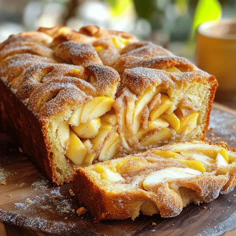 - 2 cups all-purpose flour - 1 tablespoon baking powder - 1 teaspoon cinnamon - ½ teaspoon nutmeg - ½ teaspoon salt - ¾ cup granulated sugar - 2 large eggs - ½ cup milk - ½ cup unsweetened applesauce - 1 teaspoon vanilla extract - 2 medium apples, peeled and diced - ½ cup brown sugar, packed - 1 tablespoon butter, melted - Extra cinnamon sugar for topping To make this cinnamon sugar apple fritter bread, you need simple ingredients. The base is flour, baking powder, and spices. I love using cinnamon and nutmeg for warmth. The apples give a sweet twist. Choose Granny Smith apples for a tart bite. You’ll need both granulated and brown sugar for depth. The eggs bring richness, while the milk and applesauce keep the bread moist. Don't forget the vanilla extract for aroma and flavor. When you mix it all, the bread becomes a warm hug in every slice. You can add a sprinkle of extra cinnamon sugar on top for a crunchy finish. This bread is not just food; it’s a cozy moment. - Preheat oven to 350°F (175°C). - Grease the loaf pan with butter or non-stick spray. Get your space ready first. Preheating the oven ensures even cooking. Greasing the pan helps the bread slide out easily once baked. - Whisk together dry ingredients: flour, baking powder, cinnamon, nutmeg, and salt. - In another bowl, beat together wet ingredients: sugar, eggs, milk, applesauce, and vanilla extract. Mixing these ingredients in separate bowls is key. Dry and wet ingredients need to blend well later. This step sets the stage for a fluffy bread. - Gradually combine wet and dry ingredients. - Fold in diced apples and the swirled brown sugar mixture. Combine gently. Overmixing can make the bread tough. The diced apples add moisture and sweetness, while the brown sugar gives a lovely swirl. - Pour batter into the pan. - Sprinkle cinnamon sugar topping generously. - Bake until done and cool. Once in the pan, the topping adds a nice crunch. Bake for 45-50 minutes or until a toothpick comes out clean. Let it cool for about 10 minutes before moving to a wire rack. This helps the bread set perfectly. - Overmixing the batter: Mix just until combined. Overmixing makes the bread tough. - Not prepping the pan properly: Grease the pan well. This prevents sticking and helps with easy removal. - Using different apple varieties: Try Honeycrisp for sweetness or Fuji for a crunch. Each type adds unique flavor. - Adding nuts or raisins: Chopped walnuts or raisins bring extra texture and taste. They make each bite more interesting. - Serving warm or at room temperature: Either way, the bread tastes great. Warm bread is cozy, while room temperature is easy for serving. - Pairing with vanilla ice cream: A scoop of ice cream adds creaminess. It contrasts well with the warm bread and sweet cinnamon. {{image_2}} You can make your cinnamon sugar apple fritter bread even more fun. One easy way is to add lemon zest. This brightens the flavor and makes it fresh. Just a teaspoon will do. It adds a nice twist without being too strong. You can also try incorporating other spices. Nutmeg is a great choice and works well with apples. You might also consider ginger or cardamom. Each spice brings its own note and changes the taste. Mix and match to find your favorite blend. If you want a healthier version, start with whole wheat flour. This adds more fiber and a nutty taste. You can swap half the all-purpose flour for whole wheat flour. The bread will still be soft and tasty. Another option is to reduce the sugar content. You can cut the granulated sugar by a third without losing flavor. You can also use honey or maple syrup for natural sweetness. Your bread will be lighter but still delicious. Seasonal flavors can make your bread special. For fall, try a pumpkin spice variation. Add one cup of pumpkin puree and a teaspoon of pumpkin spice. This gives the bread a warm, cozy taste. For a festive touch, add cranberries. You can fold in a cup of fresh or dried cranberries. Their tartness pairs well with the sweet apples. It’s perfect for holiday gatherings and adds a pop of color. To keep your cinnamon sugar apple fritter bread fresh, store it in an airtight container. This helps keep in moisture and flavor. You can also wrap it tightly in plastic wrap. Place it at room temperature for up to three days. If you want to enjoy it longer, consider freezing it. To freeze leftovers, slice the bread first. Wrap each slice in plastic wrap, then place them in a freezer bag. This way, you can take out just what you need. The bread stays fresh for about three months in the freezer. When you’re ready to enjoy a slice, take it out and let it thaw at room temperature. You can also warm it in the microwave for a few seconds. Enjoy it warm for the best taste! Cinnamon sugar apple fritter bread lasts for about 3 to 4 days when stored properly. Keep it in an airtight container at room temperature. If you want it to last longer, you can store it in the fridge for up to a week. Just make sure to wrap it well to prevent it from drying out. Yes, you can use other apples! Granny Smith apples work best for their tartness. Honeycrisp apples add a nice sweetness, while Fuji apples give a crisp bite. Avoid using soft apples, as they may turn mushy when baked. You can serve this bread warm or at room temperature. It pairs well with a scoop of vanilla ice cream for dessert. You can also enjoy it with a cup of coffee or tea for a lovely breakfast treat. A drizzle of caramel sauce or a sprinkle of nuts can add an extra touch. Absolutely! You can use a gluten-free all-purpose flour blend. Look for blends that include xanthan gum for the best texture. Just ensure that all your other ingredients are also gluten-free. This way, everyone can enjoy this delicious bread! You now have everything needed to make delicious cinnamon sugar apple fritter bread. Start with our carefully chosen ingredients and follow the simple steps. Remember, avoid common mistakes like overmixing. Feel free to try different apple types or spices for unique flavor. Store leftovers properly to keep them fresh. This bread is perfect warm or paired with ice cream. Enjoy sharing this treat with family and friends. Your kitchen is ready for a sweet adventure!