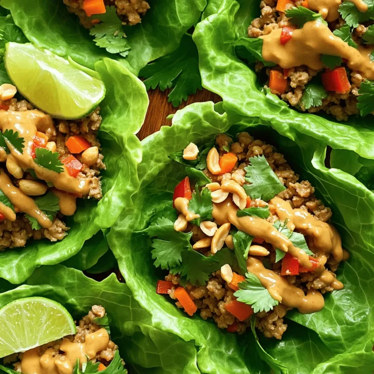 - 1 lb ground chicken - 1 tablespoon vegetable oil - 1 red bell pepper, diced - 1 carrot, grated - 3 green onions, sliced - 1/4 cup basil leaves, chopped - 1/4 cup cilantro leaves, chopped - 1/4 cup roasted peanuts, chopped (plus extra for garnish) The main part of this dish is ground chicken. It cooks fast and soaks up all the great flavors. The fresh vegetables add crunch and color. Diced red bell pepper gives sweetness and taste. Grated carrot adds even more crunch. Green onions give a nice bite. Chopped basil and cilantro bring in fresh herbs. Roasted peanuts add texture and a nutty flavor. - 2 tablespoons soy sauce - 2 tablespoons peanut butter - 1 tablespoon lime juice - 1 teaspoon minced garlic - 1/2 teaspoon ginger paste - Salt and pepper to taste This sauce is the heart of the recipe. Soy sauce gives a salty punch. Peanut butter makes it creamy and rich. Lime juice adds brightness and zing. Minced garlic brings bold flavor, while ginger paste adds warmth. A little salt and pepper balance everything out. - Substitutions for dietary restrictions - Additional toppings If you have dietary needs, you can easily swap some ingredients. Try ground turkey instead of chicken for a leaner option. For a nut-free version, skip the peanut butter and use sunflower seed butter. You can also add toppings like sliced avocado or shredded cabbage. These extras can make your wraps even better! Cooking ground chicken Start by heating vegetable oil in a large skillet over medium heat. Add 1 pound of ground chicken to the pan. Cook it for about 5 to 7 minutes. Stir it often until it turns brown and is fully cooked. You want the chicken to be nice and crumbly. Sautéing vegetables Next, chop up 1 red bell pepper and grate 1 carrot. Add these to the skillet with the chicken. Also, mince some garlic for extra flavor. Cook everything for 2 to 3 minutes. You want the veggies to soften a bit but still stay crunchy. Combining sauce ingredients In a small bowl, mix 2 tablespoons of soy sauce, 2 tablespoons of peanut butter, and 1 tablespoon of lime juice. Then, add 1 teaspoon of minced garlic, 1/2 teaspoon of ginger paste, and a pinch of salt and pepper. Stir until the mix is smooth and creamy. Cooking the sauce with chicken Pour this sauce over the chicken and vegetable mix in the skillet. Stir well to coat everything evenly. Let it simmer for 2 to 3 minutes. This helps the flavors blend together nicely. Placing filling in lettuce leaves Take a head of butter or iceberg lettuce and separate the leaves. Spoon a generous amount of the chicken mixture into each leaf. You want to fill them up without spilling over. Garnishing for presentation To make your wraps look great, sprinkle some chopped peanuts and fresh herbs like basil and cilantro on top. You can also add lime wedges on the side. They add a nice touch and a zesty flavor. To ensure your chicken is fully cooked, use a meat thermometer. Cook it to an internal temperature of 165°F. This keeps the chicken safe to eat and juicy. Ground chicken cooks quickly. Stir it often to prevent sticking and burning. For the best vegetables, use fresh and crisp options. Red bell peppers add sweetness and color. Grated carrots give a nice crunch. Green onions add a mild onion flavor. You can also add bean sprouts or cucumbers for extra freshness. To adjust the spiciness, add more ginger or chili paste. Start with a small amount, then taste and adjust. If you want less heat, use less ginger or skip the chili altogether. For extra crunch, sprinkle more chopped peanuts on top. You can also add crispy fried onions or water chestnuts for texture. These toppings enhance the dish and make it more fun to eat. For plating, arrange the filled lettuce wraps on a large platter. Sprinkle extra chopped peanuts and fresh herbs on top. This makes the dish look inviting and colorful. Serve with lime wedges on the side. The lime adds a fresh zing when squeezed over the wraps. You can also offer dipping sauces for added flavor. This allows guests to customize their wraps how they like. {{image_2}} You can make this dish fit your diet easily. For gluten-free options, use tamari instead of soy sauce. Tamari gives you that same salty flavor without gluten. If you want a vegetarian alternative, swap the ground chicken for crumbled tofu or tempeh. Both options absorb the sauce well and add protein. You can mix it up with different sauces. Try adding sweet chili sauce for a spicy kick. You can also use hoisin sauce for a sweeter taste. Switching meat options is easy, too. Ground turkey or beef works well in this recipe and gives a unique flavor. Wraps are fun, but bowls are great too. For a bowl, add rice or quinoa as a base. Then, top it with the chicken mixture and fresh herbs. You can also choose side dishes to pair. Cucumber salad or spring rolls make tasty sides. These choices add variety and keep the meal interesting. To keep your Thai Peanut Chicken Lettuce Wraps fresh, store them properly. Place the wraps in an airtight container. You can keep them in the fridge for up to three days. If you want to save them for longer, you can freeze the chicken mixture. Just leave out the lettuce leaves. Store the filling in a freezer-safe bag for up to three months. When reheating the wraps, avoid the microwave if you can. Instead, use a skillet over low heat. This will keep the wraps crispy. Add a splash of water to the skillet. This helps steam the filling without drying it out. Always check that the chicken is hot all the way through. In the fridge, the Thai Peanut Chicken filling lasts about three days. After that, it may not taste fresh. Look for signs of spoilage. If the chicken has a strange smell or changes color, it’s time to toss it. Always trust your senses when it comes to food safety. Can I use frozen chicken? Yes, you can use frozen chicken. Thaw it first for even cooking. You can microwave it or leave it in the fridge overnight. Once thawed, cook it the same way as fresh chicken. How do I make it spicier? To add more heat, use fresh chili peppers. You can also add chili paste or hot sauce to the sauce mix. Start with a small amount and taste as you go. Can I use different types of lettuce? Yes, you can. Butter lettuce and iceberg are great choices. Romaine also works well. Use any lettuce that can hold the filling. What can I substitute for peanut butter? If you need a substitute, use almond butter or sunflower seed butter. You can also try tahini for a different flavor. Caloric content per serving Each serving has about 300 calories. This includes the chicken, veggies, and sauce. Nutritional benefits of ingredients - Ground chicken provides lean protein. - Bell peppers are rich in vitamins A and C. - Peanuts add healthy fats and protein. - Fresh herbs like basil and cilantro boost flavor and nutrients. In this post, we explored a tasty recipe featuring ground chicken, fresh veggies, and a mouth-watering sauce. You learned step-by-step instructions to make flavorful wraps while considering dietary needs. The tips provided can help enhance flavor and improve presentation. Wrapping up, remember that cooking is all about experimenting. Don’t hesitate to switch ingredients or try new flavors. Enjoy your cooking journey, and share these wraps with friends and family!