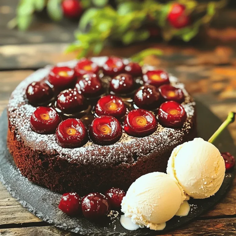 To make a Chocolate Cherry Upside-Down Cake, you need fresh and simple ingredients. Here’s what you will need: - 1 cup fresh cherries, pitted and halved - 1/2 cup unsweetened cocoa powder - 1/2 cup dark brown sugar - 1/2 cup granulated sugar - 1/2 cup unsalted butter, melted - 2 large eggs - 1 teaspoon vanilla extract - 1 cup all-purpose flour - 1 teaspoon baking powder - 1/2 teaspoon baking soda - 1/4 teaspoon salt - 1/2 cup buttermilk - 1/4 cup chocolate chips (optional for extra chocolatey goodness) These ingredients work together to create a rich and flavorful cake. The fresh cherries bring a sweet-tart taste that pairs well with the chocolate. The cocoa powder adds a deep flavor that makes every bite delightful. If you want an extra boost of chocolate, feel free to toss in those chocolate chips! Using unsalted butter helps control the saltiness in your cake. Fresh cherries are best, but frozen ones can work too. Just remember to thaw and drain them first. Each ingredient plays a key role in making this cake a treat everyone will love! 1. Preheat your oven to 350°F (175°C) and grease a 9-inch round cake pan. This helps the cake not stick. 2. In a small saucepan, melt 2 tablespoons of butter over medium heat. Add 1/2 cup of brown sugar and mix until smooth. Pour this into the bottom of the prepared cake pan. 3. Now, arrange 1 cup of halved cherries in a single layer over the sugar mixture, cut side up. Set this aside for later. 4. In a large mixing bowl, whisk together the melted butter, 1/2 cup of granulated sugar, and the remaining brown sugar until it looks smooth. 1. In another bowl, combine 1/2 cup of cocoa powder, 1 cup of all-purpose flour, 1 teaspoon of baking powder, 1/2 teaspoon of baking soda, and 1/4 teaspoon of salt. This is your dry mix. 2. Gradually add the dry mix to the wet mix. Alternate with 1/2 cup of buttermilk. Mix until just combined. You do not want to over mix. If you like chocolate, fold in 1/4 cup of chocolate chips. 1. Pour the batter over the cherries in the cake pan. Smooth the top with a spatula to make it even. 2. Bake in the preheated oven for 30-35 minutes. Check if it’s done by inserting a toothpick in the center. If it comes out clean, it’s ready. 3. Remove the cake from the oven and let it cool in the pan for about 10 minutes. Then, invert the cake onto a serving plate while still warm. The cherries should be on top. 4. Let it cool for an additional 15 minutes before slicing. Enjoy your delicious creation! - Ensuring even baking: To bake evenly, use room temperature eggs and butter. This helps the batter mix well. Rotate the cake halfway through baking. This ensures each side gets even heat. - Avoiding overmixing: Mix the wet and dry ingredients just until combined. Overmixing can make your cake tough. You want a tender and soft texture. - Testing for doneness: Use a toothpick to check if the cake is done. Insert it into the center. If it comes out clean, your cake is ready. - Garnishing suggestions: Dust the top of the cake with powdered sugar for a pretty finish. You can also add some fresh cherries on top for color. - Serving ideas with ice cream: Serve the cake warm with a scoop of vanilla ice cream. The ice cream melts slightly and adds creaminess. It makes each bite even more delicious! {{image_2}} You can switch up the flavors in your cake. Different kinds of cherries can change the taste. Try using sour cherries for a tart kick. Sweet cherries give a nice balance to the cake. Each type adds its own charm. Adding different chocolate varieties can also enhance the flavor. You might use milk chocolate for a sweeter cake. Dark chocolate gives a richer taste. White chocolate can add creaminess. Mix and match to find your favorite combo! If you need a gluten-free option, replace all-purpose flour with a gluten-free blend. This keeps the cake soft and moist. Be sure to check the blend for best results. For a vegan alternative, you can swap eggs with flaxseed meal. Just mix one tablespoon of flaxseed with three tablespoons of water. Let it sit until it thickens. Use plant-based butter instead of regular butter. You can also use almond or soy milk in place of buttermilk. These changes keep your cake delicious while meeting dietary needs. To keep your Chocolate Cherry Upside-Down Cake fresh, store it in the fridge. Wrap the cake tightly with plastic wrap or place it in an airtight container. This helps prevent it from drying out. The cake stays fresh for up to three days in the fridge. If you want to serve it chilled, take it out about 30 minutes before serving. This way, the flavors come alive. If you want to save your cake for later, freezing is a great option. First, let the cake cool completely. Then, slice it into individual pieces. Wrap each piece in plastic wrap and place them in a freezer bag. Label the bag with the date, and it will stay good for up to three months in the freezer. When you're ready to enjoy, just thaw it in the fridge overnight. You can also warm it in the microwave for a few seconds. Enjoy the taste of chocolate and cherries whenever you want! How to prevent cherries from sinking? To stop cherries from sinking, coat them in a bit of flour before adding them to the batter. This light dusting helps them stay suspended. Make sure to mix the batter gently before pouring it over the cherries. Can I use frozen cherries? Yes, you can use frozen cherries. Just remember to thaw and drain them well. Excess water can make the cake soggy. Pat them dry with a paper towel before using. What to serve with Chocolate Cherry Upside-Down Cake? This cake pairs well with a scoop of vanilla ice cream. You can also serve it with whipped cream or a drizzle of chocolate sauce. Fresh berries add a nice touch too. Cake is too dense, what went wrong? If your cake is dense, you might have overmixed the batter. This can create too much gluten. Be gentle when combining wet and dry ingredients. Also, check that your baking powder and soda are fresh. How to keep the cake moist? To keep the cake moist, avoid overbaking it. Use a toothpick to test for doneness; it should come out clean but not dry. Storing the cake in an airtight container helps maintain moisture. In this blog post, we explored making a Chocolate Cherry Upside-Down Cake. We highlighted essential ingredients like fresh cherries, cocoa powder, and eggs. You learned clear steps for preparation, baking, and tips for great results. Try new variations or dietary swaps to fit your needs. Remember to store your cake properly for freshness. Baking can be fun and rewarding, so enjoy the process! Happy baking!