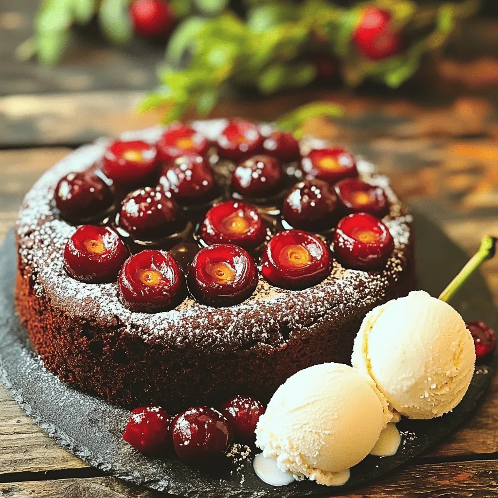 To make a Chocolate Cherry Upside-Down Cake, you need fresh and simple ingredients. Here’s what you will need: - 1 cup fresh cherries, pitted and halved - 1/2 cup unsweetened cocoa powder - 1/2 cup dark brown sugar - 1/2 cup granulated sugar - 1/2 cup unsalted butter, melted - 2 large eggs - 1 teaspoon vanilla extract - 1 cup all-purpose flour - 1 teaspoon baking powder - 1/2 teaspoon baking soda - 1/4 teaspoon salt - 1/2 cup buttermilk - 1/4 cup chocolate chips (optional for extra chocolatey goodness) These ingredients work together to create a rich and flavorful cake. The fresh cherries bring a sweet-tart taste that pairs well with the chocolate. The cocoa powder adds a deep flavor that makes every bite delightful. If you want an extra boost of chocolate, feel free to toss in those chocolate chips! Using unsalted butter helps control the saltiness in your cake. Fresh cherries are best, but frozen ones can work too. Just remember to thaw and drain them first. Each ingredient plays a key role in making this cake a treat everyone will love! 1. Preheat your oven to 350°F (175°C) and grease a 9-inch round cake pan. This helps the cake not stick. 2. In a small saucepan, melt 2 tablespoons of butter over medium heat. Add 1/2 cup of brown sugar and mix until smooth. Pour this into the bottom of the prepared cake pan. 3. Now, arrange 1 cup of halved cherries in a single layer over the sugar mixture, cut side up. Set this aside for later. 4. In a large mixing bowl, whisk together the melted butter, 1/2 cup of granulated sugar, and the remaining brown sugar until it looks smooth. 1. In another bowl, combine 1/2 cup of cocoa powder, 1 cup of all-purpose flour, 1 teaspoon of baking powder, 1/2 teaspoon of baking soda, and 1/4 teaspoon of salt. This is your dry mix. 2. Gradually add the dry mix to the wet mix. Alternate with 1/2 cup of buttermilk. Mix until just combined. You do not want to over mix. If you like chocolate, fold in 1/4 cup of chocolate chips. 1. Pour the batter over the cherries in the cake pan. Smooth the top with a spatula to make it even. 2. Bake in the preheated oven for 30-35 minutes. Check if it’s done by inserting a toothpick in the center. If it comes out clean, it’s ready. 3. Remove the cake from the oven and let it cool in the pan for about 10 minutes. Then, invert the cake onto a serving plate while still warm. The cherries should be on top. 4. Let it cool for an additional 15 minutes before slicing. Enjoy your delicious creation! - Ensuring even baking: To bake evenly, use room temperature eggs and butter. This helps the batter mix well. Rotate the cake halfway through baking. This ensures each side gets even heat. - Avoiding overmixing: Mix the wet and dry ingredients just until combined. Overmixing can make your cake tough. You want a tender and soft texture. - Testing for doneness: Use a toothpick to check if the cake is done. Insert it into the center. If it comes out clean, your cake is ready. - Garnishing suggestions: Dust the top of the cake with powdered sugar for a pretty finish. You can also add some fresh cherries on top for color. - Serving ideas with ice cream: Serve the cake warm with a scoop of vanilla ice cream. The ice cream melts slightly and adds creaminess. It makes each bite even more delicious! {{image_2}} You can switch up the flavors in your cake. Different kinds of cherries can change the taste. Try using sour cherries for a tart kick. Sweet cherries give a nice balance to the cake. Each type adds its own charm. Adding different chocolate varieties can also enhance the flavor. You might use milk chocolate for a sweeter cake. Dark chocolate gives a richer taste. White chocolate can add creaminess. Mix and match to find your favorite combo! If you need a gluten-free option, replace all-purpose flour with a gluten-free blend. This keeps the cake soft and moist. Be sure to check the blend for best results. For a vegan alternative, you can swap eggs with flaxseed meal. Just mix one tablespoon of flaxseed with three tablespoons of water. Let it sit until it thickens. Use plant-based butter instead of regular butter. You can also use almond or soy milk in place of buttermilk. These changes keep your cake delicious while meeting dietary needs. To keep your Chocolate Cherry Upside-Down Cake fresh, store it in the fridge. Wrap the cake tightly with plastic wrap or place it in an airtight container. This helps prevent it from drying out. The cake stays fresh for up to three days in the fridge. If you want to serve it chilled, take it out about 30 minutes before serving. This way, the flavors come alive. If you want to save your cake for later, freezing is a great option. First, let the cake cool completely. Then, slice it into individual pieces. Wrap each piece in plastic wrap and place them in a freezer bag. Label the bag with the date, and it will stay good for up to three months in the freezer. When you're ready to enjoy, just thaw it in the fridge overnight. You can also warm it in the microwave for a few seconds. Enjoy the taste of chocolate and cherries whenever you want! How to prevent cherries from sinking? To stop cherries from sinking, coat them in a bit of flour before adding them to the batter. This light dusting helps them stay suspended. Make sure to mix the batter gently before pouring it over the cherries. Can I use frozen cherries? Yes, you can use frozen cherries. Just remember to thaw and drain them well. Excess water can make the cake soggy. Pat them dry with a paper towel before using. What to serve with Chocolate Cherry Upside-Down Cake? This cake pairs well with a scoop of vanilla ice cream. You can also serve it with whipped cream or a drizzle of chocolate sauce. Fresh berries add a nice touch too. Cake is too dense, what went wrong? If your cake is dense, you might have overmixed the batter. This can create too much gluten. Be gentle when combining wet and dry ingredients. Also, check that your baking powder and soda are fresh. How to keep the cake moist? To keep the cake moist, avoid overbaking it. Use a toothpick to test for doneness; it should come out clean but not dry. Storing the cake in an airtight container helps maintain moisture. In this blog post, we explored making a Chocolate Cherry Upside-Down Cake. We highlighted essential ingredients like fresh cherries, cocoa powder, and eggs. You learned clear steps for preparation, baking, and tips for great results. Try new variations or dietary swaps to fit your needs. Remember to store your cake properly for freshness. Baking can be fun and rewarding, so enjoy the process! Happy baking!