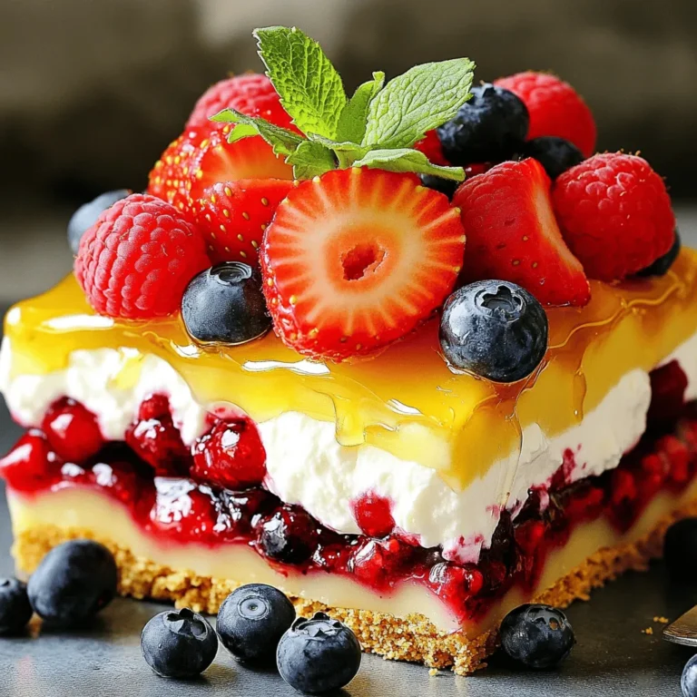- 12 ounces of mascarpone cheese - 1 cup heavy whipping cream - 1/2 cup powdered sugar - 1 teaspoon vanilla extract - 1 cup graham cracker crumbs - 1/4 cup unsalted butter, melted - 2 cups mixed berries (strawberries, blueberries, raspberries) - 1/4 cup honey - Fresh mint leaves for garnish (optional) To create the Summer Berry Dessert Lasagna, gather your ingredients first. This dish is simple and uses fresh flavors. The mascarpone cheese gives a rich, creamy texture. The heavy cream makes the dessert light and fluffy. You will need powdered sugar to sweeten the cream layer. Vanilla extract adds depth to the flavor. For the base, use graham cracker crumbs mixed with melted butter. This mix holds the layers together well. The berry mix consists of strawberries, blueberries, and raspberries. You can adjust the berries based on your taste. Honey adds a natural sweetness to the berries. Lastly, fresh mint leaves can brighten the dish and make it pretty. Each ingredient plays a key role in the taste and look of the dessert. Remember to measure carefully for the best results. - In a medium bowl, combine 2 cups of mixed berries with 1/4 cup of honey. - Toss gently to coat the berries. - Set the bowl aside for 10 minutes. This lets the flavors blend well. - In a separate bowl, whip 1 cup of heavy cream until you see stiff peaks. - Gradually add 1/2 cup of powdered sugar as you whip. - Once it thickens, fold in 12 ounces of mascarpone cheese and 1 teaspoon of vanilla extract. - Mix until everything is smooth and creamy. - In another bowl, mix 1 cup of graham cracker crumbs with 1/4 cup of melted unsalted butter. - Stir until the mix looks like wet sand. - Grab a rectangular baking dish. - Spread half of the graham cracker mixture evenly on the bottom. - Next, add half of the cream layer on top of the graham cracker layer. - Now, place half of the berry mixture over the cream layer. - Repeat this layering with the remaining graham cracker, cream, and berries. - You should have three layers in total. - Cover the dish with plastic wrap. - Place it in the refrigerator for at least 4 hours, or overnight if you can wait. - This allows the dessert to set and flavors to blend. - Once it’s chilled, cut the lasagna into squares. - Serve the squares cold, and you can garnish with fresh mint leaves if you want. - Enjoy your refreshing summer treat! - You can swap mixed berries for other fruits. Try peaches, cherries, or even mango. - For a fun twist, use flavored graham crackers. Cinnamon or chocolate can add a new taste. - Whip the cream until it forms stiff peaks. This texture gives your dessert a light feel. - Chill the dessert for at least 4 hours. This helps the layers set and flavors blend. - Garnish each serving with fresh mint leaves. They add color and freshness. - Plate the dessert in a clear dish. This shows off the beautiful layers and colors. {{image_2}} You can change the berries based on the season. In spring, use strawberries and blueberries. In summer, try raspberries and blackberries. You can even mix in tropical fruits, like mango or pineapple, for a fun twist. These fruits add bright flavors and fun textures to the dish. If you need gluten-free options, use gluten-free graham crackers. They work just as well in the crust. For a vegan version, replace the mascarpone cheese with coconut cream. You can also use a plant-based heavy cream for the cream layer. Both swaps keep your dessert tasty and creamy. Want to make your dessert pop? Add some citrus zest to the cream layer. Lemon or lime zest adds a fresh zing. You can also mix in fresh herbs like basil or mint. Their subtle notes can elevate the dessert from sweet to sophisticated. Store leftover Summer Berry Dessert Lasagna in the fridge. Place it in an airtight container. This keeps it fresh and tasty. Consume it within three to four days for best flavor. You can freeze this dessert for later enjoyment. Cut it into squares before freezing. Wrap each piece tightly in plastic wrap, then place them in a freezer bag. This helps prevent freezer burn. To defrost, move the lasagna to the fridge overnight. This keeps it creamy and delicious. In the fridge, the dessert lasts about three to four days. If frozen, it stays good for about two months. Just remember, the sooner you eat it, the fresher it will taste! Yes, you can make this dessert ahead of time. It tastes better after chilling. I recommend preparing it the night before. This way, the layers set well and the flavors mix. Just cover it tightly with plastic wrap and store it in the fridge. This dessert stays fresh for up to three days. If you do not have mascarpone cheese, you can use cream cheese. Just mix it with a bit of heavy cream to get a similar texture. Another option is ricotta cheese, blended until smooth. Each choice will give a different taste, but they work well in the recipe. You can absolutely use frozen berries! Just be sure to thaw them first. Drain any excess liquid to avoid a soggy dessert. Frozen berries can taste great and save time. They are also available year-round, which makes them a handy option. To make it gluten-free, use gluten-free graham crackers. Many brands offer tasty options. Check the labels to ensure they meet your needs. The rest of the ingredients are naturally gluten-free, so you can enjoy this dessert without worry! This blog post covers a delightful Summer Berry Dessert Lasagna. You learned about its ingredients, preparation steps, and helpful tips. We explored variations that suit different tastes and even dietary needs. Lastly, I shared storage tips to keep your dessert fresh. Making this treat is simple and fun. I hope you enjoy each layer of this tasty dessert. Dive into your kitchen and create your own masterpiece!