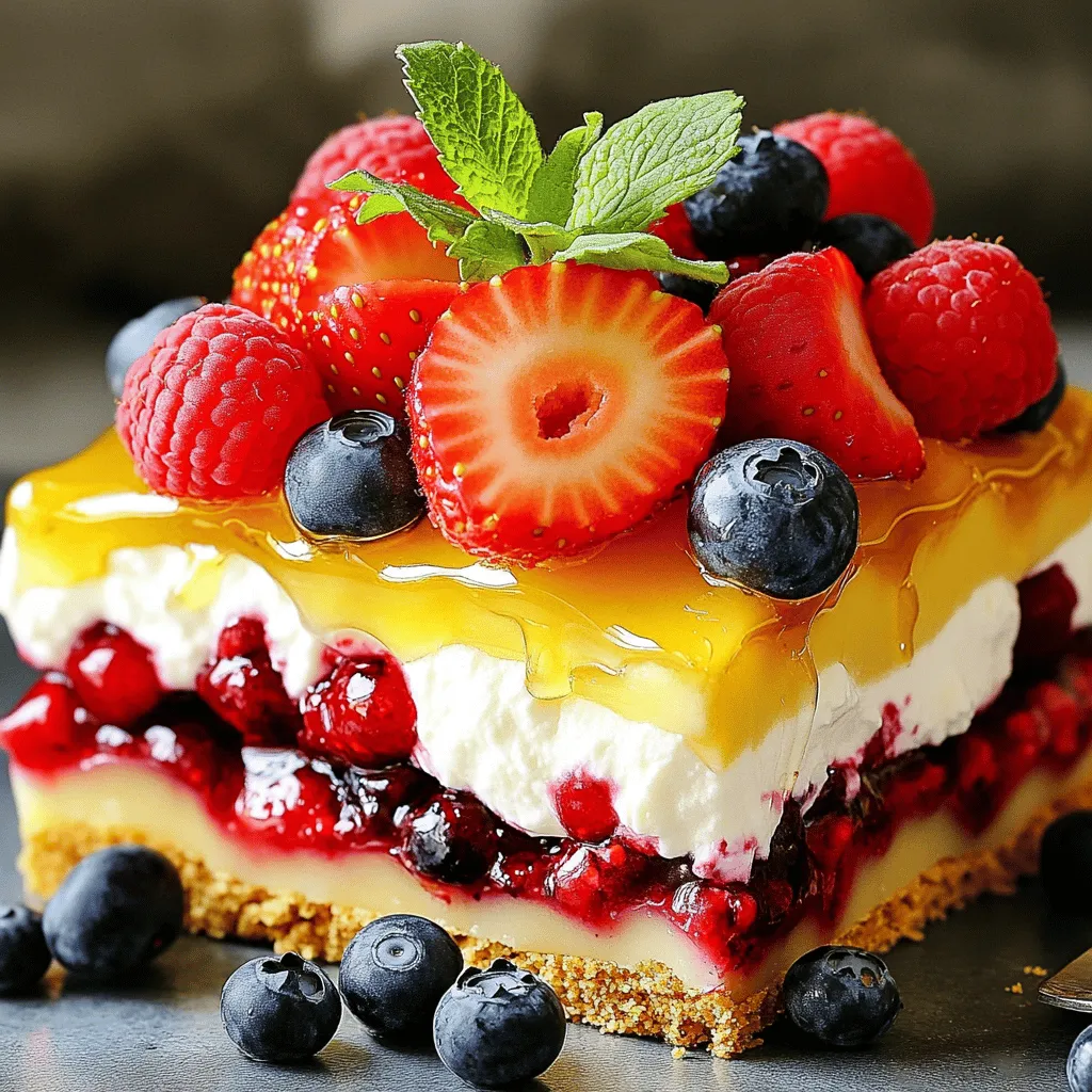 - 12 ounces of mascarpone cheese - 1 cup heavy whipping cream - 1/2 cup powdered sugar - 1 teaspoon vanilla extract - 1 cup graham cracker crumbs - 1/4 cup unsalted butter, melted - 2 cups mixed berries (strawberries, blueberries, raspberries) - 1/4 cup honey - Fresh mint leaves for garnish (optional) To create the Summer Berry Dessert Lasagna, gather your ingredients first. This dish is simple and uses fresh flavors. The mascarpone cheese gives a rich, creamy texture. The heavy cream makes the dessert light and fluffy. You will need powdered sugar to sweeten the cream layer. Vanilla extract adds depth to the flavor. For the base, use graham cracker crumbs mixed with melted butter. This mix holds the layers together well. The berry mix consists of strawberries, blueberries, and raspberries. You can adjust the berries based on your taste. Honey adds a natural sweetness to the berries. Lastly, fresh mint leaves can brighten the dish and make it pretty. Each ingredient plays a key role in the taste and look of the dessert. Remember to measure carefully for the best results. - In a medium bowl, combine 2 cups of mixed berries with 1/4 cup of honey. - Toss gently to coat the berries. - Set the bowl aside for 10 minutes. This lets the flavors blend well. - In a separate bowl, whip 1 cup of heavy cream until you see stiff peaks. - Gradually add 1/2 cup of powdered sugar as you whip. - Once it thickens, fold in 12 ounces of mascarpone cheese and 1 teaspoon of vanilla extract. - Mix until everything is smooth and creamy. - In another bowl, mix 1 cup of graham cracker crumbs with 1/4 cup of melted unsalted butter. - Stir until the mix looks like wet sand. - Grab a rectangular baking dish. - Spread half of the graham cracker mixture evenly on the bottom. - Next, add half of the cream layer on top of the graham cracker layer. - Now, place half of the berry mixture over the cream layer. - Repeat this layering with the remaining graham cracker, cream, and berries. - You should have three layers in total. - Cover the dish with plastic wrap. - Place it in the refrigerator for at least 4 hours, or overnight if you can wait. - This allows the dessert to set and flavors to blend. - Once it’s chilled, cut the lasagna into squares. - Serve the squares cold, and you can garnish with fresh mint leaves if you want. - Enjoy your refreshing summer treat! - You can swap mixed berries for other fruits. Try peaches, cherries, or even mango. - For a fun twist, use flavored graham crackers. Cinnamon or chocolate can add a new taste. - Whip the cream until it forms stiff peaks. This texture gives your dessert a light feel. - Chill the dessert for at least 4 hours. This helps the layers set and flavors blend. - Garnish each serving with fresh mint leaves. They add color and freshness. - Plate the dessert in a clear dish. This shows off the beautiful layers and colors. {{image_2}} You can change the berries based on the season. In spring, use strawberries and blueberries. In summer, try raspberries and blackberries. You can even mix in tropical fruits, like mango or pineapple, for a fun twist. These fruits add bright flavors and fun textures to the dish. If you need gluten-free options, use gluten-free graham crackers. They work just as well in the crust. For a vegan version, replace the mascarpone cheese with coconut cream. You can also use a plant-based heavy cream for the cream layer. Both swaps keep your dessert tasty and creamy. Want to make your dessert pop? Add some citrus zest to the cream layer. Lemon or lime zest adds a fresh zing. You can also mix in fresh herbs like basil or mint. Their subtle notes can elevate the dessert from sweet to sophisticated. Store leftover Summer Berry Dessert Lasagna in the fridge. Place it in an airtight container. This keeps it fresh and tasty. Consume it within three to four days for best flavor. You can freeze this dessert for later enjoyment. Cut it into squares before freezing. Wrap each piece tightly in plastic wrap, then place them in a freezer bag. This helps prevent freezer burn. To defrost, move the lasagna to the fridge overnight. This keeps it creamy and delicious. In the fridge, the dessert lasts about three to four days. If frozen, it stays good for about two months. Just remember, the sooner you eat it, the fresher it will taste! Yes, you can make this dessert ahead of time. It tastes better after chilling. I recommend preparing it the night before. This way, the layers set well and the flavors mix. Just cover it tightly with plastic wrap and store it in the fridge. This dessert stays fresh for up to three days. If you do not have mascarpone cheese, you can use cream cheese. Just mix it with a bit of heavy cream to get a similar texture. Another option is ricotta cheese, blended until smooth. Each choice will give a different taste, but they work well in the recipe. You can absolutely use frozen berries! Just be sure to thaw them first. Drain any excess liquid to avoid a soggy dessert. Frozen berries can taste great and save time. They are also available year-round, which makes them a handy option. To make it gluten-free, use gluten-free graham crackers. Many brands offer tasty options. Check the labels to ensure they meet your needs. The rest of the ingredients are naturally gluten-free, so you can enjoy this dessert without worry! This blog post covers a delightful Summer Berry Dessert Lasagna. You learned about its ingredients, preparation steps, and helpful tips. We explored variations that suit different tastes and even dietary needs. Lastly, I shared storage tips to keep your dessert fresh. Making this treat is simple and fun. I hope you enjoy each layer of this tasty dessert. Dive into your kitchen and create your own masterpiece!