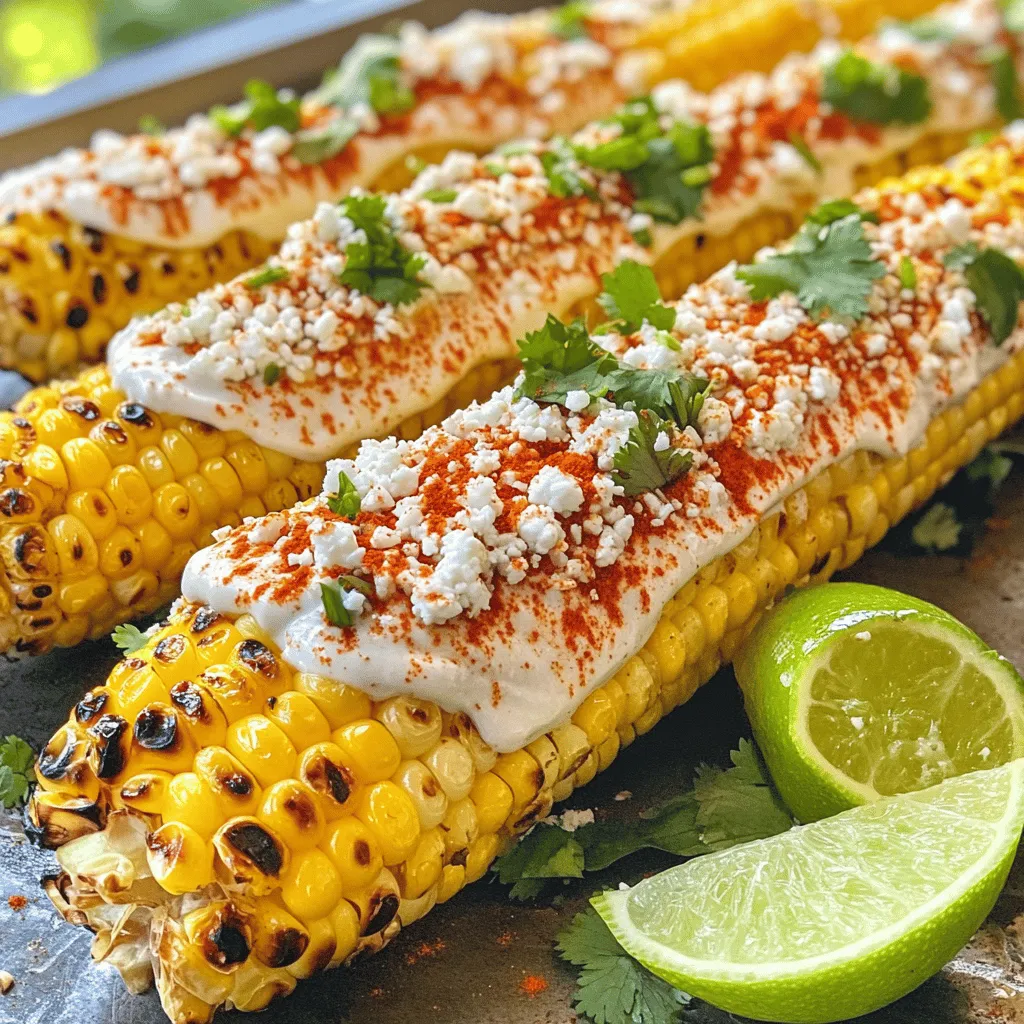 - Fresh corn - Mayonnaise - Cotija cheese - Chili powder - Smoked paprika - Lime juice - Fresh cilantro - Salt - Lime wedges for serving To make Mexican street corn, you need fresh corn. Choose ears that feel heavy and firm. You will also need mayonnaise. It creates a creamy base for the flavor. Cotija cheese adds a salty kick. You can find it in most grocery stores. Chili powder gives the corn a nice heat. Smoked paprika adds depth with its smoky flavor. Next, lime juice brightens every bite. Fresh cilantro brings a burst of freshness. Don’t forget to add salt to taste. Finally, lime wedges for serving enhance the dish. Each ingredient plays a role in the overall taste. When combined, they create a delicious treat. 1. Preheating the grill: Start by preheating your grill to medium-high heat. This step is key for getting that perfect char on the corn. The heat helps to lock in moisture and flavor. 2. Grilling duration and technique: Grill the corn for about 10-12 minutes. Turn the ears every few minutes. You want to see some nice char marks on the kernels. This charring adds a deep, smoky flavor that makes the corn irresistible. 3. Importance of charring the kernels: Charring the corn is not just for looks. It creates a sweet and rich taste. The caramelization of the sugars in the corn gives it that classic street food flavor. Don’t rush this step! 1. Mixing ingredients for the sauce: While your corn is grilling, prepare the sauce. In a bowl, mix together ½ cup mayonnaise, 2 tablespoons lime juice, 1 tablespoon chili powder, 1 teaspoon smoked paprika, and salt to taste. This creamy sauce is where the magic happens. 2. Adjusting seasoning for personal preferences: Taste the sauce and adjust the seasoning if needed. If you like it spicier, add more chili powder. If you want it zippier, a little more lime juice can do wonders. 1. Methods for applying sauce to corn: Once the corn is done, take it off the grill. Let it cool for a minute. Use a pastry brush or a spoon to coat the corn with the sauce. Make sure to cover all sides. 2. Adding toppings of Cotija cheese and cilantro: Roll the sauced corn in ½ cup crumbled Cotija cheese until it’s fully coated. Then, sprinkle chopped cilantro on top. This adds freshness and a pop of color. 3. Best practices for serving with lime wedges: Serve the corn hot with lime wedges on the side. A squeeze of lime adds a bright, tangy burst. It’s the finishing touch that elevates the dish to a whole new level! To get the best grill marks, start with fresh corn. Husk the corn well. Keep the grill at medium-high heat. This heat helps to char the corn nicely. Turn the corn every few minutes. Doing this ensures even cooking. Soak wooden skewers in water for 30 minutes. This step helps prevent them from burning on the grill. Use these skewers to hold the corn for easier handling. You can also use tongs if you prefer. You can swap out the mayonnaise for Greek yogurt. This change gives a lighter taste. If you want a vegan option, use cashew cream. You can make it by blending soaked cashews with water until smooth. For spice lovers, try adding cayenne pepper or chipotle powder. These chili powders add heat and depth. Adjust the chili powder to fit your taste. You can mix mild and spicy flavors for a fun twist. Pair your corn with refreshing drinks like lemonade or iced tea. These drinks balance the rich flavors of the corn. For side dishes, serve with a light salad or grilled veggies. For gatherings, serve the corn on a large platter. Add lime wedges around the edges for a pop of color. You can sprinkle extra Cotija cheese on top for a tasty finish. This presentation looks beautiful and makes guests eager to dig in! {{image_2}} You can switch up the cheese for your Mexican street corn. If you can't find Cotija cheese, feta cheese works well. It has a similar crumbly texture and salty taste. Just crumble it on top after grilling. For those who prefer vegan options, try using vegan cheese. Look for brands that mimic feta or Cotija. This way, you can enjoy the dish without dairy. To boost flavor, you can add garlic or jalapeño. Garlic powder gives a savory kick, while jalapeños add heat. Just sprinkle them on before grilling or mix into your sauce. Different herbs can change the taste too. Fresh parsley or chopped green onions add a nice touch. They brighten up the dish and give it a fresh flavor. If you can't grill, try oven-roasting the corn. Preheat your oven to 400°F. Place the corn on a baking sheet and roast for 20-25 minutes. Turn the corn halfway through for even cooking. For a fun twist, make a corn salad. Cut the grilled corn off the cob and mix it with the sauce. Add diced tomatoes, avocado, or black beans for extra flavor. This is great for potlucks or parties! To keep your grilled corn fresh, let it cool first. Wrap each ear in plastic wrap or foil. Store it in the fridge. Grilled corn lasts up to three days in the refrigerator. When you want to enjoy the leftovers, there are several ways to reheat corn. You can use the grill, microwave, or oven. For the grill, heat it over medium for a few minutes. For the microwave, cover it with a damp paper towel. Heat for about 1-2 minutes. In the oven, wrap the corn in foil and bake at 350°F for 10-15 minutes. This keeps the corn moist and tasty. If you want to save corn for later, freezing is a great option. First, cut the corn off the cob. Place the kernels in a freezer bag, removing as much air as possible. Label and date the bag. You can freeze it for up to six months. When you're ready to use it, thaw the corn overnight in the fridge. Then, reheat it by sautéing or grilling to bring back the flavor. Grilling corn on the cob takes about 10 to 12 minutes. You want to turn it often. This helps the kernels get nice char marks. The heat makes them sweet and tasty. Factors that can affect cooking time include: - Corn size: Larger ears take longer to cook. - Grill temperature: A hotter grill cooks faster. - Freshness: Fresh corn cooks quicker than older corn. Yes, you can prep some parts ahead. Husk the corn and mix the sauce in advance. Just keep them cold until grilling. It’s best to grill and serve fresh. The corn tastes best when it’s hot and charred. If you make it ahead, store it in the fridge. Reheat it gently, but it may not taste as good. If you can’t find Cotija cheese, try feta cheese. It has a similar crumbly texture. For dairy-free options, use nutritional yeast or a vegan cheese. Both can give good flavor without dairy. Adjust to your taste and enjoy your corn! In this post, we explored how to make delicious Mexican street corn. We covered the key ingredients, simple grilling methods, and a tasty sauce. You learned tips for customizing your dish, along with variations for cheese and cooking methods. Finally, we provided storage and reheating tips to enjoy leftovers. This dish is fun and flavorful, making it perfect for any gathering. With these steps, you can impress family and friends with your cooking skills. Enjoy making and sharing this tasty treat!