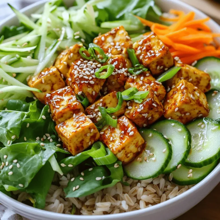 - 1 block firm tofu, pressed and cubed - 3 tablespoons chili crisp (store-bought or homemade) - 2 tablespoons soy sauce - 1 tablespoon sesame oil - 1 cup brown rice, cooked - 1 cup mixed greens (arugula, spinach, or any salad greens) - 1 cucumber, thinly sliced - 1 carrot, julienned - 1 tablespoon rice vinegar - 1 teaspoon sugar - 1 tablespoon salt - 1 tablespoon sesame seeds - Green onions, chopped for garnish Using fresh and high-quality ingredients makes a real difference. I always recommend firm tofu for its texture. Pressing it removes excess water. This helps the tofu absorb flavors well. Chili crisp adds a kick to the dish. You can use a store-bought option or make your own. The soy sauce and sesame oil give depth and richness. Brown rice is the perfect base, adding a nutty flavor. Mixed greens add freshness and a nice crunch. For the quick pickles, cucumbers and carrots work great. They add brightness and crunch. Rice vinegar, sugar, and salt make a simple brine that brings out their flavors. Don't forget the sesame seeds and green onions! They add a nice finish and extra flavor. The combination of all these ingredients creates a delicious, balanced meal that is fun to eat. Start by cutting the firm tofu into cubes. In a bowl, mix the tofu with 3 tablespoons of chili crisp, 2 tablespoons of soy sauce, and 1 tablespoon of sesame oil. Stir well so every piece of tofu gets coated. Let the tofu sit for at least 15 minutes. This step is key to infusing flavor. In a small bowl, whisk together 1 tablespoon of rice vinegar, 1 teaspoon of sugar, and a pinch of salt. Then, add the sliced cucumber and julienned carrot. Mix everything so the vegetables get coated. Let them sit for 10 to 15 minutes. This quick pickling adds a nice crunch and tang. Next, heat a non-stick skillet over medium heat. Add the marinated tofu to the skillet. Cook it until it turns golden brown and crispy, about 5 to 7 minutes. Make sure to stir it a few times. This step gives you that perfect texture. Grab your serving bowls. Start by layering cooked brown rice as the base. On top of the rice, add a handful of mixed greens, followed by the crispy tofu, and the quick pickles. This creates a beautiful mix of colors and textures. For the finishing touch, drizzle the remaining chili oil from the tofu marinade on top. Sprinkle sesame seeds and chopped green onions for added flavor and crunch. This garnish elevates the dish and makes it look stunning. When making chili crisp tofu bowls, pick the right tofu. I recommend firm tofu. It holds its shape well and absorbs flavors nicely. You can also use extra-firm tofu for an even denser texture. Pressing the tofu is key. It removes excess moisture, allowing it to become crispy. Wrap your tofu in a clean towel and place a heavy object on top for 15-30 minutes. This step makes a big difference in texture. To make your own chili crisp, gather a few key ingredients. You will need: - Dried chili flakes - Garlic - Shallots - Oil - Optional spices like Sichuan peppercorns Start by heating oil in a pan. Add garlic and shallots, cooking until golden. Then, stir in the chili flakes and spices based on your heat preference. If you like it spicy, add more chili flakes. If you prefer mild, use less. Homemade chili crisp adds a personal touch and unique flavor to your dish. To boost flavors in your bowls, consider adding extra seasonings. A splash of lime juice brightens the dish. You can also sprinkle some soy sauce for depth. If you want to adjust sweetness or acidity, follow these simple tips: - Add a bit more sugar for sweetness. - Increase rice vinegar for acidity. Experiment with these ingredients until you find your perfect balance. Each adjustment changes the taste and makes the meal your own. {{image_2}} If you want to swap out tofu, try tempeh or seitan. Both are great plant-based options. Tempeh has a nutty flavor and a firm texture. Seitan is packed with protein and mimics meat well. You can even mix these proteins for more flavor and texture. Seasonal veggies make a big difference in this bowl. Try roasted sweet potatoes or bell peppers. You can also add snap peas or radishes for a nice crunch. Fresh herbs, like cilantro or basil, can give a bright taste. You can change the base from brown rice to quinoa or noodles. Quinoa adds a nutty flavor, while noodles bring a different texture. This dish is also a great meal prep option. Just store the components separately, and you can enjoy it all week. To keep your Chili Crisp Tofu Bowls fresh, store leftovers in the fridge. Use airtight containers to prevent moisture loss. This helps maintain flavor and texture. I recommend glass containers, as they don’t absorb odors and are easy to clean. Make sure to separate the tofu and quick pickles from rice and greens to keep everything fresh longer. When reheating tofu, use a skillet for the best results. Heat on medium-low to avoid overcooking. This helps keep the crispy texture. If you prefer, you can microwave the tofu, but it may lose some crunch. Add a splash of water to the bowl for steam, which helps heat without drying out the tofu. Leftovers will last for about three days in the fridge. Check for signs of spoilage before eating. If you see mold or notice an off smell, toss it out. Fresh pickles may soften over time, so use them within two days for the best crunch. Yes, this recipe is already vegan! The main ingredients are tofu, vegetables, and rice. Just ensure your chili crisp is vegan-friendly. Some brands may add non-vegan ingredients. You can also make your own chili crisp using plant-based oil and spices. Chili crisp has varying heat levels. Some brands are very spicy, while others are mild. Check the label for heat ratings. If you want less spice, use less chili crisp in your dish. You can also mix it with some oil to tone down the heat. Absolutely! You can try quinoa, farro, or barley. These grains add unique textures and flavors. Cook them as per package instructions. Feel free to mix and match grains to suit your taste. This dish provides a good balance of nutrients. Tofu is a great protein source. Brown rice adds fiber and energy. Mixed greens offer vitamins and minerals. The quick pickles give some crunch and probiotics. Overall, this bowl is healthy and satisfying! This dish combines tofu, pickled veggies, and tasty toppings for a perfect meal. You mix firm tofu with chili crisp, soy sauce, and sesame oil, then cook until crispy. Quick pickles add a fresh crunch. Adjust flavors with your favorite spices. Feel free to swap in different proteins or veggies to keep it exciting. Remember, leftovers can be stored well and reheated without losing taste. Enjoy your delicious and healthy creation!