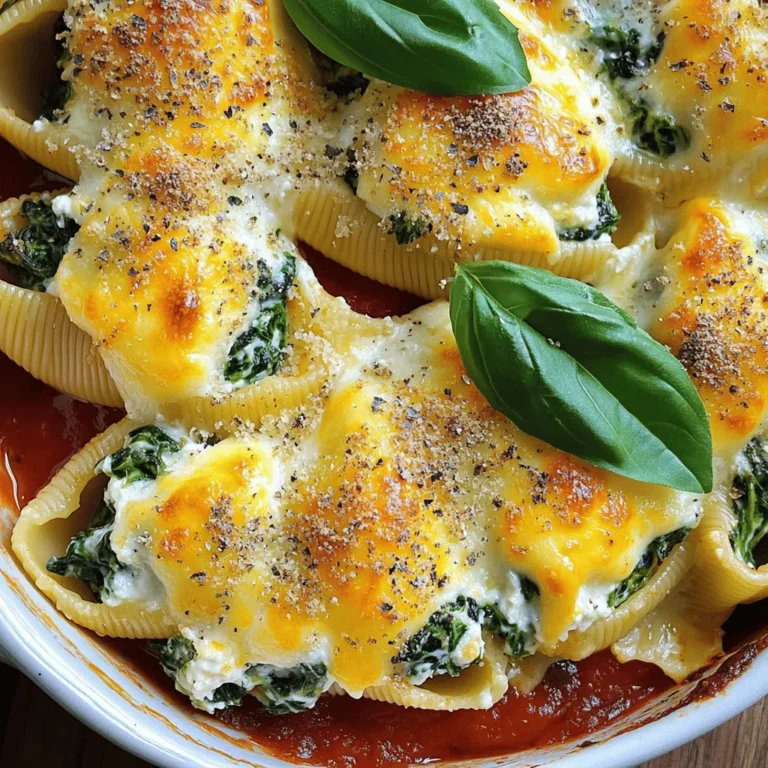 - 20 jumbo pasta shells - 2 cups ricotta cheese - 2 cups fresh spinach, chopped - 1 cup shredded mozzarella cheese - 1/4 cup grated Parmesan cheese - 1/2 teaspoon garlic powder - 1/2 teaspoon onion powder - 1 teaspoon dried Italian herbs - Salt and pepper to taste - 2 cups marinara sauce - Fresh basil leaves for garnish (optional) You can swap cheeses to change the flavor. Try goat cheese or feta for a zesty kick. For gluten-free options, use gluten-free pasta shells. They work well and taste great. If you want a dairy-free version, look for nut-based ricotta. Cashew cheese is creamy and delicious. It brings a unique taste to the dish without dairy. 1. First, preheat your oven to 375°F (190°C). This is key for cooking the shells right. 2. Next, bring a large pot of salted water to a boil. Add 20 jumbo pasta shells. Cook them for about 8 minutes, until they are al dente. Make sure to stir them often so they do not stick. After cooking, drain the shells and set them aside to cool. 3. In a large mixing bowl, combine 2 cups of ricotta cheese, 2 cups of chopped fresh spinach, and 1/2 cup of shredded mozzarella cheese. Add 1/4 cup of grated Parmesan cheese, 1/2 teaspoon of garlic powder, 1/2 teaspoon of onion powder, 1 teaspoon of dried Italian herbs, and salt and pepper to taste. Mix everything well until it's smooth and creamy. 1. Now, it’s time to stuff the shells. Gently spoon the cheese and spinach mixture into each cooked shell. Fill them well, but don’t overfill. 2. Spread 1 cup of marinara sauce evenly on the bottom of a baking dish. This adds flavor and keeps the shells from sticking. Place the stuffed shells on top of the sauce. 3. Pour the remaining 1 cup of marinara sauce over the stuffed shells. Then, sprinkle the last of the mozzarella cheese on top. This will melt and create a cheesy crust. 4. Cover the baking dish with aluminum foil. Bake in the preheated oven for 20 minutes. After that, remove the foil and bake for another 10 minutes. You want the cheese to be bubbly and golden. - Prep Time: 20 minutes - Cook Time: 20 minutes covered + 10 minutes uncovered - Total Time: 40 minutes - This recipe serves 4 people, making it perfect for a family dinner or small gathering. To ensure your pasta shells do not stick together, follow these steps: - Use a large pot for boiling. - Add enough salt to the water. - Stir the shells gently while they cook. - Drain and rinse them with cold water right away. For flavor, consider these add-ins: - Chopped sun-dried tomatoes for a sweet twist. - Crushed red pepper for a spicy kick. - Sautéed mushrooms for extra earthiness. Pair your stuffed shells with these ideal side dishes: - A fresh garden salad for brightness. - Garlic bread for a crunchy contrast. - Steamed broccoli for extra greens. Recommended beverages to enjoy with this meal include: - A light red wine, like Chianti. - Sparkling water with lemon for a refreshing sip. - A crisp iced tea for a non-alcoholic option. Get creative when serving stuffed shells: - Use a large platter to display them. - Layer them with sauce and cheese for height. - Place them in individual ramekins for a fun touch. For garnishing, try these ideas: - Fresh basil leaves for a pop of color. - A sprinkle of grated Parmesan for richness. - Drizzle with extra marinara sauce for flair. {{image_2}} Vegetarian options Spinach ricotta stuffed shells are naturally vegetarian. You can add more veggies, like zucchini or mushrooms, to boost flavors and nutrition. Use these options to make the dish even heartier. Low-carb alternatives If you want to cut carbs, consider using zucchini or eggplant slices instead of pasta shells. These options keep the taste while lowering carbs. You can still fill them with the same cheesy mixture. Adding herbs and spices for unique taste Experiment by adding fresh herbs like basil or parsley to the cheese mix. A pinch of red pepper flakes can give a nice kick. Try smoked paprika for a new twist. Each choice will change the flavor profile and make it more exciting. Different sauces to use with stuffed shells While marinara is classic, you can switch it up with Alfredo sauce or pesto. Each sauce brings a new set of flavors. You might even mix sauces for a unique taste that surprises your guests. Suggestions for meat additions To add protein, consider ground turkey or chicken. You can also use Italian sausage for a savory flavor. Just cook the meat first and mix it with the cheese filling for a satisfying meal. Incorporating tofu or beans for protein For a plant-based option, mash firm tofu with spices to mimic ricotta. You can also add black beans or chickpeas to the cheese mix. They provide protein and a nice texture, making the dish filling and healthy. To keep your stuffed shells fresh, place them in an airtight container. You can store them in the fridge for up to three days. Make sure the shells cool down before sealing. This helps prevent moisture build-up, which can make the shells soggy. If you want to keep them longer, freeze the shells. Wrap each shell in plastic wrap and then place them in a freezer-safe bag. You can freeze them for up to three months. This way, you can enjoy a delicious meal later. When it's time to eat, you can reheat the shells in the oven or microwave. For the oven, preheat it to 350°F (175°C). Place the shells in a baking dish and cover with foil. Bake for about 20 minutes or until heated through. This method keeps the cheese nice and gooey. If you're short on time, use the microwave. Place one or two shells on a plate and cover with a damp paper towel. Heat for 1 to 2 minutes. Check to make sure they are warm all the way through. You may lose some texture, but it’s quick! Leftover stuffed shells can last about three days in the fridge. If you freeze them, they can stay good for three months. Always label your containers with the date. Be mindful of signs that the dish may have gone bad. If you see mold, off smells, or a change in texture, throw it away. It's better to be safe than sorry when it comes to food safety! How do I prevent the shells from breaking during cooking? To keep your shells intact, cook them in a large pot of salted boiling water. Stir gently as they cook. Aim for al dente, about 8 minutes. After draining, rinse them with cold water. This helps stop the cooking process and cools them down. Can I make Spinach Ricotta Stuffed Shells ahead of time? Yes, you can prepare these shells ahead. Stuff the shells and place them in a baking dish. Cover with sauce and refrigerate. You can bake them the next day. Just add a few extra minutes to the baking time. What can I replace ricotta cheese with? If you want a change, try cottage cheese or cream cheese. You can also use goat cheese for a tangy twist. Just make sure the texture is similar for best results. How do I know when the stuffed shells are fully cooked? Look for bubbly cheese on top and a golden brown color. You can also check the center with a fork. If it's hot all the way through, they are ready to eat. How many shells per serving? I suggest serving 3 to 4 stuffed shells per person. This gives a good amount without overloading the plate. Can this recipe be doubled for a crowd? Absolutely! Just double all the ingredients and use a larger baking dish. Keep an eye on the baking time. It may take a little longer to cook through. In this article, we explored making Spinach Ricotta Stuffed Shells. You learned about the key ingredients, cooking steps, and tips for success. We discussed ingredient swaps and how to store or reheat your dish. These shells are not only tasty but also adaptable for various diets. Keep these ideas in mind to enjoy your meal more. Experiment with flavors, add proteins, and find combos that excite your taste buds. Happy cooking!