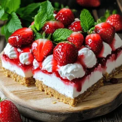 To make No-Bake Strawberry Cheesecake Bars, you need a few simple ingredients. Let's break it down: - Graham cracker crust components - 1 ½ cups graham cracker crumbs - ½ cup unsalted butter, melted - 2 tablespoons sugar - Cheesecake filling ingredients - 16 ounces cream cheese, softened - ½ cup powdered sugar - 1 teaspoon vanilla extract - 1 ½ cups heavy whipping cream - Topping details - 2 cups fresh strawberries, hulled and sliced - ¼ cup strawberry jam - Fresh mint leaves for garnish (optional) Each ingredient plays a key role in creating a creamy texture and rich taste. The graham crackers form a delicious crust, while the cream cheese filling provides a smooth and sweet layer. Fresh strawberries add a burst of flavor on top, making these bars a delightful treat. 1. In a mixing bowl, combine the graham cracker crumbs, melted butter, and sugar. Mix well until it looks like wet sand. 2. Press the graham cracker mixture firmly into the bottom of a 9x9-inch baking pan. Make sure it’s even and compact. 3. Place the pan in the fridge while you prepare the filling. This helps the crust set nicely. 1. In another large bowl, beat the softened cream cheese with powdered sugar and vanilla extract. Mix until it is smooth and creamy. 2. In a separate bowl, whip the heavy cream until you see stiff peaks form. This means it’s ready! 3. Gently fold the whipped cream into the cream cheese mixture. Use a spatula and be careful not to deflate the whipped cream. 1. Spread half of the cheesecake filling over your chilled crust. Make it smooth and even. 2. Layer half of the sliced strawberries on top of the filling. This adds fresh flavor. 3. Spread the rest of the cheesecake filling over the strawberries. Then, add the last half of the strawberries on top. 4. Gently heat the strawberry jam in a small saucepan over low heat until it melts. Drizzle it over the top of the cheesecake bars for a sweet finish. 5. Cover the pan with plastic wrap and refrigerate for at least 4 hours to set. Once it’s set, cut into bars and enjoy! - Cream cheese tips: Use room temperature cream cheese. This makes mixing easier and smoother. Beat the cream cheese well. This helps avoid lumps in your filling. - Whipping cream insights: Chill your mixing bowl and beaters before whipping. This makes the cream whip faster. Whip until stiff peaks form. This gives your cheesecake a light texture. - Presentation ideas: Serve the bars chilled on a bright platter. Add more sliced strawberries and mint leaves for color. This makes your dessert look fresh and inviting. - Pairing with other desserts: These bars pair well with a scoop of vanilla ice cream. You can also serve them with a cup of coffee or tea. Both enhance the flavors of the cheesecake. - Crust issues: Make sure to press the graham cracker crust firmly. If it’s too loose, it may crumble when you serve. - Filling problems: Avoid overmixing the cream cheese. This can make your cheesecake dense instead of light. Also, don’t skip folding the whipped cream. This step keeps the filling airy. {{image_2}} You can spice up your no-bake strawberry cheesecake bars with different fruits. Try blueberries, raspberries, or peaches for a fresh twist. Each fruit adds its own taste and color. You’ll create a beautiful dessert that suits your mood. You can also change the cheesecake flavors. Instead of vanilla, you could use almond or lemon extract. You might even blend in cocoa powder for a chocolate version. The options are endless, and this makes your dessert unique to you. If you need gluten-free options, use gluten-free graham crackers for the crust. They work just as well and taste great. You can also use almond flour mixed with melted butter as a crust. It adds a nice nutty flavor. For non-dairy alternatives, try using vegan cream cheese and coconut cream. These substitutes still give you a rich texture. You won’t miss the dairy at all. This way, everyone can enjoy the dessert. You can switch up the crust by using different cookies. Try crushed Oreos or digestive biscuits for a fun twist. These cookies add unique flavors that blend well with the cheesecake filling. If you love nuts, use finely chopped almonds or walnuts mixed with butter. This will give your dessert a crunchy texture. You can also create a shortbread crust. Just mix butter, sugar, and flour until crumbly. Bake it lightly before adding the filling for a delicious base. To keep your No-Bake Strawberry Cheesecake Bars fresh, use these tips: - Refrigeration: Store the bars in an airtight container in the fridge. This helps keep them cool and firm. - Freezing: If you want to save some for later, wrap them tightly in plastic wrap. Place them in a freezer-safe container. They can stay frozen for up to three months. Knowing how long your bars last helps you enjoy them at their best: - Timeframes for freshness: In the fridge, they stay fresh for about five days. If frozen, they last up to three months. - Signs of spoilage: Look for changes in color or texture. If they smell off or you see mold, it’s best to toss them. Enjoying your cheesecake bars later? Here’s how: - Thawing frozen bars: Move them from the freezer to the fridge. Let them thaw overnight before serving. - Best ways to serve leftovers: Serve the bars cold. You can drizzle a bit of fresh strawberry jam on top for added flavor. Enjoy! These bars last about 4 to 5 days in the fridge. Store them in an airtight container to keep them fresh. If you want to keep them longer, you can freeze them. They can stay good in the freezer for up to 2 months. Just wrap them well in plastic wrap and foil to avoid freezer burn. Yes, you can use frozen strawberries! They will work well in this recipe. However, frozen strawberries may change the texture. They can be softer when thawed. The flavor might also be a bit less bright. If using frozen strawberries, let them thaw and drain excess liquid before adding them to the bars. You have a few tasty options if you want to swap cream cheese. Mascarpone cheese gives a similar creamy texture and flavor. Greek yogurt is another choice; it adds protein and tanginess. You can also use silken tofu for a dairy-free option. Blend it until smooth for the best results. You’ve learned how to make no-bake strawberry cheesecake bars from scratch. We covered the ingredients, step-by-step instructions, and key tips to ensure success. Remember to avoid common mistakes and try variations for a fun twist. With proper storage, your bars stay fresh and tasty longer. Enjoy sharing this delicious treat with friends and family. Now, get ready to impress everyone with your new baking skills!
