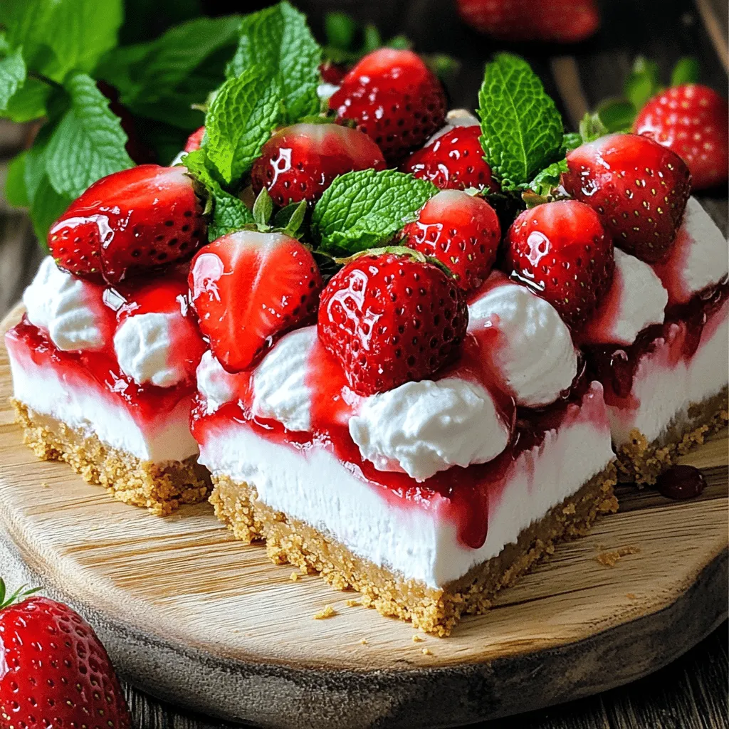 To make No-Bake Strawberry Cheesecake Bars, you need a few simple ingredients. Let's break it down: - Graham cracker crust components - 1 ½ cups graham cracker crumbs - ½ cup unsalted butter, melted - 2 tablespoons sugar - Cheesecake filling ingredients - 16 ounces cream cheese, softened - ½ cup powdered sugar - 1 teaspoon vanilla extract - 1 ½ cups heavy whipping cream - Topping details - 2 cups fresh strawberries, hulled and sliced - ¼ cup strawberry jam - Fresh mint leaves for garnish (optional) Each ingredient plays a key role in creating a creamy texture and rich taste. The graham crackers form a delicious crust, while the cream cheese filling provides a smooth and sweet layer. Fresh strawberries add a burst of flavor on top, making these bars a delightful treat. 1. In a mixing bowl, combine the graham cracker crumbs, melted butter, and sugar. Mix well until it looks like wet sand. 2. Press the graham cracker mixture firmly into the bottom of a 9x9-inch baking pan. Make sure it’s even and compact. 3. Place the pan in the fridge while you prepare the filling. This helps the crust set nicely. 1. In another large bowl, beat the softened cream cheese with powdered sugar and vanilla extract. Mix until it is smooth and creamy. 2. In a separate bowl, whip the heavy cream until you see stiff peaks form. This means it’s ready! 3. Gently fold the whipped cream into the cream cheese mixture. Use a spatula and be careful not to deflate the whipped cream. 1. Spread half of the cheesecake filling over your chilled crust. Make it smooth and even. 2. Layer half of the sliced strawberries on top of the filling. This adds fresh flavor. 3. Spread the rest of the cheesecake filling over the strawberries. Then, add the last half of the strawberries on top. 4. Gently heat the strawberry jam in a small saucepan over low heat until it melts. Drizzle it over the top of the cheesecake bars for a sweet finish. 5. Cover the pan with plastic wrap and refrigerate for at least 4 hours to set. Once it’s set, cut into bars and enjoy! - Cream cheese tips: Use room temperature cream cheese. This makes mixing easier and smoother. Beat the cream cheese well. This helps avoid lumps in your filling. - Whipping cream insights: Chill your mixing bowl and beaters before whipping. This makes the cream whip faster. Whip until stiff peaks form. This gives your cheesecake a light texture. - Presentation ideas: Serve the bars chilled on a bright platter. Add more sliced strawberries and mint leaves for color. This makes your dessert look fresh and inviting. - Pairing with other desserts: These bars pair well with a scoop of vanilla ice cream. You can also serve them with a cup of coffee or tea. Both enhance the flavors of the cheesecake. - Crust issues: Make sure to press the graham cracker crust firmly. If it’s too loose, it may crumble when you serve. - Filling problems: Avoid overmixing the cream cheese. This can make your cheesecake dense instead of light. Also, don’t skip folding the whipped cream. This step keeps the filling airy. {{image_2}} You can spice up your no-bake strawberry cheesecake bars with different fruits. Try blueberries, raspberries, or peaches for a fresh twist. Each fruit adds its own taste and color. You’ll create a beautiful dessert that suits your mood. You can also change the cheesecake flavors. Instead of vanilla, you could use almond or lemon extract. You might even blend in cocoa powder for a chocolate version. The options are endless, and this makes your dessert unique to you. If you need gluten-free options, use gluten-free graham crackers for the crust. They work just as well and taste great. You can also use almond flour mixed with melted butter as a crust. It adds a nice nutty flavor. For non-dairy alternatives, try using vegan cream cheese and coconut cream. These substitutes still give you a rich texture. You won’t miss the dairy at all. This way, everyone can enjoy the dessert. You can switch up the crust by using different cookies. Try crushed Oreos or digestive biscuits for a fun twist. These cookies add unique flavors that blend well with the cheesecake filling. If you love nuts, use finely chopped almonds or walnuts mixed with butter. This will give your dessert a crunchy texture. You can also create a shortbread crust. Just mix butter, sugar, and flour until crumbly. Bake it lightly before adding the filling for a delicious base. To keep your No-Bake Strawberry Cheesecake Bars fresh, use these tips: - Refrigeration: Store the bars in an airtight container in the fridge. This helps keep them cool and firm. - Freezing: If you want to save some for later, wrap them tightly in plastic wrap. Place them in a freezer-safe container. They can stay frozen for up to three months. Knowing how long your bars last helps you enjoy them at their best: - Timeframes for freshness: In the fridge, they stay fresh for about five days. If frozen, they last up to three months. - Signs of spoilage: Look for changes in color or texture. If they smell off or you see mold, it’s best to toss them. Enjoying your cheesecake bars later? Here’s how: - Thawing frozen bars: Move them from the freezer to the fridge. Let them thaw overnight before serving. - Best ways to serve leftovers: Serve the bars cold. You can drizzle a bit of fresh strawberry jam on top for added flavor. Enjoy! These bars last about 4 to 5 days in the fridge. Store them in an airtight container to keep them fresh. If you want to keep them longer, you can freeze them. They can stay good in the freezer for up to 2 months. Just wrap them well in plastic wrap and foil to avoid freezer burn. Yes, you can use frozen strawberries! They will work well in this recipe. However, frozen strawberries may change the texture. They can be softer when thawed. The flavor might also be a bit less bright. If using frozen strawberries, let them thaw and drain excess liquid before adding them to the bars. You have a few tasty options if you want to swap cream cheese. Mascarpone cheese gives a similar creamy texture and flavor. Greek yogurt is another choice; it adds protein and tanginess. You can also use silken tofu for a dairy-free option. Blend it until smooth for the best results. You’ve learned how to make no-bake strawberry cheesecake bars from scratch. We covered the ingredients, step-by-step instructions, and key tips to ensure success. Remember to avoid common mistakes and try variations for a fun twist. With proper storage, your bars stay fresh and tasty longer. Enjoy sharing this delicious treat with friends and family. Now, get ready to impress everyone with your new baking skills!