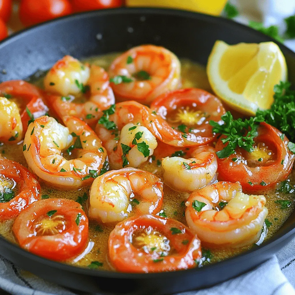 - 1 lb large shrimp, peeled and deveined - 4 tablespoons unsalted butter - 6 cloves garlic, minced - 1 teaspoon smoked paprika - 1/2 teaspoon red pepper flakes - Salt and black pepper to taste - 1 lemon (zested and juiced) - 1/4 cup fresh parsley, chopped - 1 cup cherry tomatoes, halved - 1 tablespoon olive oil The main ingredients for this dish create a rich and savory flavor. Start with a pound of large shrimp, which gives you a hearty serving. Next, you need four tablespoons of unsalted butter. This butter adds richness and helps the garlic cook perfectly. Garlic is key for flavor, so use six cloves, minced. The smoked paprika adds a warm, smoky taste, while the red pepper flakes give a mild kick. Adjust the flakes as needed for your spice level. For seasoning, salt and black pepper enhance the dish. The zest and juice of one lemon brighten the flavors. Fresh parsley adds a pop of color and freshness. You’ll also need a cup of halved cherry tomatoes for sweetness and texture. Finally, one tablespoon of olive oil helps cook the garlic and shrimp evenly. These ingredients work together to create a dish that is both simple and rich in flavor. To start, pat the shrimp dry with paper towels. This helps them sear nicely. Next, season the shrimp with salt, black pepper, and smoked paprika. This mix gives them great flavor. Set them aside while you prepare the other ingredients. Now, heat a large skillet over medium heat. Add the butter and olive oil. Wait until the butter melts and bubbles up. Then, add the minced garlic and red pepper flakes. Stir this mix for about 1-2 minutes. You want the garlic fragrant but not browned. Next, add the seasoned shrimp into the skillet. Cook them for about 2-3 minutes on one side. Look for them to turn pink. Flip the shrimp over and cook for another 2-3 minutes. They should be pink on both sides when done. It's time to add some freshness. Toss in the halved cherry tomatoes and the lemon juice. Stir gently to mix everything. Cook this for another 2-3 minutes. You want the tomatoes to soften. Finally, take the skillet off the heat. Stir in the lemon zest and chopped parsley. Mix everything well so the flavors combine. Now, you're ready to serve! Spoon the shrimp and sauce onto a serving platter or into bowls. Enjoy the amazing taste! - Avoid overcooking shrimp for optimal tenderness. Cook them just until they turn pink. - Adjust spice level to taste. Use more or less red pepper flakes as you prefer. - Pair the shrimp with crusty bread or serve it over rice. Both options soak up the sauce well. - Add fresh lemon wedges for extra flavor. The brightness of lemon enhances the shrimp. - Use a large skillet for even cooking. A non-stick skillet also works well. - Essential utensils include a spatula and a good knife for prep work. A citrus juicer is handy for the lemon juice too. {{image_2}} You can change up the seafood or protein in this dish. Shrimp is great, but try scallops or fish instead. You can even use chicken if you prefer. Using different herbs and spices can really change the flavor. Basil or cilantro can add a fresh note. Try thyme for a warm taste. To make this dish gluten-free, you don’t need to change much. Just check your butter for gluten. This recipe is low-carb too. It fits well into a low-carb meal plan. For a vegan option, swap shrimp with mushrooms or tofu. Use vegan butter instead of regular butter. Your dish will still shine with flavor. If you want a spicy kick, add more red pepper flakes. You can also try jalapeños for more heat. Experiment with citrus fruits like lime or orange. Lime juice adds a zesty touch. Orange zest can bring a sweet flavor that pairs nicely with shrimp. To store leftovers, place the shrimp in an airtight container. This keeps them fresh. Make sure to cool the shrimp before sealing. You can store the shrimp in the fridge for up to three days. After three days, the shrimp may lose their taste. When you want to reheat the shrimp, use a skillet. Heat it over medium-low heat to avoid overcooking. Add a splash of water or broth to keep them moist. Stir gently to maintain texture and flavor. Avoid microwave reheating, as it can make shrimp rubbery. To freeze cooked shrimp, let them cool completely. Place the shrimp in a freezer-safe bag. Remove as much air as possible before sealing. They can last in the freezer for up to three months. For best results, thaw shrimp in the fridge overnight. This helps keep their quality. It takes about 4 to 6 minutes to cook shrimp. You cook them for 2 to 3 minutes on each side. When they turn pink and opaque, they are done. The time may vary based on the size of the shrimp. Yes, you can use frozen shrimp. Just make sure to thaw them first. Place them in cold water for about 15 to 20 minutes. This helps them cook evenly and keeps them juicy. You can serve this shrimp with many sides. Here are some great options: - Crusty bread to soak up the sauce - Cooked rice for a hearty meal - Steamed vegetables for a fresh touch - Pasta for a filling dish You can tell shrimp are fully cooked when they turn pink and curl slightly. They should also be opaque in color. If you cut one open, it should be white and firm, not translucent. It's best to avoid overcooking to keep them tender. This blog post shared a simple shrimp recipe packed with flavor. We discussed the key ingredients, cooking steps, and some tips for the best results. I highlighted fun variations and how to store leftovers too. Remember, cooking shrimp is quick, so keep an eye on them. Feel free to get creative with spices or sides. Enjoy your savory garlic butter shrimp, and share this recipe with friends. They will thank you!