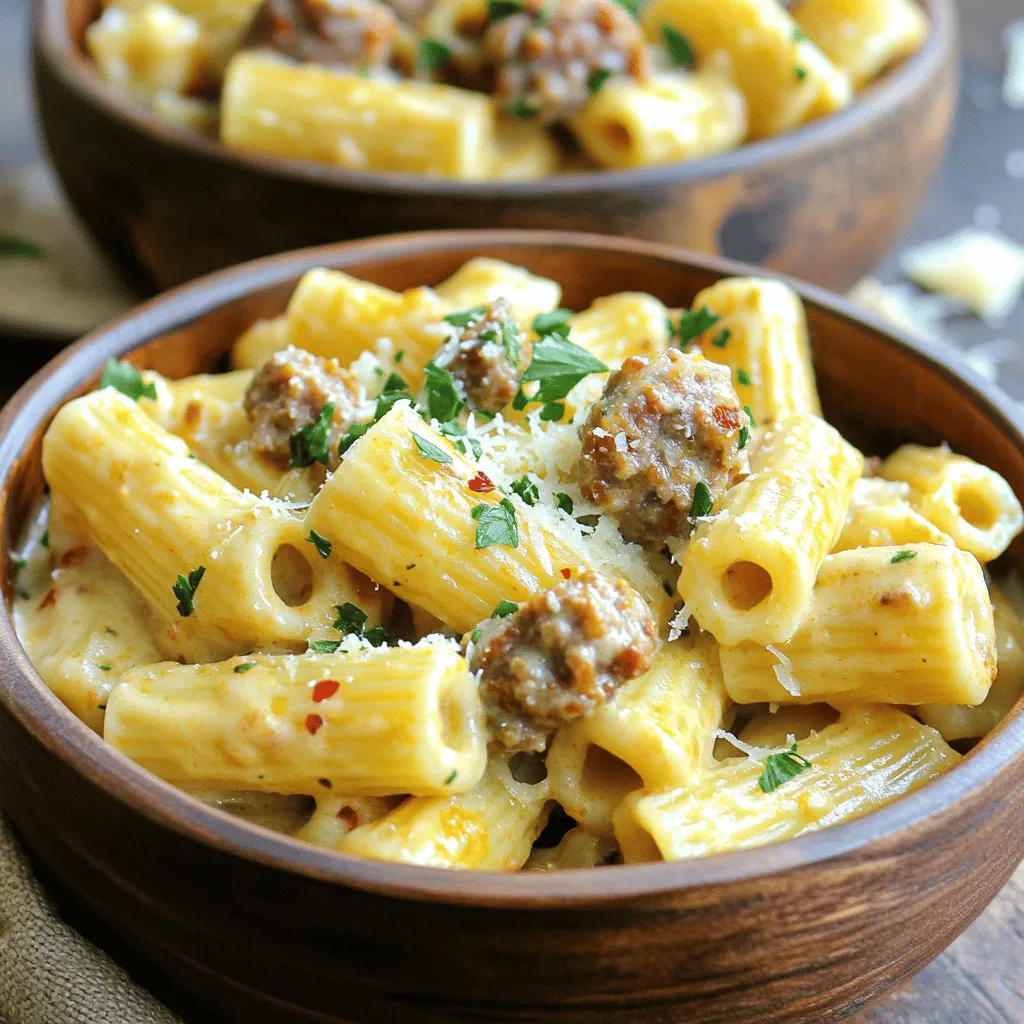 When I make Creamy Italian Sausage Rigatoni, I gather these simple ingredients: - 12 oz rigatoni pasta - 1 lb Italian sausage (mild or spicy, your choice) - 1 tablespoon olive oil - 1 small onion, finely chopped - 3 cloves garlic, minced - 1 cup heavy cream - 1 cup grated Parmesan cheese - 1 teaspoon Italian seasoning - 1/2 teaspoon red pepper flakes (optional) - Fresh parsley, chopped for garnish - Salt and pepper to taste Each ingredient plays a key role in building flavor. The rigatoni provides a hearty base. Italian sausage brings savory depth, and olive oil adds richness. Onion and garlic create a fragrant start. Heavy cream makes the sauce silky and smooth. Parmesan cheese gives it a nutty twist. Italian seasoning and red pepper flakes enhance the dish's flavor. Fresh parsley adds color and freshness. Salt and pepper round out this delicious meal. Gathering these ingredients gets you ready for a fun cooking adventure. Enjoy picking the best ones! First, grab a large pot and fill it with water. Add a good amount of salt to the water. This makes the pasta taste better. Bring the water to a rolling boil. Once it boils, add the rigatoni. You want to cook it for about 10-12 minutes. Stir it occasionally. Check the package for exact time. You want the pasta to be al dente. This means it should be firm but cooked. Drain the pasta but keep 1/2 cup of the water. Set the pasta aside. Next, heat a large skillet over medium heat. Add a tablespoon of olive oil to the skillet. Once hot, add the Italian sausage. Use a wooden spoon to break it apart. Cook the sausage until it turns brown, about 5-7 minutes. Make sure it cooks all the way through. When done, remove the sausage from the skillet and set it aside. Now, in the same skillet, add the chopped onion. Sauté the onion until it looks soft, about 3-4 minutes. Then, add minced garlic and cook for another minute. You want the garlic to smell nice. Next, pour in 1 cup of heavy cream. Stir it well. Gradually add 1 cup of grated Parmesan cheese. Also add 1 teaspoon of Italian seasoning and 1/2 teaspoon of red pepper flakes if you like heat. Stir until the cheese melts and the sauce is creamy. Time to combine everything! Add the cooked rigatoni and sausage back into the skillet. Toss everything together so the pasta and sausage get coated in the sauce. If the sauce is too thick, add some of the reserved pasta water. You want it to be just right. Season with salt and pepper to taste. Let it sit for a couple of minutes before serving. Enjoy your creamy Italian sausage rigatoni! To get the right sauce texture, use heavy cream. It makes the sauce thick and rich. Stir the cream slowly while adding cheese. This helps to avoid clumps. Common mistakes include cooking on high heat or not stirring enough. High heat can scorch the sauce. If you see lumps, whisk it well. To boost flavor, add more seasonings. Italian seasoning is a great start. Fresh herbs like basil or oregano can add depth. Red pepper flakes add heat, but use them sparingly. For garnishing, top your dish with extra Parmesan and fresh parsley. This makes the dish look vibrant and fresh. You can customize spice levels easily. If you want more heat, add extra red pepper flakes. For a milder dish, skip them entirely. Alternative ingredients can also help. Try chicken sausage for a lighter option or add spinach for more greens. These swaps keep the meal exciting and tasty. {{image_2}} You can swap the Italian sausage for chicken or turkey. This change keeps the dish light but still packed with flavor. Ground chicken or turkey works well. Just adjust the cooking time to ensure it cooks through. For those who want vegetarian options, try using mushrooms or lentils. Both add a hearty texture. You can also use plant-based sausage for a similar taste without meat. Adding vegetables can boost nutrients and flavor. Consider spinach, zucchini, or bell peppers. Sauté them with the onions for a tasty mix. You can also try sun-dried tomatoes for a burst of flavor. When it comes to cheese, Parmesan is classic, but you can experiment too. Try adding mozzarella for extra creaminess or goat cheese for tang. Each choice changes the dish in a fun way. Pair your rigatoni with a fresh salad. A simple green salad or a Caesar salad adds crunch and balance. Garlic bread is also a great side. It’s perfect for soaking up the creamy sauce. For a twist, consider baking the rigatoni. After mixing with sauce, transfer it to a baking dish. Top with more cheese and bake until bubbly. This method creates a tasty, crispy top. Enjoy your delicious meal! To store your creamy Italian sausage rigatoni, let it cool first. Place it in an airtight container. This method keeps the food fresh. You can refrigerate it for up to three days. Make sure to eat it within this time for the best taste. To reheat, the best method is the stovetop. Use a skillet over medium heat. Add a splash of water or cream to keep the sauce creamy. Stir it gently until hot. Avoid using the microwave if possible, as it can make the sauce grainy. You can freeze this dish for longer storage. First, let it cool completely. Then, place it in a freezer-safe container. Make sure to leave some space for expansion. It can last for up to three months in the freezer. To thaw, move it to the fridge overnight. You can also use the microwave on low. This way, it heats evenly and stays creamy. Enjoy your flavorful meal later on! The best sausage for rigatoni is Italian sausage. You can choose mild or spicy, depending on your taste. Mild sausage gives a rich flavor without much heat. Spicy sausage adds a nice kick that complements the creamy sauce. Look for high-quality sausage with herbs and spices for the best taste. Yes, you can use other pasta shapes. Penne or fusilli work well, too. Cooking times may change slightly. For penne, cook for about 11-13 minutes. For fusilli, check at 8-10 minutes. Make sure to test for al dente texture. To make this dish lighter, use turkey sausage instead of pork sausage. You can also substitute heavy cream with half-and-half. This reduces calories without losing too much flavor. Using less cheese helps cut back on fat as well. Several sides balance well with this rich dish. A simple green salad with vinaigrette is refreshing. Garlic bread is a classic choice, adding crunch and flavor. Roasted vegetables also complement the meal nicely, providing extra nutrients and color. This blog post covered how to make Creamy Italian Sausage Rigatoni, from ingredients to storage. You learned about the right pasta, how to prepare the sausage, and how to make the perfect sauce. Remember, you can customize this dish to suit your taste. Whether you add veggies or change the meat, the goal is great flavor. Enjoy your cooking, and share this tasty recipe with others! Happy eating!