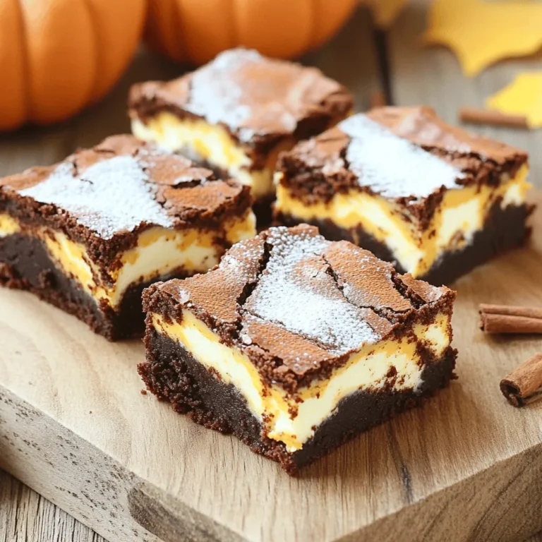 - 1 cup pumpkin puree - 1 cup granulated sugar - 1/2 cup brown sugar - 1/2 cup vegetable oil - 2 large eggs - 1 1/4 cups all-purpose flour - 1/2 cup unsweetened cocoa powder - 1 teaspoon baking powder - 1 teaspoon ground cinnamon - 1/2 teaspoon ground nutmeg - 1/2 teaspoon ground ginger - 1/4 teaspoon salt - 8 oz cream cheese, softened - 1/4 cup powdered sugar - 1 tablespoon milk The key to making great Pumpkin Spice Cream Cheese Brownies lies in the ingredients. Each component plays a role in the flavor and texture. - Pumpkin puree gives moisture and a rich taste. It also brings autumn vibes. - Granulated and brown sugar add sweetness. Brown sugar gives a deeper flavor due to its molasses content. - Vegetable oil keeps the brownies soft and moist. It helps blend the ingredients well. - Eggs act as binders. They provide structure and richness to the brownies. - All-purpose flour is the base. It gives the brownies their body. - Cocoa powder adds that luscious chocolate flavor, balancing the pumpkin. - Baking powder helps the brownies rise. It creates that perfect soft texture. - Spices like cinnamon, nutmeg, and ginger add warmth and depth. They enhance the fall flavor. - Salt is important. It balances the sweetness and enhances all flavors. For the cream cheese layer, you'll need: - Cream cheese adds richness and a creamy texture. It creates a lovely contrast. - Powdered sugar sweetens the cream cheese without adding graininess. - Milk thins the cream cheese mixture. It makes it easy to spread. - Whipped cream - Pumpkin pie spice Garnishes like whipped cream and pumpkin pie spice can elevate your brownies. They create a beautiful finish and add extra flavor. Enjoy customizing your treats! - Preheat your oven to 350°F (175°C). - Grease a 9x13 inch baking pan or line it with parchment paper. - In a large bowl, combine the pumpkin puree, granulated sugar, brown sugar, vegetable oil, eggs, and vanilla extract. - Whisk until smooth and well mixed. - In another bowl, whisk together the flour, cocoa powder, baking powder, cinnamon, nutmeg, ginger, and salt. - Gradually add the dry ingredients to the wet mixture. Stir gently until just combined. - Be careful not to overmix. - In a small bowl, beat the softened cream cheese, powdered sugar, and milk until creamy and smooth. - Pour half of the brownie batter into the prepared pan. Spread it evenly with a spatula. - Spoon dollops of the cream cheese mixture over the brownie batter. Spread gently for a marbled look. - Pour the remaining brownie batter over the cream cheese layer. Use a knife to swirl the layers for a beautiful effect. - Bake in the preheated oven for 30-35 minutes. Check doneness by inserting a toothpick. It should come out mostly clean with a few moist crumbs. Avoiding overmixing Mixing too much can ruin the texture. Stir just until the dry and wet ingredients blend. You want a few lumps to keep them soft and chewy. Using room temperature ingredients Let your eggs and cream cheese sit out before you start. Room temperature ingredients mix better and create a smoother batter. This step helps the brownies bake evenly. Importance of checking oven temperature An oven thermometer is your best friend. Ovens can be off by quite a bit. If your oven runs hot, your brownies may burn. If it runs cool, they may not cook through. Recommended pan sizes for baking Use a 9x13 inch pan for even baking. This size gives the brownies the right thickness. If you want thicker brownies, use an 8x8 inch pan but adjust the baking time. Ideas for serving and garnishing Serve brownies on a wooden board for a rustic touch. Dust with powdered sugar for a sweet look. Add whipped cream and pumpkin pie spice for extra flair. Creating an appealing visual with layers When you cut the brownies, show off the marbling. The cream cheese layer creates a beautiful contrast. Arrange the slices neatly to highlight this stunning effect. {{image_2}} You can make these brownies even more delightful by adding chocolate chips. Just fold in about a cup of semi-sweet or dark chocolate chips to the batter. They melt into gooey pockets of goodness. The extra richness pairs well with the pumpkin spice. Incorporating nuts is another great way to boost flavor. Chopped walnuts or pecans add a nice crunch. Sprinkle about half a cup into the batter for an extra layer of texture. You can also use a mix of nuts for a unique taste. If you're following a gluten-free diet, you can swap the all-purpose flour for a gluten-free blend. Look for blends that include xantham gum for the best results. This keeps your brownies soft and chewy. Always check the labels to ensure your ingredients are gluten-free. For a vegan option, replace the eggs with flax eggs. To make one flax egg, mix one tablespoon of ground flaxseed with three tablespoons of water. Let it sit for five minutes. Use plant-based milk in place of regular milk for the cream cheese layer. This keeps the texture creamy and delicious. In winter, you might want to try white chocolate variations. Swapping some cocoa powder for white chocolate chips creates a different flavor. This gives a sweet contrast to the pumpkin spice. You can also swap the pumpkin for other ingredients. Try using mashed bananas or applesauce for a fruity twist. Both options keep the brownies moist and add a unique taste. Experiment with different flavors to find your favorite! To keep your pumpkin spice cream cheese brownies fresh, store them properly. First, let the brownies cool completely. Then, you can store them in an airtight container. If you have space in your fridge, place them there. They will stay fresh for about a week. For longer storage, use the freezer. Wrap the brownies tightly in plastic wrap. Then, place them in a freezer-safe bag or container. This way, they can last for up to three months. When you want to enjoy them again, just thaw them in the fridge overnight. Reheating brownies is simple. You can use the microwave or the oven. If you use the microwave, place one brownie on a plate. Heat it for about 10-15 seconds. This method warms the brownie without drying it out. If you prefer the oven, preheat it to 350°F (175°C). Wrap the brownie in foil to keep it moist. Heat it for about 5-10 minutes. This way, your brownie will warm up and stay soft. Enjoy your delicious treat! Yes, you can use fresh pumpkin. Just cook and puree it first. This gives a nice flavor. Fresh pumpkin may have more moisture. Drain it if needed to avoid soggy brownies. To reduce sweetness, cut back on the sugar. Use 3/4 cup of granulated sugar instead. You can also add a pinch of salt to balance the flavors. Try adding dark cocoa powder for a richer taste. You can use Greek yogurt as a substitute for cream cheese. It gives a similar tangy flavor with less fat. Silken tofu can also work well. Blend it until smooth for a creamy texture. Check the brownies at 30 minutes. Insert a toothpick in the center. If it comes out with a few moist crumbs, they are done. If the toothpick is wet with batter, bake for a few more minutes. Yes, you can make these brownies in advance. Store them in an airtight container. They keep well in the fridge for up to five days. You can also freeze them for longer storage. Just thaw before serving. These brownies blend pumpkin and chocolate, creating a delicious treat. We covered ingredients, step-by-step baking, and tips to perfect your brownies. Try adding nuts or chocolate chips for fun twists. Store leftovers with care to keep them fresh. With this guide, you can enjoy tasty brownies anytime. Baking these treats will wow your family and friends. Happy baking!