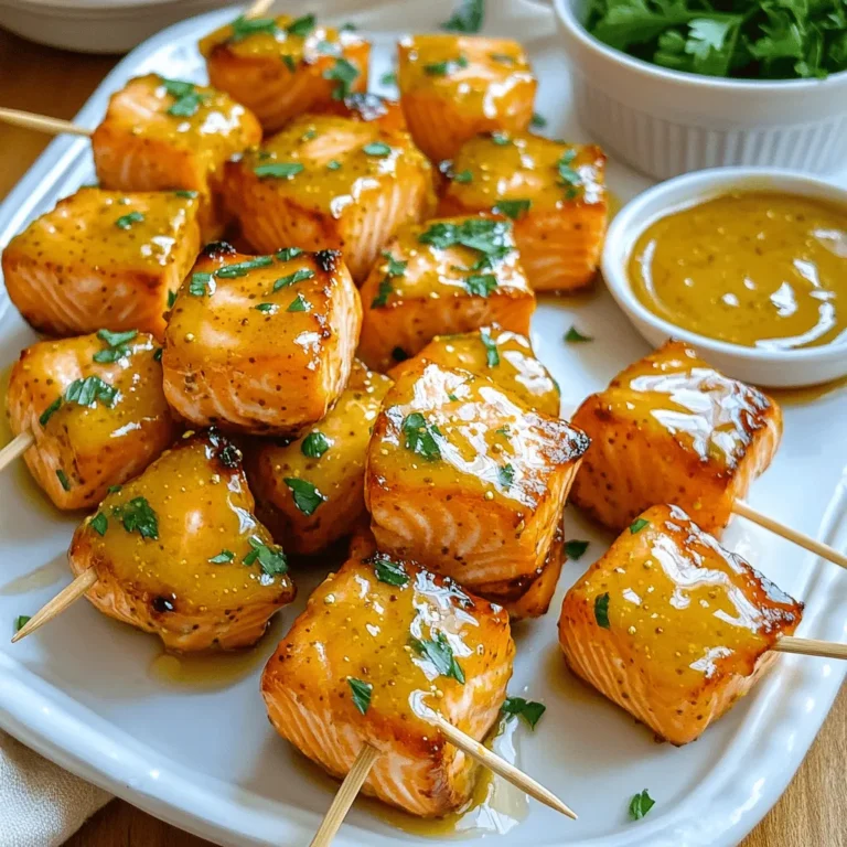 To make Air Fryer Honey Mustard Salmon Bites, you need simple and fresh ingredients. Here’s what you will need: - 1 pound fresh salmon fillet, skinless and boneless, cut into bite-sized cubes - 3 tablespoons honey - 2 tablespoons Dijon mustard - 1 tablespoon olive oil - 1 teaspoon garlic powder - 1 teaspoon smoked paprika - Salt and pepper to taste - Fresh parsley, chopped (for garnish) When choosing salmon, I suggest going for fresh, skinless fillets. Wild-caught salmon is my favorite. It has a great taste and is better for the environment. Atlantic salmon is also good. It is rich in omega-3 fatty acids. If you can’t find fresh salmon, frozen salmon works too. Just make sure to thaw it well before use. You can swap out honey for other sweeteners. Maple syrup or agave nectar works well. For mustard, you can try yellow mustard if you prefer a milder taste. If you want a kick, you can use spicy brown mustard. This keeps the dish versatile. Feel free to get creative with flavors that you enjoy! Start by gathering your ingredients. You will need honey, Dijon mustard, olive oil, garlic powder, smoked paprika, salt, and pepper. In a medium bowl, whisk together these items until they blend well. This step is important. The honey adds sweetness, while the mustard gives a nice tang. The garlic powder and smoked paprika add depth and flavor. Once mixed, you have a shiny marinade ready for the salmon. Next, cut your salmon fillet into bite-sized cubes. Make sure they are all about the same size for even cooking. Place the salmon cubes into the bowl with the marinade. Gently toss the salmon in the marinade to coat all sides. Let the salmon sit for about 15 minutes. This allows the flavors to soak in. If you have time, you can marinate it longer for even more taste. Now, it's time to cook! Preheat your air fryer to 400°F (200°C) for about 5 minutes. This step ensures that the salmon cooks evenly. After preheating, place the marinated salmon bites in the air fryer basket. Make sure they are in a single layer. Avoid overcrowding the basket for the best results. Air fry the salmon for 8 to 10 minutes. Check them halfway through and shake the basket. This helps them cook evenly. When they are done, the salmon will look crispy and golden. Remove them and sprinkle fresh chopped parsley on top for a bright finish. Preheating your air fryer is key. It helps cook the salmon bites evenly. Set your fryer to 400°F (200°C) for about 5 minutes. This step ensures a crispy outside. To cook your salmon bites evenly, do not overcrowd the basket. Place the marinated salmon cubes in a single layer. This allows hot air to flow around each piece. Shake the basket halfway through cooking. This simple step helps all sides get that perfect crisp. You can boost the flavor of your salmon bites. Try adding a splash of lemon juice for brightness. Fresh herbs like dill or thyme work well too. For a kick, add some red pepper flakes. Mix them in with the marinade for extra zing. Enjoy experimenting with your favorite flavors and spices! {{image_2}} If you like heat, try adding chili powder to the honey mustard mix. Just one teaspoon gives it a nice kick. You can also add a dash of hot sauce to the marinade. This spicy twist makes the salmon bites pop with flavor! Serve with a cooling dip, like yogurt or sour cream, to balance the heat. To make this dish a full meal, add vegetables to the air fryer. Bell peppers, zucchini, and asparagus work well. Cut them into bite-sized pieces and toss them with a bit of olive oil, salt, and pepper. Place them in the air fryer with the salmon. They will cook in the same time and soak up the tasty honey mustard flavor! Not a fan of salmon? No problem! You can use chicken or tofu instead. For chicken, cut it into small cubes and marinate the same way. For tofu, press it first to remove excess water, then cube and coat it in the marinade. Both options will give you delicious bites that are just as easy to make! To store your leftover salmon bites, let them cool first. Place them in an airtight container. This keeps them fresh and tasty. You can store them in the fridge for up to three days. Reheating is simple and quick. Preheat your air fryer to 350°F (175°C). Place the salmon bites in the basket. Heat them for about 3-5 minutes. This will make them warm and crispy again. Avoid the microwave; it can make them soggy. You can freeze the salmon bites too. First, let them cool completely. Then, place them in a freezer-safe bag or container. Remove as much air as possible to prevent freezer burn. They will stay fresh for up to three months. To use frozen salmon bites, thaw them in the fridge overnight before reheating. You should cook salmon bites in an air fryer for 8 to 10 minutes. This time gives you a crispy outside and a tender inside. Always check the salmon for doneness. It should flake easily with a fork. If it needs more time, add a minute or two. Yes, you can use frozen salmon, but it’s best to thaw it first. Thaw the salmon in the fridge overnight for the best results. After thawing, cut it into bite-sized cubes. Then, follow the same steps in the recipe. Cooking time may slightly increase if not fully thawed. These salmon bites pair well with many sides. Here are some great options: - Fresh salad with mixed greens - Steamed broccoli or asparagus - Rice or quinoa for a hearty meal - Crispy sweet potato fries - Toasted baguette slices with a spread Enjoy mixing and matching your sides to create a tasty meal! This blog post covered the key ingredients and steps to make tasty honey mustard salmon bites. We discussed the best salmon options, possible substitutions, and how to prepare the marinade effectively. You now know how to get the perfect cook in your air fryer. For even more delicious bites, try out the variations and follow the storage tips. With these tips, your meals can be both flavorful and convenient. Experiment, enjoy, and make this recipe your own!