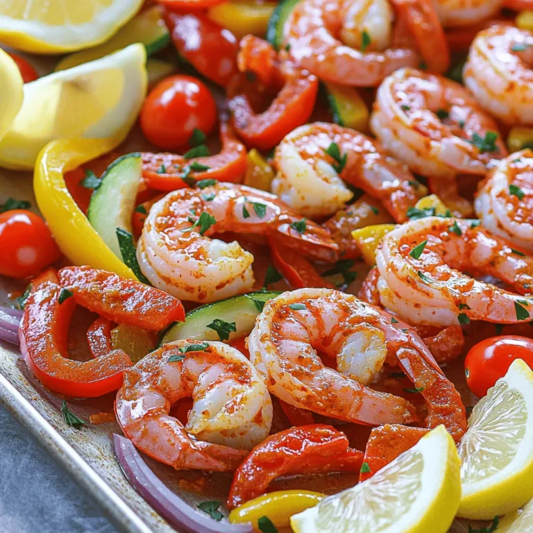 - 1 lb shrimp, peeled and deveined - 1 red bell pepper, sliced - 1 zucchini, sliced - 1 cup cherry tomatoes, halved - 1 red onion, sliced - 3 tablespoons harissa paste - 2 tablespoons olive oil - 1 teaspoon smoked paprika - Salt and pepper to taste The shrimp are the star of this dish. They cook quickly and soak up the flavors well. I love using large, fresh shrimp for their nice texture. For the veggies, I pick a mix that adds color and taste. Red bell pepper and zucchini bring crunch, while cherry tomatoes add sweetness. Red onion gives a nice bite. Harissa paste is key here. It packs a spicy punch and adds depth. I blend it with olive oil and smoked paprika for a rich marinade. The smoked paprika gives a hint of earthiness, while salt and pepper enhance all the flavors. - Fresh parsley, chopped - Lemon wedges Garnishes make a meal pop. Fresh parsley adds a bright touch. I love how it contrasts with the warm dish. Lemon wedges bring a zesty kick. A squeeze of lemon right before serving brightens up the entire plate. These ingredients come together to create a flavorful dinner that’s both simple and rewarding. 1. Preheating the oven Start by preheating your oven to 400°F (200°C). This heat helps cook the shrimp and veggies just right. 2. Preparing the marinade In a large bowl, mix together the harissa paste, olive oil, smoked paprika, salt, and pepper. Stir well until combined. This marinade packs flavor into the shrimp. Next, add the shrimp, tossing them to coat evenly. Let them sit for about 10 minutes. This wait time helps the shrimp soak up all the tasty spices. 1. Arranging vegetables Grab a large sheet pan. Spread the sliced red bell pepper, zucchini, red onion, and halved cherry tomatoes across the pan in a single layer. Drizzle them with some olive oil and sprinkle with salt and pepper. This mix of colors and flavors makes the dish appealing. 2. Baking process and timing Now, place the marinated shrimp on top of the veggies in a single layer. Slide the pan into your preheated oven. Bake for 12 to 15 minutes. The shrimp will turn pink and cook through while the veggies become tender and slightly charred. Once done, carefully remove the pan from the oven and let it cool for a couple of minutes. Enjoy your meal! Marinating shrimp is key. It adds flavor and makes the shrimp tender. Use harissa paste for a spicy kick. I let my shrimp marinate for about 10 minutes. This gives time for the flavors to soak in. To tell when shrimp is done, look for color. Perfectly cooked shrimp turn pink. They also curl into a C shape. Avoid overcooking. Overcooked shrimp become rubbery. Keep an eye on the time; 12-15 minutes in the oven works well. Choosing the best vegetables makes a big difference. I love using red bell peppers, zucchini, cherry tomatoes, and red onions. They add color and flavor. Look for fresh, firm veggies. This means better taste and texture. When cutting veggies, aim for even sizes. This helps them cook at the same rate. I slice bell peppers and onions into thin strips. Zucchini should be cut into half-moons. Cherry tomatoes can stay halved. This way, everything cooks perfectly, and you enjoy every bite. {{image_2}} If you want to mix things up, you can swap out the veggies. Try using: - Broccoli florets - Asparagus spears - Carrots, sliced thin - Eggplant, cubed These veggies add their own flavor and texture. Each will bring a new twist to the dish. You can also choose different proteins. Instead of shrimp, try: - Chicken breast, cut into cubes - Firm tofu, for a plant-based option - Scallops, which cook quickly These options let you enjoy the recipe, no matter your diet. Harissa varies in heat. You can adjust how spicy the dish gets. To make it milder, use less harissa paste. A tablespoon less can calm the heat. If you want more spice, add an extra tablespoon. For an even bolder flavor, mix in cayenne pepper or crushed red pepper flakes. You can also add sweet spices. Try a pinch of cinnamon or a touch of honey. These flavors balance the heat and make it more complex. Enjoy the freedom to play with the spices! To keep your leftover shrimp and veggies fresh, use these tips: - Refrigeration guidelines: Place leftovers in an airtight container. They stay good in the fridge for up to 2 days. Make sure to cool them before sealing the container. - Freezing options: You can freeze leftovers for longer storage. Use freezer-safe bags or containers. They are best used within 2 months. Label the bags with the date so you can track them. For the best flavor and texture, follow these methods: - Best methods for reheating shrimp and veggies: Use the oven or a skillet. Preheat your oven to 350°F (175°C). Spread the leftovers on a baking sheet. Heat for about 10 minutes. If using a skillet, add a splash of olive oil and warm them over medium heat for 5-7 minutes. - Maintaining texture and flavor: Avoid the microwave if you can. Microwaving can make shrimp rubbery. Reheating slowly helps keep your meal tasty and fresh. Can I use frozen shrimp? Yes, you can use frozen shrimp. Just make sure to thaw them first. Place the shrimp in a bowl of cold water for about 15-20 minutes. Rinse and pat them dry before using. This helps the marinade stick well. What side dishes pair well with this recipe? This dish goes great with rice or couscous. You can also serve it with a fresh salad. A simple green salad with lemon vinaigrette works well. Garlic bread is another nice choice for soaking up flavors. How long to bake the shrimp? Bake the shrimp for 12-15 minutes at 400°F (200°C). They should turn pink and curl slightly when done. Keep an eye on them to avoid overcooking. Can I cook this on a grill instead of the oven? Yes, grilling is a great option! Preheat your grill and use skewers for the shrimp and veggies. Grill for about 8-10 minutes. This adds a nice smoky flavor to your dish. This blog post covered how to create a tasty shrimp and vegetable dish. We explored the main ingredients, like shrimp, vegetables, and harissa. You learned step-by-step instructions for cooking, tips for perfect shrimp, and variations to try. Storing leftovers and reheating techniques were also discussed. Food should be fun and flavorful. With these tips, you can make a delicious meal that fits your taste. Enjoy cooking and experimenting with your ingredients!