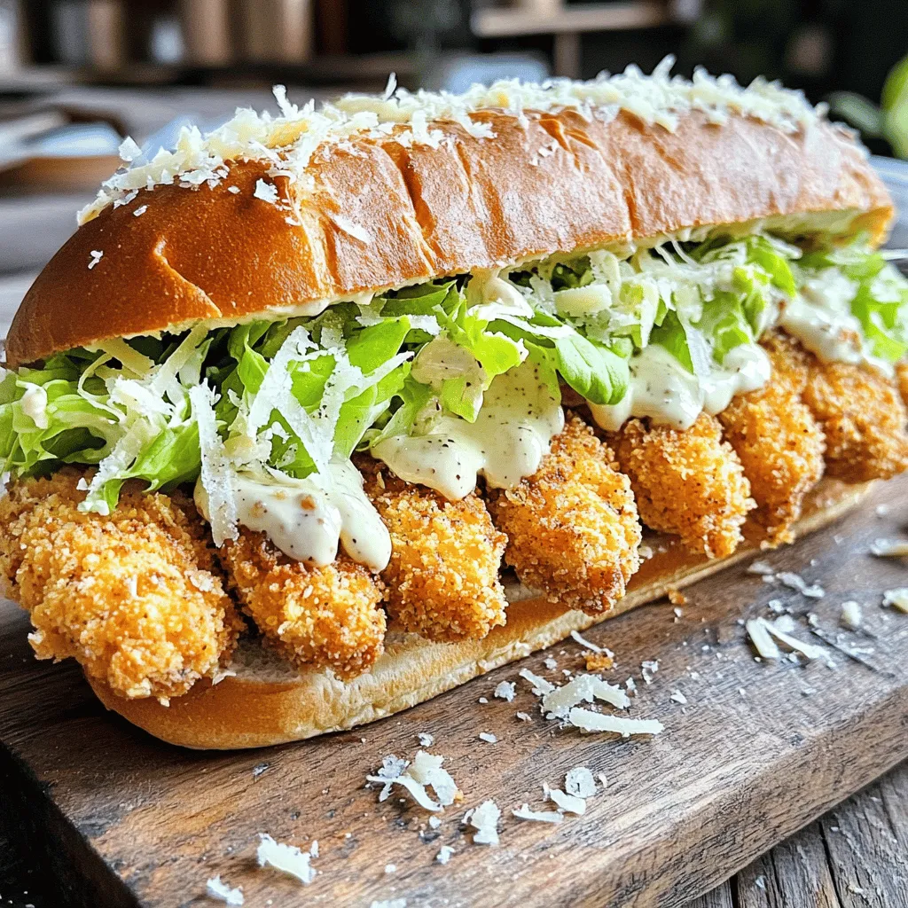 - 2 boneless, skinless chicken breasts - 1 cup buttermilk - Salt and pepper to taste - 1 cup panko breadcrumbs - 1/2 cup grated Parmesan cheese - 1 teaspoon garlic powder - 1 teaspoon paprika - 4 whole grain sandwich rolls - 2 cups romaine lettuce, shredded - 1/4 cup Caesar dressing - Extra Parmesan for garnish - Olive oil for frying For the chicken, start with two boneless, skinless breasts. Soaking them in buttermilk makes them juicy and flavorful. Add salt and pepper to taste. The breading needs panko breadcrumbs for crunch. Mix in grated Parmesan cheese, garlic powder, and paprika. This blend gives great flavor. For the sandwich assembly, grab four whole grain rolls. You will need shredded romaine lettuce, Caesar dressing, and extra Parmesan for a tasty finish. Don't forget the olive oil for frying. This oil helps the chicken get crispy and golden. Start by marinating the chicken. Place the two chicken breasts in a bowl. Pour in the buttermilk. Let the chicken soak for at least 30 minutes. This step makes the chicken tender and flavorful. While waiting, you can prepare the breading mix. Next, make the breading. In a shallow dish, combine panko breadcrumbs, grated Parmesan cheese, garlic powder, paprika, salt, and pepper. Mix well to blend all the flavors. Remove each chicken breast from the buttermilk. Let the excess buttermilk drip off. Dredge the chicken in the breadcrumb mixture. Press down so the crumbs stick well on all sides. Now, it’s time to cook the chicken. Heat a skillet over medium heat. Add enough olive oil to cover the bottom of the skillet. Once the oil is hot, carefully add the breaded chicken breasts. Cook for 5 to 7 minutes on each side. Look for a golden-brown color. The chicken should reach an internal temperature of 165°F to ensure it is fully cooked. Finally, assemble your sandwich. Slice the whole grain sandwich rolls in half. Spread a spoonful of Caesar dressing on each side. Place a crispy chicken breast on the bottom half. Top it with a handful of shredded romaine lettuce. Drizzle more Caesar dressing on top if you'd like. Sprinkle extra Parmesan cheese for added flavor. Close the sandwich with the top half of the roll. Enjoy your delicious creation! To get that perfect crunch, use panko breadcrumbs. They are light and crispy. Mix them with grated Parmesan, garlic powder, and paprika for extra flavor. Press the breadcrumbs onto the chicken firmly. This helps them stick better during frying. Make sure your oil is hot enough before adding the chicken. This gives a nice golden crust. Fry in batches if needed. Overcrowding the pan can lead to soggy chicken. Marinate the chicken in buttermilk for at least 30 minutes. This helps tenderize the meat and adds flavor. You can marinate longer, even overnight, for deeper flavor. If you don’t have buttermilk, mix milk with lemon juice or vinegar. Let it sit for a few minutes to sour. This is a great substitute. Always shake off excess marinade before breading. This prevents the chicken from becoming too wet. Serve the Crispy Chicken Caesar Sandwich warm for the best taste. A side of sweet potato fries pairs well. You can also add a light salad for a fresh touch. For a fun twist, cut the sandwich in half and use toothpicks to hold it together. This makes it easy to share. Presentation matters, so serve it on a rustic wooden board for a casual vibe. Don’t forget to sprinkle extra Parmesan on top for a finishing touch! {{image_2}} You can switch up the bread to fit your taste. Use a soft brioche roll for a rich flavor. A ciabatta roll adds a nice crunch and airy texture. If you want a healthier option, try whole grain or sourdough. Each bread type gives a unique twist to your crispy chicken Caesar sandwich. Play with different shapes too! A baguette makes a fun, shareable version. Add toppings to make your sandwich even better! Sliced tomatoes bring freshness and color. Crispy bacon adds a savory crunch. Avocado adds creaminess and healthy fats. You can mix in some pickled red onions for a tangy bite. For spice lovers, jalapeños or hot sauce can kick up the heat. Get creative! Each topping can change the flavors and textures in amazing ways. While Caesar dressing is classic, you can try other sauces too. Ranch dressing is creamy and goes well with chicken. A garlic aioli adds a gourmet touch, full of flavor. If you want something lighter, a yogurt-based dressing works great. For a spicy kick, try a chipotle mayonnaise. Each sauce brings a new taste to your sandwich, making it exciting every time you enjoy it! To keep your Crispy Chicken Caesar Sandwich fresh, store leftovers in the fridge. Place the sandwich in an airtight container. You can also wrap it tightly in plastic wrap or foil. This way, it stays fresh for up to three days. When you're ready to enjoy your leftovers, heat them back up. You can use a skillet or an oven for best results. In a skillet, heat on medium-low for about 5 minutes on each side. If you use an oven, preheat it to 350°F. Place the sandwich on a baking sheet and warm it for about 10 minutes. This keeps the chicken crispy. If you want to store your sandwich for a longer time, freezing is a great option. Wrap the sandwich tightly in plastic wrap and then in foil. Label it with the date. You can freeze it for up to two months. To eat, thaw it in the fridge overnight, then reheat as mentioned above. This way, you can enjoy your crispy chicken sandwich any time! You can use plain yogurt or milk with lemon juice. Mix one cup of milk with one tablespoon of lemon juice. Let it sit for five minutes. This gives you a similar taste and thickness. You can also use milk and vinegar in the same way. You can keep this sandwich in the fridge for up to three days. Wrap it well in plastic wrap or foil. This keeps it fresh. However, the bread may get a bit soggy. It’s best to eat it fresh. Yes, you can prep the chicken and breading ahead of time. Marinate the chicken in buttermilk. Coat it in breadcrumbs, and store it in the fridge. Fry it just before serving to keep it crispy. You can also chop the lettuce and mix the dressing in advance. Some great side dishes include sweet potato fries or a light salad. You can also serve it with coleslaw for a crunchy contrast. A side of fruit can add a nice touch, too. Try pairing it with a refreshing drink like lemonade or iced tea. This blog covers how to make a Crispy Chicken Caesar Sandwich. We looked at the key ingredients, from chicken to breading. I shared the steps for preparing, cooking, and assembling the sandwich. You learned tips for getting that perfect crunch and great serving ideas. We explored fun variations and provided important storage info. Remember, this sandwich can be a star at your next meal. Enjoy making it your own and share it with others!