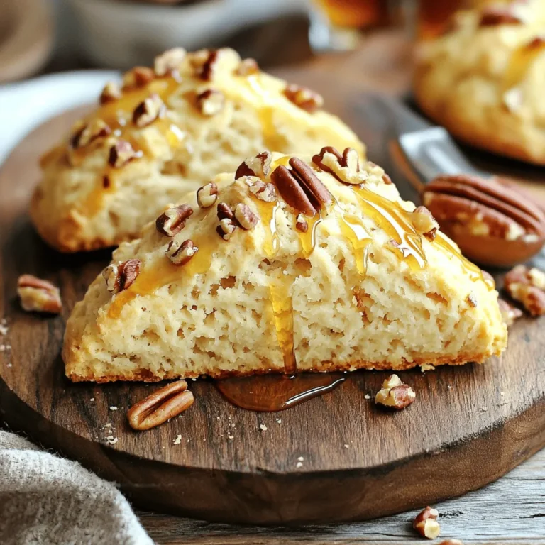 To make these tasty scones, gather the following ingredients: - 2 cups all-purpose flour - 1/3 cup brown sugar, packed - 1 tablespoon baking powder - 1/2 teaspoon salt - 1/2 cup unsalted butter, cold and cubed - 1/2 cup pecans, chopped - 1/2 cup heavy cream - 1/4 cup pure maple syrup - 1 teaspoon vanilla extract - 1 egg, lightly beaten (for egg wash) - Extra maple syrup and chopped pecans for drizzling and garnish Each ingredient serves a purpose in these scones. The flour gives structure, while brown sugar adds sweetness and moisture. Baking powder helps the scones rise and become fluffy. Cold butter creates those lovely flaky layers. Pecans bring a nice crunch and nutty flavor. Heavy cream and maple syrup keep the dough rich and moist. Vanilla extract adds a warm, aromatic touch. Lastly, the egg wash gives a beautiful golden finish. You can swap some ingredients if needed. For a lighter option, use whole wheat flour instead of all-purpose flour. If you don’t have brown sugar, granulated sugar works fine, but it won’t be as rich. For a dairy-free version, coconut cream can replace heavy cream. You can also use maple extract instead of vanilla for an extra maple kick. If you want, try walnuts or almonds in place of pecans to mix things up. Start by gathering all your ingredients. You will need 2 cups of flour, 1/3 cup of brown sugar, and other items listed in the recipe. Preheat your oven to 400°F (200°C) and line a baking sheet with parchment paper. This setup makes baking easier and cleaner. 1. In a large bowl, mix the flour, brown sugar, baking powder, and salt. Use a whisk to blend them well. 2. Add cold, cubed butter. Use a pastry cutter or your fingers to work it in. Aim for a mix that looks like coarse crumbs. Some pea-sized butter pieces should still be visible. 3. Stir in the chopped pecans. They add great texture and flavor. 4. In another bowl, mix heavy cream, maple syrup, and vanilla extract. 5. Pour the wet mix into your dry mix. Stir until just combined. Don’t overmix! The dough should feel slightly sticky. 6. Turn the dough onto a floured surface. Shape it into a disk that is about 1 inch thick. 7. Cut the disk into 8 wedges. Place them on your baking sheet, spaced apart. 8. Brush the tops with the beaten egg to give them a nice golden color when baked. 9. Bake for 15-18 minutes. Watch for a light brown top. 10. Let them cool slightly after baking. Drizzle with extra maple syrup and sprinkle with chopped pecans before serving. - Use cold butter. This keeps your scones flaky. - Don’t overmix the dough. This helps keep them tender. - If your dough feels too sticky, add a bit more flour. - Remember to shape the dough gently. Press it, don’t knead it. This ensures the right texture. - Serve warm for the best taste. The flavors shine when they are fresh! To make the best Bakery Style Maple Pecan Scones, start with cold butter. Use a pastry cutter or your fingers to mix it into the flour. You want some small chunks of butter. This helps the scones rise. Next, don't overmix the dough. Stir until just combined for a tender texture. If the dough is sticky, that’s okay. Dust your hands with flour to help shape it. One common mistake is using warm butter. This can lead to flat scones. Always keep your butter cold. Another mistake is overmixing. This can make your scones tough. Mix gently until you see no dry flour. Lastly, be careful with your oven temperature. An oven that is too hot can burn the scones. Always preheat your oven to 400°F (200°C) for the best results. For extra flakiness, make sure to cut the dough into wedges instead of rolling it out. This keeps the layers intact. You can also fold the dough a few times to create more layers. Chilling the dough for about 15 minutes before baking can help too. This allows the butter to firm up again. When baked, your scones will be light and flaky. Enjoy the crunch of pecans and the sweetness of maple syrup in every bite! {{image_2}} You can mix up your scones with different flavors. Try adding chocolate chips for a sweet twist. They add a nice richness to the scones. You can also use dried cranberries or blueberries. These fruits give a burst of flavor and color. For a nutty touch, swap pecans for walnuts or almonds. Think about adding spices like cinnamon or nutmeg. These spices can give your scones a warm, cozy taste. If you need gluten-free scones, use a gluten-free flour blend. Make sure your baking powder is gluten-free as well. For a vegan option, replace heavy cream with almond or oat milk. You can use coconut oil instead of butter. For the egg wash, you can brush the tops with plant-based milk. These swaps keep the scones tasty while meeting your dietary needs. Serving your scones can be a fun part of the experience. I love to serve them warm on a rustic wooden board. A small dish of maple syrup beside them makes for a delightful touch. You can also add fresh fruit or whipped cream for extra flair. For a brunch, pair them with coffee or tea. Adding a sprinkle of powdered sugar on top makes them look extra special. Be creative and enjoy your scones! To keep your maple pecan scones fresh, store them in an airtight container. This helps keep moisture in and prevents them from drying out. You can stack them, but place a layer of parchment paper between each scone. This avoids sticking. Keep the container at room temperature for up to two days. If you want to store them for longer, consider freezing. To enjoy your scones warm, preheat your oven to 350°F (175°C). Place the scones on a baking sheet. Heat them for about 10 minutes. This warms them up and makes them nice and flaky again. You can also use a microwave, but be careful. Heat them for only about 10-15 seconds to avoid making them tough. If you want to freeze the scones, do it right after they cool. Wrap each scone in plastic wrap and then place them in a freezer bag. This keeps them fresh for up to three months. When you're ready to enjoy, take them out and let them thaw in the fridge overnight. You can also reheat them straight from the freezer. Just add a few extra minutes in the oven. The best way to serve these scones is warm. Place them on a rustic wooden board. Add a small bowl of maple syrup for drizzling. You can also sprinkle extra chopped pecans on top. This creates a beautiful display for breakfast or brunch. People will love the sweet, nutty flavor. You will know the scones are done when they are lightly browned on top. They should look firm and set. A toothpick inserted in the center should come out clean. Keep an eye on them during the last few minutes. If they look golden, it's time to take them out. Yes, you can make the dough ahead of time. Shape the dough into a disk and wrap it tightly in plastic wrap. Store it in the fridge for up to 24 hours. When you are ready to bake, simply cut and bake. This makes it easy to enjoy fresh scones any time. If your scone dough is too sticky, add a little more flour. Start with one tablespoon at a time. Mix it in gently until the dough holds together better. Be careful not to overmix. You want the dough to remain tender and flaky. In this post, we explored how to make bakery-style maple pecan scones. We covered main ingredients, key highlights, and substitutions. We detailed step-by-step instructions and shared tips for perfecting the texture. Variations offered ideas for different flavors and dietary needs. Lastly, we discussed storage and reheating methods. Baking doesn't have to be hard. With these tips, you’ll create delicious scones. Enjoy the process, experiment with flavors, and share your creations with friends. Happy baking!
