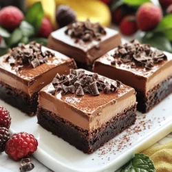 - 1 cup unsalted butter - 8 ounces semi-sweet chocolate - 1 cup granulated sugar - 1/2 cup brown sugar - 4 large eggs - 1 teaspoon vanilla extract - 2 tablespoons powdered sugar - 1 teaspoon instant coffee granules - Chocolate shavings or cocoa powder for garnish The main ingredients make this dessert rich and creamy. The unsalted butter adds a smooth base, while the semi-sweet chocolate brings a deep flavor. Granulated sugar sweetens the mix for perfect balance. Next, we have the additional ingredients. Brown sugar gives a hint of molasses, adding depth. Eggs help bind everything, making it moist. Vanilla extract adds warmth and enhances the chocolate taste. You can also use optional ingredients for extra flair. Powdered sugar sweetens the mousse. Instant coffee granules boost the chocolate flavor. Finally, garnishing with chocolate shavings or cocoa powder adds a beautiful touch. Each ingredient plays a key role in making these Chocolate Mousse Brownie Bars a delightful treat! - Preheat your oven to 350°F (175°C). - Grease and line a 9x13 inch baking pan with parchment paper. - In a medium saucepan over low heat, melt 1 cup of unsalted butter and 8 ounces of chopped semi-sweet chocolate together, stirring until smooth. - Remove from heat and let it cool slightly. - In a large bowl, whisk together 1 cup of granulated sugar and 1/2 cup of brown sugar with the melted chocolate mixture. - Add 4 large eggs, one at a time, mixing well after each addition. - Stir in 1 teaspoon of vanilla extract until combined. - Sift in 1 cup of all-purpose flour and 1/4 teaspoon of salt. - Fold gently until just combined, being careful not to overmix. - Pour the brownie batter into the prepared pan and spread it evenly. - Bake in the preheated oven for 20-25 minutes. Check for doneness by inserting a toothpick; it should come out with a few moist crumbs. - While the brownies cool, whip 1 cup of heavy cream and 2 tablespoons of powdered sugar in a mixing bowl until soft peaks form. - Gently fold in 1 teaspoon of instant coffee granules and any remaining melted chocolate from earlier. - Once the brownies are completely cool, spread the chocolate mousse evenly on top. - Refrigerate the layered brownies for at least 2 hours to set. - Lift the bars out of the pan using the parchment paper and cut into squares or bars. - Garnish with chocolate shavings or a dusting of cocoa powder before serving. How to avoid overmixing To keep the brownies soft and fudgy, mix the batter just until combined. After adding flour, use a spatula to fold gently. This step helps maintain the right texture. Ensuring even baking When baking, place the pan in the center of the oven. This allows hot air to circulate well. Check for doneness by inserting a toothpick. A few moist crumbs should stick to it when done. Achieving the right mousse texture Whip the heavy cream until you see soft peaks. This means it holds some shape but is still smooth. Gently fold in the other ingredients to avoid losing air. Incorporating flavors effectively To enhance the chocolate flavor, consider adding instant coffee granules. Just a teaspoon will deepen the taste without overpowering the chocolate. Mix it well into the mousse for even flavor. Serving suggestions for visual appeal Use a white platter to make the chocolate mousse brownie bars pop. The contrast will catch the eye. Arrange them in a neat row for a clean look. Best garnishing techniques For a lovely finish, sprinkle chocolate shavings on top. You can also dust with cocoa powder. Add fresh berries and mint leaves for color and freshness. This will make your dessert look even more inviting. {{image_2}} You can change the taste of your bars easily. Adding nuts like walnuts or pecans gives a nice crunch. You can also toss in chocolate chips for an extra chocolatey bite. Swap the semi-sweet chocolate for dark chocolate for a richer flavor. If you want something sweeter, use milk chocolate instead. Each swap can create a new twist on this treat. If you need gluten-free bars, use almond flour or coconut flour. These options keep the texture light and tasty. For a dairy-free mousse, substitute heavy cream with coconut cream. You can also use dairy-free chocolate for the brownies. This way, everyone can enjoy these bars, no matter their diet. Get creative with your toppings. Fresh berries like raspberries or strawberries add color and flavor. You can also use mint leaves for a fresh taste. Drizzle a fruit coulis or rich chocolate sauce over the bars for extra sweetness. Each topping can make your dessert even more special and eye-catching. To keep your Chocolate Mousse Brownie Bars fresh, use airtight containers. Glass or plastic containers work well. You can stack the bars if you separate them with parchment paper. Store them in the fridge for up to five days. This way, you can enjoy a sweet treat anytime. You can freeze these brownie bars for later enjoyment. First, wrap them tightly in plastic wrap. Then, place them in a freezer bag. This keeps them safe from freezer burn. They can stay frozen for about three months. When you want to eat them, move the bars to the fridge for a few hours. This allows them to thaw slowly and maintain their taste. If you prefer warm brownie bars, reheat them in the oven. Preheat it to 350°F (175°C). Place the bars on a baking sheet and cover them with foil. Heat for about 10 minutes. This method keeps the mousse creamy and the brownie soft. After reheating, serve with a dollop of whipped cream or fresh berries. This adds a nice touch and elevates the dessert experience. Chocolate mousse brownie bars stay fresh for about 3 to 5 days in the fridge. Keep them in an airtight container to maintain their taste and texture. If you want them to last longer, you can freeze them for up to 2 months. Just wrap each bar tightly in plastic wrap, then place them in a freezer-safe bag. Yes, you can make these bars in advance. I recommend baking the brownies a day ahead. Once they cool, add the mousse layer. Let them chill overnight in the fridge. This way, the flavors meld beautifully, and the mousse sets perfectly. Serve them the next day for a delicious treat. You can use several egg substitutes in this recipe. Some good options include: - 1/4 cup unsweetened applesauce for each egg - 1/4 cup mashed banana for each egg - 1 tablespoon flaxseed meal mixed with 2.5 tablespoons water (let sit for 5 minutes) for each egg These substitutes work well and help keep the bars moist. To make the chocolate flavor richer, try these tips: - Use high-quality chocolate for the brownies and mousse. - Add 1 teaspoon of instant coffee granules to the brownie mix. This boosts the chocolate taste without a coffee flavor. - Consider using dark chocolate instead of semi-sweet chocolate for a deeper flavor. These small changes can make a big impact on the overall taste. Absolutely! To make this recipe vegan-friendly, swap out these ingredients: - Use coconut oil instead of butter. - Choose dairy-free chocolate for the brownies and mousse. - Replace eggs with your favorite egg substitute. - Use coconut cream or a vegan whipped topping instead of heavy cream for the mousse. These changes will still give you a delicious treat that everyone can enjoy. These Chocolate Mousse Brownie Bars are perfect for any occasion. We covered the key ingredients, from rich chocolate to creamy mousse. You learned step-by-step how to make these treats, plus tips to perfect them. Variations for flavors and dietary needs let you get creative. Proper storage tips will keep your bars fresh. Enjoy trying out these ideas, and share your results with friends. Your baking journey with these brownies will surely delight you and those you serve.