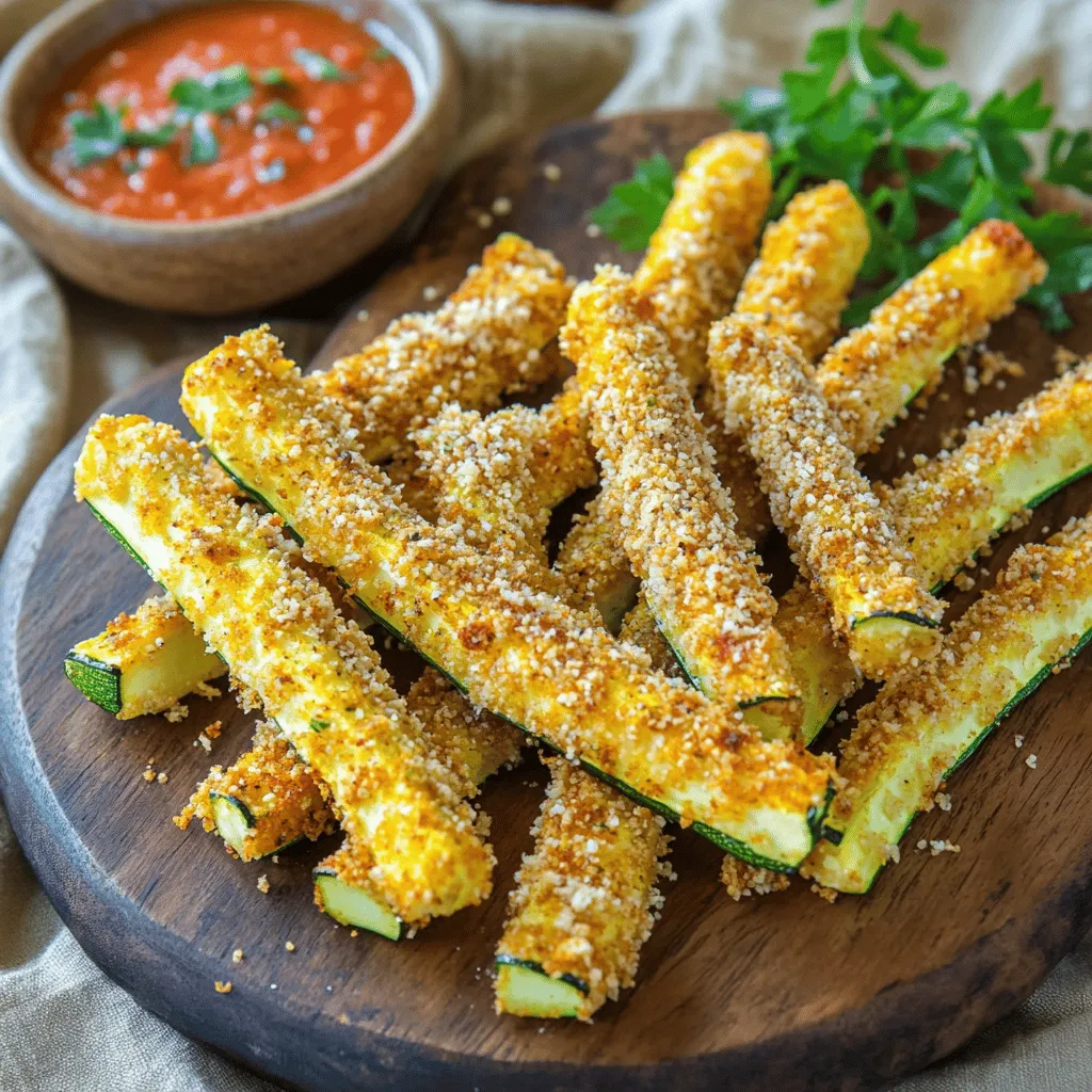 To make crispy air fryer zucchini fries, you need the following: - 2 medium zucchinis, cut into fry shapes - 1/2 cup whole wheat breadcrumbs - 1/4 cup grated Parmesan cheese (optional for extra flavor) - 1 tsp garlic powder - 1 tsp onion powder - 1/2 tsp smoked paprika - Salt and pepper to taste - 1 large egg, beaten - Olive oil spray (for cooking) You can easily swap some ingredients for a lower-calorie option: - Use almond flour instead of whole wheat breadcrumbs for fewer carbs. - Skip the Parmesan cheese for a lighter dish. - Replace the egg with a flaxseed mixture (1 tbsp ground flaxseed + 2.5 tbsp water). - Use cooking spray or a light brush of olive oil to cut down on fat. Each serving of these zucchini fries has about: - Calories: 120 - Protein: 5g - Fat: 4g - Carbohydrates: 18g - Fiber: 2g - Sugars: 3g This makes zucchini fries a tasty snack that won't break your diet. You get the crunch without the guilt! Start with two medium zucchinis. Wash them well to remove any dirt. Dry them with a towel. Next, cut each zucchini into thin strips. Aim for uniform sizes. This helps them cook evenly. The strips should look like fries. In one bowl, mix whole wheat breadcrumbs with spices. Add garlic powder, onion powder, and smoked paprika. You can also add salt and pepper. If you like, add grated Parmesan cheese for extra taste. In a second bowl, beat one large egg until smooth. Take each zucchini fry and dip it in the egg. Make sure to coat it well. Then, roll it in the breadcrumb mix. Press lightly to help the crumbs stick. Preheat your air fryer to 400°F (200°C). This step takes about five minutes. Once hot, place the zucchini fries in the basket. Keep them in a single layer. Avoid overlapping to ensure even cooking. Lightly spray them with olive oil. Cook for 10 to 12 minutes. Halfway through, shake the basket for even browning. When they turn golden brown and crispy, they are ready. Carefully remove them and let them cool a bit before serving. To get crispy zucchini fries, cut them thin and even. Thin fries cook better and become crunchier. Coating them well is key. Dip the fries in egg first. Then coat them in the breadcrumb mix. This helps the crumbs stick better. Using whole wheat breadcrumbs adds fiber and flavor. A light spray of olive oil before cooking helps too. Remember to shake the basket halfway. This ensures even cooking and crispiness. Preheat your air fryer to 400°F (200°C) for best results. This helps the fries cook evenly from the start. Avoid overcrowding the basket. Give the fries space to cook. If needed, cook in batches. This way, all fries get crispy. Keep an eye on them. Every air fryer is different, so cooking times might vary. Check for a golden brown color to know they are done. You can boost flavor easily with spices. Garlic powder and onion powder add depth. Smoked paprika gives a nice smoky touch. For a cheesy flavor, add Parmesan cheese to the breadcrumb mix. You can also try adding Italian herbs like oregano or basil. For a kick, toss in some red pepper flakes. Experiment with flavors you enjoy. Each twist makes the fries unique and tasty! {{image_2}} You can make zucchini fries without eggs. Use a flaxseed meal or chia seed mixture instead. Mix 1 tablespoon of flaxseed meal with 2.5 tablespoons of water. Let it sit for a few minutes until it thickens. Dip the zucchini fries in this mixture before coating them. This method keeps the fries plant-based and still tasty. Change up the breading to fit your taste. Instead of whole wheat breadcrumbs, try crushed cornflakes or almond flour. Both options add a nice crunch. For seasonings, you can use Italian herbs, lemon zest, or even nutritional yeast for a cheesy flavor. Experiment with what you have on hand. If you love spice, add cayenne pepper or chili powder to the breading mix. This gives the fries a kick. For a fresh taste, mix in chopped herbs like basil or thyme. You can also add lemon juice to the egg wash for a zesty twist. These options keep the fries exciting and full of flavor. To store leftover zucchini fries, let them cool first. Place them in an airtight container. Make sure to keep them in the fridge. They stay fresh for about 2-3 days. If you want to keep them longer, consider freezing. To reheat your zucchini fries, use the air fryer for the best results. Preheat the air fryer to 350°F (175°C). Place the fries in a single layer and heat for about 5-7 minutes. This method keeps them crispy. You can also use an oven. Bake them at 350°F (175°C) for 10-12 minutes. To freeze zucchini fries, prepare them as usual, but stop before cooking. Place the breaded fries in a single layer on a baking sheet. Freeze them for about 1-2 hours until solid. After that, transfer the fries to a freezer bag. They can last up to 3 months in the freezer. When ready to cook, you can air fry them straight from the freezer. Just add a few extra minutes to the cooking time. You can make zucchini fries without egg by using a simple substitute. Try using unsweetened applesauce or a flaxseed mixture. For the flaxseed mix, combine 1 tablespoon of ground flaxseed with 2.5 tablespoons of water. Let it sit for five minutes to thicken. This mix will help the breadcrumbs stick to the zucchini. Dip the fries in this mixture before coating them. It works well and keeps the fries crispy! Yes, you can use many other vegetables in the air fryer! Carrots, sweet potatoes, and bell peppers are great choices. Cut them into fry shapes, just like zucchini. You may need to adjust the cooking time based on the thickness of the veggies. Experiment with your favorites to find new crispy snacks. Each vegetable brings a unique taste to the table. The best dipping sauce for zucchini fries is marinara sauce. Its rich flavor pairs well with the crispy texture. You can also try yogurt-based dips for a lighter option. A garlic yogurt dip can add a nice twist. For a spicy kick, mix sriracha with mayonnaise. Choose a sauce that matches your taste, and enjoy! You’ve learned how to make tasty zucchini fries from start to finish. We covered the key ingredients and their low-calorie swaps. The step-by-step guide makes the process easy, while tips ensure your fries stay crispy. We also explored variations for every taste and provided storage advice. Remember, cooking can be fun! Experiment with flavors and enjoy your healthy treats.