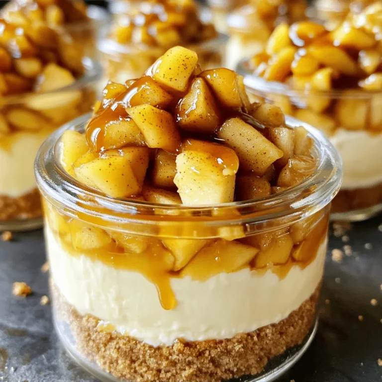 To make your caramel apple cheesecake jars, you will need: - 2 large apples, peeled and chopped - 2 tablespoons unsalted butter - 1/4 cup brown sugar - 1 teaspoon cinnamon - 1 cup cream cheese, softened - 1/2 cup powdered sugar - 1 cup heavy cream - 1 teaspoon vanilla extract - 1 cup graham cracker crumbs - 1/4 cup caramel sauce (plus extra for drizzling) - Apples: I love using sweet apples like Fuji or Honeycrisp for a tasty treat. You can swap them with tart apples, too. - Unsalted Butter: If you use salted butter, reduce the added salt or skip it. - Brown Sugar: Light or dark brown sugar works well. Dark adds a richer flavor, while light is milder. - Cream Cheese: For a lighter version, use low-fat cream cheese. - Heavy Cream: You can substitute with whipped topping for a quicker option. For extra fun, consider these toppings: - Whipped cream for a fluffy touch - Chopped nuts, like pecans or walnuts, for crunch - A sprinkle of cinnamon or nutmeg for spice - Extra caramel sauce drizzled on top for sweetness Start by melting the unsalted butter in a skillet over medium heat. Once the butter melts, add the chopped apples. Sprinkle the brown sugar and cinnamon over the apples. Cook for about 5 to 7 minutes. Stir often while cooking. You want the apples to soften and turn golden brown. After they are done, remove the skillet from the heat and let the apples cool. In a mixing bowl, add the softened cream cheese. Use a hand mixer to beat it with the powdered sugar and vanilla extract. Mix until the filling is smooth and creamy. In another bowl, whip the heavy cream until it forms stiff peaks. Gently fold the whipped cream into the cream cheese mixture. This step makes your filling light and airy. Grab small jars or dessert cups for this step. Start by adding a layer of graham cracker crumbs at the bottom of each jar. Next, add a layer of the cheesecake filling. Follow that with a layer of the caramelized apples. Repeat these layers until the jars are full. Finish with a dollop of cheesecake filling on top for a nice look. Cover the jars with lids or plastic wrap. Refrigerate them for at least 2 hours. This chilling time helps the flavors blend and sets the cheesecake. Just before serving, drizzle some extra caramel sauce over the top of each jar. This adds sweetness and makes them look even more tempting. One mistake is overcooking the apples. Cook them just until soft. This keeps them juicy and tasty. Another mistake is not chilling the jars long enough. They need at least two hours to set. If you skip this, the layers may mix, and your jars won’t look pretty. Lastly, don’t be shy with the caramel. A good drizzle on top makes it better! These jars are great for parties or family dinners. You can serve them in small jars or cups. They look cute and are easy to grab. Add a sprinkle of cinnamon or some nuts on top for crunch. You can even serve them with whipped cream on the side. Everyone loves a little extra cream! To boost the flavor, try adding a pinch of nutmeg or allspice to the apples. This gives them a warm, cozy taste. For texture, mix in some chopped nuts or toffee bits in the layers. This adds a nice crunch that contrasts with the creamy cheesecake. You could also use flavored whipped cream for a fun twist. {{image_2}} You can add chocolate to your caramel apple cheesecake jars for a fun twist. Start by mixing in cocoa powder into the cream cheese filling. This will give it a rich chocolate flavor. You can also use chocolate graham crackers instead of regular ones for the crust. Drizzle chocolate sauce on top with caramel for an extra treat. To make these jars gluten-free, use gluten-free graham crackers. For a dairy-free option, swap out the cream cheese with a dairy-free cream cheese alternative. You can also use coconut cream instead of heavy cream for a lighter texture. These changes still keep the flavor rich and tasty, letting everyone enjoy this dessert. You can change the flavors based on the seasons. In fall, add pumpkin spice to the filling for a cozy vibe. For summer, try mixing in fresh berries with the apples. In winter, add a hint of peppermint to the cream for a festive touch. These small changes can make your cheesecake jars fit any time of year! To keep your caramel apple cheesecake jars fresh, store them in the fridge. Use airtight containers or keep the jars covered with lids or plastic wrap. This way, the cheesecake stays creamy and the flavors stay bright. It’s best to avoid letting them sit out too long to prevent spoilage. You can freeze these cheesecake jars for later. First, make sure they are tightly sealed. Use freezer-safe containers or wrap the jars well. They can last in the freezer for up to three months. When ready to enjoy, thaw them in the fridge overnight. Do not refreeze after thawing. These cheesecake jars will last about 3-5 days in the fridge. To enjoy the best taste, eat them within this time frame. Always check for any signs of spoilage, like unusual smells or changes in texture. If you notice anything off, it’s best to toss them. Enjoy them fresh for the best flavor and texture! Yes, you can swap apples for other fruits. Pears, peaches, or berries work well too. Each fruit adds a unique flavor. Just adjust the sugar and spices to match the fruit you choose. For example, use nutmeg with pears for a warm taste. You can store the cheesecake jars in the fridge for up to five days. Make sure to cover them well. This keeps the cheesecake fresh and tasty. If you notice any change in smell or texture, it’s best to toss them. Absolutely! You can make the jars a day or two before serving. Just follow the steps and chill them. This gives the flavors time to mix. Plus, it saves you time on the day of your event. Serve the jars chilled straight from the fridge. Drizzle extra caramel sauce on top for a sweet touch. You can also add a sprinkle of cinnamon for extra flavor. These jars look great on a dessert table or as a treat after dinner. Yes, you can skip the heavy cream if you want a lighter version. Use Greek yogurt or whipped coconut cream instead. This will change the texture a bit but still taste great. Just make sure to whip it well for a creamy mix. This blog post covered everything you need for delicious cheesecake jars. We explored key ingredients, step-by-step instructions, and vital tips. You learned about fun variations and smart storage methods. Remember to avoid common mistakes for the best results. Try mixing your favorite fruits or flavors to make it special. Enjoy the process and share with friends or family. These cheesecake jars can be a hit at any gathering! Your journey to perfect cheesecake begins now.