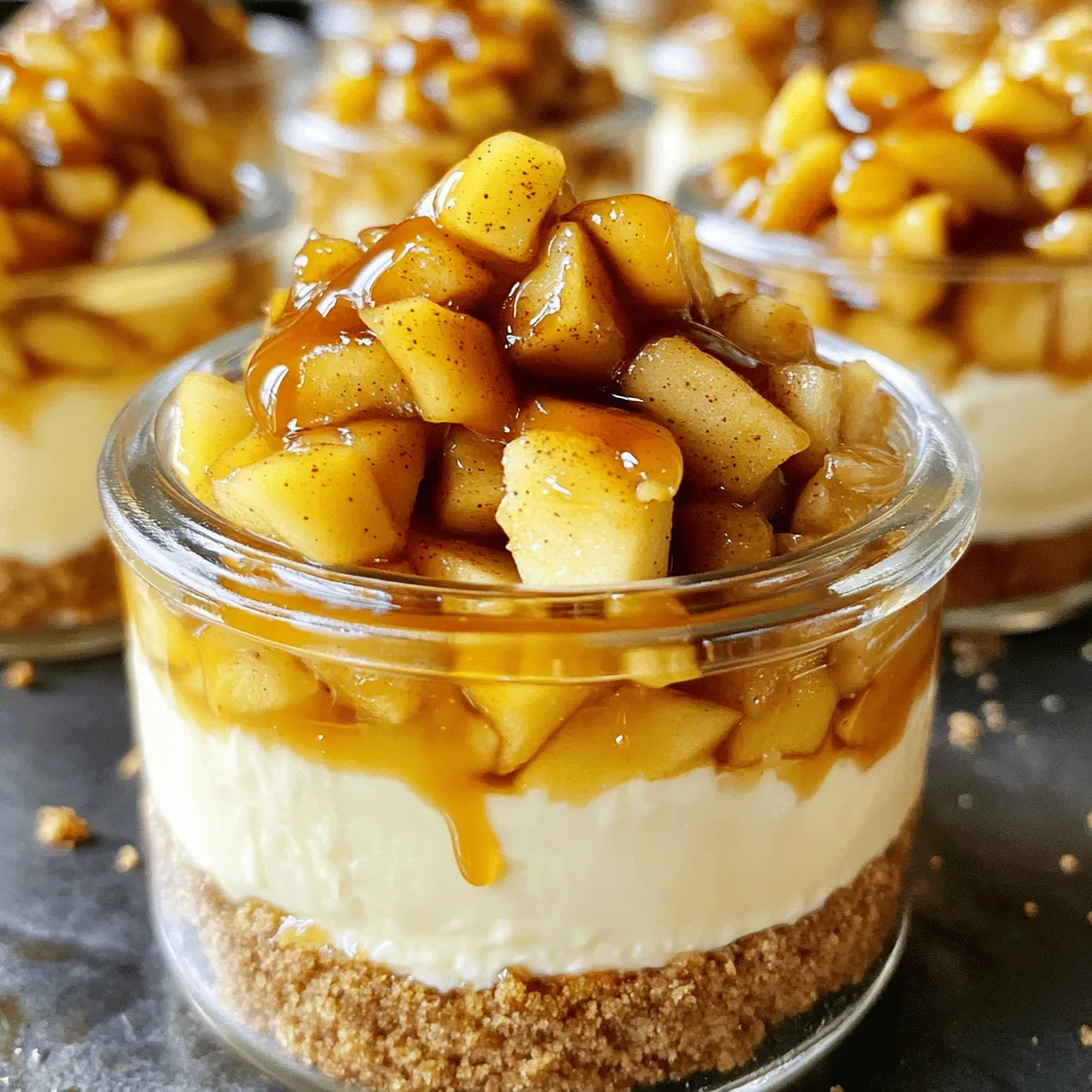 To make your caramel apple cheesecake jars, you will need: - 2 large apples, peeled and chopped - 2 tablespoons unsalted butter - 1/4 cup brown sugar - 1 teaspoon cinnamon - 1 cup cream cheese, softened - 1/2 cup powdered sugar - 1 cup heavy cream - 1 teaspoon vanilla extract - 1 cup graham cracker crumbs - 1/4 cup caramel sauce (plus extra for drizzling) - Apples: I love using sweet apples like Fuji or Honeycrisp for a tasty treat. You can swap them with tart apples, too. - Unsalted Butter: If you use salted butter, reduce the added salt or skip it. - Brown Sugar: Light or dark brown sugar works well. Dark adds a richer flavor, while light is milder. - Cream Cheese: For a lighter version, use low-fat cream cheese. - Heavy Cream: You can substitute with whipped topping for a quicker option. For extra fun, consider these toppings: - Whipped cream for a fluffy touch - Chopped nuts, like pecans or walnuts, for crunch - A sprinkle of cinnamon or nutmeg for spice - Extra caramel sauce drizzled on top for sweetness Start by melting the unsalted butter in a skillet over medium heat. Once the butter melts, add the chopped apples. Sprinkle the brown sugar and cinnamon over the apples. Cook for about 5 to 7 minutes. Stir often while cooking. You want the apples to soften and turn golden brown. After they are done, remove the skillet from the heat and let the apples cool. In a mixing bowl, add the softened cream cheese. Use a hand mixer to beat it with the powdered sugar and vanilla extract. Mix until the filling is smooth and creamy. In another bowl, whip the heavy cream until it forms stiff peaks. Gently fold the whipped cream into the cream cheese mixture. This step makes your filling light and airy. Grab small jars or dessert cups for this step. Start by adding a layer of graham cracker crumbs at the bottom of each jar. Next, add a layer of the cheesecake filling. Follow that with a layer of the caramelized apples. Repeat these layers until the jars are full. Finish with a dollop of cheesecake filling on top for a nice look. Cover the jars with lids or plastic wrap. Refrigerate them for at least 2 hours. This chilling time helps the flavors blend and sets the cheesecake. Just before serving, drizzle some extra caramel sauce over the top of each jar. This adds sweetness and makes them look even more tempting. One mistake is overcooking the apples. Cook them just until soft. This keeps them juicy and tasty. Another mistake is not chilling the jars long enough. They need at least two hours to set. If you skip this, the layers may mix, and your jars won’t look pretty. Lastly, don’t be shy with the caramel. A good drizzle on top makes it better! These jars are great for parties or family dinners. You can serve them in small jars or cups. They look cute and are easy to grab. Add a sprinkle of cinnamon or some nuts on top for crunch. You can even serve them with whipped cream on the side. Everyone loves a little extra cream! To boost the flavor, try adding a pinch of nutmeg or allspice to the apples. This gives them a warm, cozy taste. For texture, mix in some chopped nuts or toffee bits in the layers. This adds a nice crunch that contrasts with the creamy cheesecake. You could also use flavored whipped cream for a fun twist. {{image_2}} You can add chocolate to your caramel apple cheesecake jars for a fun twist. Start by mixing in cocoa powder into the cream cheese filling. This will give it a rich chocolate flavor. You can also use chocolate graham crackers instead of regular ones for the crust. Drizzle chocolate sauce on top with caramel for an extra treat. To make these jars gluten-free, use gluten-free graham crackers. For a dairy-free option, swap out the cream cheese with a dairy-free cream cheese alternative. You can also use coconut cream instead of heavy cream for a lighter texture. These changes still keep the flavor rich and tasty, letting everyone enjoy this dessert. You can change the flavors based on the seasons. In fall, add pumpkin spice to the filling for a cozy vibe. For summer, try mixing in fresh berries with the apples. In winter, add a hint of peppermint to the cream for a festive touch. These small changes can make your cheesecake jars fit any time of year! To keep your caramel apple cheesecake jars fresh, store them in the fridge. Use airtight containers or keep the jars covered with lids or plastic wrap. This way, the cheesecake stays creamy and the flavors stay bright. It’s best to avoid letting them sit out too long to prevent spoilage. You can freeze these cheesecake jars for later. First, make sure they are tightly sealed. Use freezer-safe containers or wrap the jars well. They can last in the freezer for up to three months. When ready to enjoy, thaw them in the fridge overnight. Do not refreeze after thawing. These cheesecake jars will last about 3-5 days in the fridge. To enjoy the best taste, eat them within this time frame. Always check for any signs of spoilage, like unusual smells or changes in texture. If you notice anything off, it’s best to toss them. Enjoy them fresh for the best flavor and texture! Yes, you can swap apples for other fruits. Pears, peaches, or berries work well too. Each fruit adds a unique flavor. Just adjust the sugar and spices to match the fruit you choose. For example, use nutmeg with pears for a warm taste. You can store the cheesecake jars in the fridge for up to five days. Make sure to cover them well. This keeps the cheesecake fresh and tasty. If you notice any change in smell or texture, it’s best to toss them. Absolutely! You can make the jars a day or two before serving. Just follow the steps and chill them. This gives the flavors time to mix. Plus, it saves you time on the day of your event. Serve the jars chilled straight from the fridge. Drizzle extra caramel sauce on top for a sweet touch. You can also add a sprinkle of cinnamon for extra flavor. These jars look great on a dessert table or as a treat after dinner. Yes, you can skip the heavy cream if you want a lighter version. Use Greek yogurt or whipped coconut cream instead. This will change the texture a bit but still taste great. Just make sure to whip it well for a creamy mix. This blog post covered everything you need for delicious cheesecake jars. We explored key ingredients, step-by-step instructions, and vital tips. You learned about fun variations and smart storage methods. Remember to avoid common mistakes for the best results. Try mixing your favorite fruits or flavors to make it special. Enjoy the process and share with friends or family. These cheesecake jars can be a hit at any gathering! Your journey to perfect cheesecake begins now.