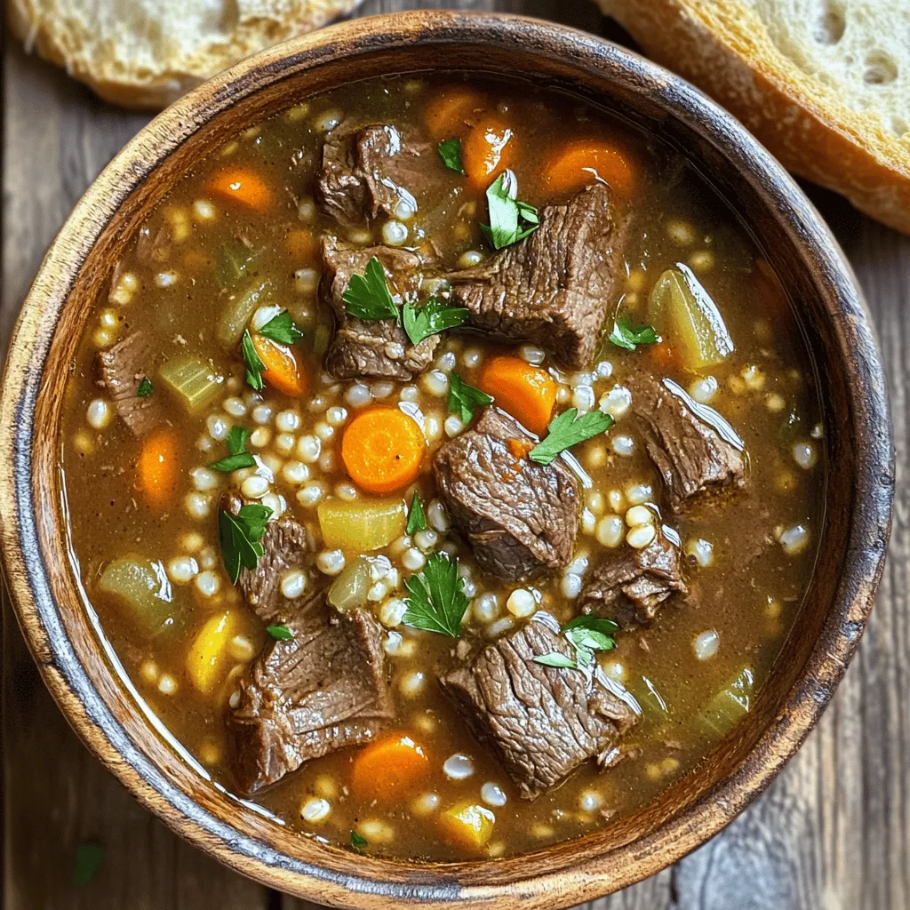 - 1.5 lbs beef chuck roast - 1 cup pearl barley - 4 cups beef broth - 2 cups water - 1 medium onion, chopped - 2 carrots, diced - 2 celery stalks, diced - 3 cloves garlic, minced - 1 teaspoon dried thyme - 1 teaspoon dried parsley - 1 bay leaf - Salt and pepper to taste - Fresh parsley for garnish Gathering ingredients is the first step to making this hearty soup. Start with the beef chuck roast. This cut has great flavor and tenderness when cooked slowly. Cut it into 1-inch cubes for even cooking. Next, you will need pearl barley. It will soak up the broth and give the soup a nice texture. Now, let’s add some color and nutrition. You need a medium onion, two carrots, and two celery stalks. Chop them up to make them ready for cooking. Garlic is also key. Three cloves will add a wonderful aroma. Now for the seasonings. Dried thyme and parsley will brighten up the soup. A bay leaf adds depth. Don’t forget salt and pepper to taste. Finally, fresh parsley is perfect for garnish. It adds a pop of color and a fresh taste. You are now ready to cook a comforting bowl of beef and barley soup! First, brown the beef cubes in olive oil. Heat the oil in a skillet over medium-high heat. Add the beef cubes and let them sear for about 5 to 7 minutes. This step builds flavor and gives the beef a nice crust. Once browned, transfer the beef to the slow cooker. Next, it's time to sauté the vegetables. In the same skillet, add the chopped onion, diced carrots, diced celery, and minced garlic. Cook the veggies for about 3 to 4 minutes, just until they start to soften. This process releases their natural sweetness and adds depth to the soup. Once done, incorporate the vegetable mix into the slow cooker with the beef. Now we combine everything for an amazing flavor. Add the pearl barley, beef broth, and water to the slow cooker. Toss in the dried thyme, dried parsley, and bay leaf. Season with salt and pepper to taste. Stir it all together and cover the slow cooker. You can cook this soup on low or high settings. If you choose low, let it cook for 7 to 8 hours. For the high setting, cook for 4 to 5 hours. Always check the doneness of the beef and barley. They should be tender and fully cooked. Adjust the seasoning if needed before serving. Browning the meat is key. This step gives the beef a rich flavor. It also makes the soup taste better. Heat olive oil in a skillet and brown the beef cubes for 5-7 minutes. This adds depth to your dish. If you don’t have beef broth, you can use chicken broth instead. Vegetable broth works too. These swaps help keep the soup tasty while changing the flavor profile. Slow cookers can vary in heat. Some cook faster than others. If you have a newer model, check the soup at 4 hours on high. For older models, stick to 7-8 hours on low. You’ll know the soup is ready when the beef is tender. The barley should be soft but not mushy. A good test is to taste a piece of beef. This soup pairs well with crusty bread. A slice of warm bread is perfect for dipping. For presentation, use deep bowls. Ladle the soup in and sprinkle fresh parsley on top. A little sprinkle adds color and freshness. Enjoy your heartwarming meal! {{image_2}} You can easily change up the meat in this soup. Try using chicken or turkey instead of beef. Both will give you a lighter taste. You can also add fun extras like mushrooms or peas. These add texture and flavor to your soup. If you need a gluten-free option, swap out the pearl barley. Try using quinoa or rice instead. They cook up nicely and keep the soup hearty. For a vegetarian twist, use vegetable broth. Just skip the meat. You’ll still enjoy a rich and filling soup. Want to spice things up? Add cayenne pepper for some heat. A little goes a long way! You can also use different herbs to change the flavor. Try basil or rosemary for a new twist. These small changes can make your soup feel fresh and exciting. Store your leftover soup in airtight containers. Glass jars or plastic containers work well. Make sure to let the soup cool before sealing it. This keeps the soup fresh and tasty. To freeze the soup, let it cool completely first. Pour it into freezer-safe containers or bags. Leave some space at the top for expansion. For thawing, place the soup in the fridge overnight. Reheat on the stove or in the microwave until hot. The soup lasts up to 4 days in the fridge. If you see any mold or smell a bad odor, throw it away. Always check for signs of spoilage before eating. Yes, you can make this soup in an Instant Pot. First, brown the beef in the pot using the sauté setting. This takes about 5-7 minutes. After browning, add the vegetables and sauté them for about 3-4 minutes. Then, add the pearl barley, beef broth, water, and seasonings. Close the lid and set the valve to sealing. Cook on high pressure for about 35 minutes. Let the pressure release naturally for 10 minutes, then do a quick release. Remove the bay leaf before serving. Beef chuck roast is a great choice because it becomes tender with slow cooking. Other good cuts include brisket, round, or shank. These cuts also break down well and add flavor to the soup. Choose cuts with some fat for more taste and richness. To thicken your soup, you can use cornstarch or flour. For cornstarch, mix 1 tablespoon with 2 tablespoons of cold water to make a slurry. Stir this into the soup during the last 30 minutes of cooking. If using flour, mix 2 tablespoons of flour with some broth to create a paste. Add this to the soup and stir. Let it cook for 30 more minutes. This will give your soup a nice, thick texture. This blog post covered making a hearty beef and barley soup. We discussed ingredients, cooking steps, and enhancing flavor. You learned about different variations, storage tips, and answered some common questions. Beef and barley soup is simple yet satisfying. It warms you up on cold days. Experiment with flavors and ingredients to make it your own. Enjoy this comforting dish with family and friends!
