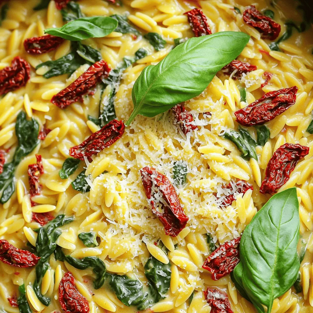 - 1 cup orzo pasta - 1/2 cup sun-dried tomatoes, chopped - 1 cup baby spinach leaves Orzo pasta is small and rice-like. It cooks quickly and absorbs flavors well. Sun-dried tomatoes bring a rich, tangy taste. They add a nice color and texture. Baby spinach leaves give a fresh pop of green. They wilt quickly, adding nutrients to the dish. - 1/2 cup heavy cream - 1/2 cup grated Parmesan cheese - 3 cloves garlic, minced - 1 teaspoon dried oregano Heavy cream makes the dish rich and creamy. It coats the orzo nicely. Grated Parmesan cheese adds a salty, savory kick. Garlic adds depth and aroma. Dried oregano gives a warm, earthy taste. Together, they create a wonderful flavor base. - 2 cups vegetable broth - 2 tablespoons olive oil - Salt and pepper to taste Vegetable broth is the main cooking liquid. It enhances the dish's flavor. Olive oil adds smoothness and helps heat the garlic. Salt and pepper are key for balance. Adjust them to suit your taste. 1. Heating olive oil and sautéing garlic: Start by putting a large pot or deep skillet on medium heat. Add two tablespoons of olive oil. Let it warm up for a minute. Next, add three cloves of minced garlic. Sauté for about one minute. You want it fragrant but not browned. 2. Toasting orzo pasta: Now, stir in one cup of orzo pasta. Toast it for about two to three minutes. Keep stirring so it doesn’t burn. The orzo should turn slightly golden during this time. 1. Boiling with vegetable broth: After toasting the orzo, pour in two cups of vegetable broth. Bring it to a boil. This will take a few minutes. 2. Adding sun-dried tomatoes and seasoning: Once boiling, add half a cup of chopped sun-dried tomatoes and one teaspoon of dried oregano. Reduce the heat to low and cover the pot. Let it simmer for about ten to twelve minutes. The orzo should be al dente, and most of the liquid should be absorbed. 1. Incorporating spinach, cream, and cheese: After simmering, stir in one cup of baby spinach leaves. Mix until the spinach wilts. Next, add half a cup of heavy cream and half a cup of grated Parmesan cheese. Stir until everything is creamy and well combined. Cook for another two to three minutes. This allows the cheese to melt and the sauce to thicken. 2. Seasoning before serving: Finally, season with salt and pepper to taste. Serve hot and top with fresh basil leaves for a touch of flavor. Enjoy your creamy sun-dried tomato orzo! - Achieving the perfect al dente orzo: Cook the orzo for 10 to 12 minutes. Stir it often to prevent sticking. Check for doneness a minute or two before the time is up. The pasta should be firm but not hard. - Avoiding overcooking the spinach: Add the spinach at the end of cooking. Stir it in just until it wilts. This keeps the bright color and fresh taste. - Adding herbs or spices for extra flavor: Try adding fresh basil or thyme. A pinch of red pepper flakes can add a nice kick. Experiment with flavors to suit your taste. - Using homemade vegetable broth vs. store-bought: Homemade broth often has more flavor. If you use store-bought, choose low-sodium versions. This helps you control the saltiness in your dish. - Best types of pots/skillets for one-pot cooking: A large, deep skillet works great. A heavy-bottomed pot helps distribute heat evenly. Look for non-stick options to make cleanup easier. - Suggestions for utensils: Use a wooden spoon for stirring. A ladle can help serve the dish without mess. A sharp chef's knife is useful for chopping ingredients. {{image_2}} If you can't find sun-dried tomatoes, consider using roasted red peppers. They add a nice touch of sweetness. You can also use fresh tomatoes; just chop them up and add them in. For those who need dairy-free options, there are choices for cream and cheese. You can use coconut cream instead of heavy cream. Nutritional yeast can replace Parmesan cheese for a cheesy flavor. Want to add some protein? You can mix in cooked chicken, shrimp, or tofu. If using chicken, cook it first, then stir it into the orzo. For shrimp, add them when you add the broth. They only need a few minutes to cook. If you prefer tofu, use firm tofu and sauté it until golden before adding it. Adjust your cooking time slightly to ensure everything cooks well. You can adapt this dish with fresh, seasonal vegetables. In spring, add asparagus or peas for bright flavors. In the fall, try adding roasted butternut squash or mushrooms. For a lighter summer version, cut back on the cream. You can use vegetable broth and add more spinach or other greens. This keeps the dish fresh and vibrant. Store your leftover creamy sun-dried tomato orzo in an airtight container. It helps keep the dish fresh. Place it in the fridge. It stays good for up to three days. When you’re ready to eat, check for any off smells. If it smells okay, you can reheat it. You can freeze this dish, but it may change texture. Use a freezer-safe container. Leave some space at the top for expansion. Label the container with the date. It can last up to three months in the freezer. To thaw, move it to the fridge overnight. For a quicker option, use the microwave. Reheat your orzo on the stove or in the microwave. If using the stove, add a splash of broth or cream. This helps keep it creamy. Stir often and heat until warm. In the microwave, use a microwave-safe bowl. Add a little liquid, cover, and heat in short bursts. Stir in between to check the warmth. Enjoy your meal! Can I use gluten-free orzo? Yes, you can use gluten-free orzo. Look for brands that offer this option. The dish will still be creamy and tasty. Just follow the cooking times on the package. How can I make this dish vegetarian? This dish is already vegetarian if you use vegetable broth. Make sure to check that the cheese is vegetarian too. You can add more veggies like mushrooms or bell peppers for extra flavor. How long does it take to cook orzo? Cooking orzo takes about 10 to 12 minutes. You want it to be al dente, so check it towards the end of the cooking time. Stirring helps too! Can I substitute heavy cream with another option? Yes, you can use half-and-half or coconut milk. These options will change the flavor a bit. Choose what fits your taste or diet best. What to serve with One-Pot Creamy Sun-Dried Tomato Orzo? This dish pairs well with a fresh salad. A side of garlic bread also works great. You can serve it with grilled chicken or shrimp for extra protein. Is it suitable for meal prep? Absolutely! This dish stores well in the fridge. Prepare it ahead of time, then just reheat when you are ready to eat. It tastes just as good the next day. This blog post guided you through making a delicious One-Pot Creamy Sun-Dried Tomato Orzo. We covered key ingredients like orzo pasta, sun-dried tomatoes, and baby spinach. You learned step-by-step instructions for cooking and enhancing flavors with tips and tricks. Variations like protein options and seasonal swaps allow you to customize your dish. Finally, we discussed storage and reheating methods for your leftovers. Enjoy creating this creamy, tasty meal while exploring your own twists on the recipe!
