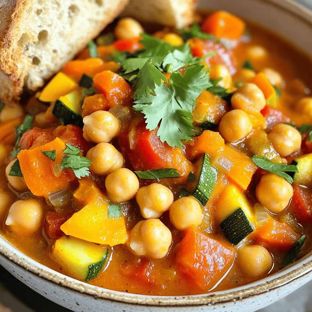 To create a tasty Moroccan chickpea stew, you need a few key ingredients. Here’s what you will use: - 2 cans (15 oz each) chickpeas, drained and rinsed - 1 large onion, diced - 2 garlic cloves, minced - 2 medium carrots, diced - 1 red bell pepper, diced - 1 zucchini, diced - 1 can (14 oz) diced tomatoes, with juices - 2 cups vegetable broth - 1 cup dried apricots, chopped - 2 tablespoons olive oil These ingredients form the base of your stew. The chickpeas provide protein and heartiness. The veggies add color and texture. Spices make this stew special. Here are the spices you will need: - 1 tablespoon ground cumin - 1 tablespoon ground coriander - 1 teaspoon ground cinnamon - 1 teaspoon turmeric - 1 teaspoon paprika - Salt and pepper to taste These spices create a warm and rich flavor. The cumin and coriander bring earthiness. Cinnamon adds warmth, while paprika gives a slight kick. Garnishes can elevate your dish. Consider these options: - ¼ cup fresh cilantro, chopped for garnish - Crusty bread or fluffy couscous as sides Fresh cilantro adds a burst of flavor and color. Crusty bread or couscous makes a complete meal. Enjoying this stew with these sides will enhance your dining experience. To start, you need to prepare your slow cooker. If your slow cooker has a sauté setting, turn it on. Add 2 tablespoons of olive oil to the pot. Heat it until it shimmers. Next, add 1 large diced onion. Sauté this for about 5 minutes. You want the onion to turn soft and clear. This step brings out sweet flavors. Once the onion is ready, it’s time to add more flavor. Add 2 minced garlic cloves to the pot. Next, toss in 1 tablespoon of ground cumin, 1 tablespoon of ground coriander, 1 teaspoon of ground cinnamon, 1 teaspoon of turmeric, and 1 teaspoon of paprika. Don’t forget a pinch of salt and pepper! Stir the mixture for 1-2 minutes. You want to cook it until it smells amazing. Now, let’s bring everything together. Add 2 cans of drained and rinsed chickpeas to the pot. Then, add 2 diced medium carrots, 1 diced red bell pepper, and 1 diced zucchini. Next, stir in 1 cup of chopped dried apricots. Pour in 1 can of diced tomatoes with juices and 2 cups of vegetable broth. Mix everything well. Cover your slow cooker with the lid. Set it to low for 6-8 hours or high for 3-4 hours. After cooking, it’s time to taste! Check if you need more salt or pepper. When ready to serve, ladle the stew into deep bowls. Top each bowl with ¼ cup of freshly chopped cilantro. This adds color and flavor. You can serve this stew with crusty bread or fluffy couscous for a full meal. Enjoy your tasty Moroccan Chickpea Stew! To boost the flavor, try adding a splash of lemon juice before serving. The tartness brightens the dish. You can also mix in a spoonful of harissa for heat. This spiced paste adds depth and warmth. Experiment with fresh herbs like parsley or mint for a fragrant kick. A sprinkle of toasted nuts on top adds crunch and richness. One common mistake is not rinsing the chickpeas. Rinsing removes extra salt and improves taste. Another error is overcooking the stew. If you cook too long, the veggies may turn mushy. Lastly, don’t skip the salt and pepper. They enhance all the other flavors in the dish. Always preheat your slow cooker if it has a sauté setting. This helps to bloom spices and develop flavors. Layer the ingredients correctly; place denser items like carrots at the bottom. This allows them to cook evenly. Keep the lid on during cooking; it retains heat and moisture. Finally, adjust the seasoning before serving. This ensures every bite is tasty. {{image_2}} This stew is already vegetarian and vegan. The chickpeas provide protein. You can add more veggies for extra flavor. Try adding spinach or kale for a nutrient boost. These greens cook down well in the slow cooker. If you want more protein, try adding chicken or turkey. Cut them into small pieces and add them with the other ingredients. For a meatless option, consider tempeh or tofu. Cube them and add them in the last hour of cooking. Feel free to swap ingredients based on what you love. Don’t have dried apricots? Use raisins or dates instead. You can also switch out the vegetables. If you dislike zucchini, try eggplant or sweet potatoes. This stew is flexible and will still taste great. After enjoying your stew, let it cool. Use an airtight container to store leftovers. I recommend keeping it in the fridge. It stays good for about 3 to 5 days. If it smells sour, throw it away. To reheat, you can use the stove or microwave. If using the stove, pour the stew into a pot. Heat it over low heat, stirring often. This helps keep the flavors fresh. If using a microwave, place it in a safe bowl. Heat it in short bursts, stirring in between. Make sure it is hot all the way through. You can freeze this stew for later. Use a freezer-safe container. Leave some space at the top since it will expand. It lasts well for about 2 to 3 months in the freezer. When ready to eat, thaw it in the fridge overnight. Then, reheat as mentioned above. This stew can taste even better after freezing! Serve Moroccan Chickpea Stew hot in deep bowls. Add a sprinkle of fresh cilantro on top. This adds color and a fresh flavor. You can also serve it with crusty bread. Fluffy couscous is a great option too. Both sides soak up the stew's flavor. Yes, you can cook this stew on the stovetop. Start by sautéing the onions and garlic in a pot. After that, add the spices and cook until fragrant. Then, mix in the chickpeas, veggies, and broth. Let it simmer for 25-30 minutes. Stir occasionally to prevent sticking. To spice up this stew, add more paprika or a pinch of cayenne pepper. You can also chop up fresh chili peppers and add those. Taste the stew as you go. This way, you can adjust the heat to match your taste. You can serve this stew with several tasty sides. Crusty bread pairs well, allowing you to soak up the stew. Fluffy couscous is another great choice. A simple green salad can balance the meal too. Enjoy your stew with any of these sides for a complete meal. Moroccan Chickpea Stew is a rich dish filled with spices and flavors. We explored key ingredients, how to cook them, and tips to make it better. Remember to experiment with options to suit your taste. Proper storage and reheating tips ensure you can enjoy it later. Try new variations to keep it exciting. With these steps, you can create a delicious meal that's easy and rewarding. Enjoy this stew as it warms your heart and home.