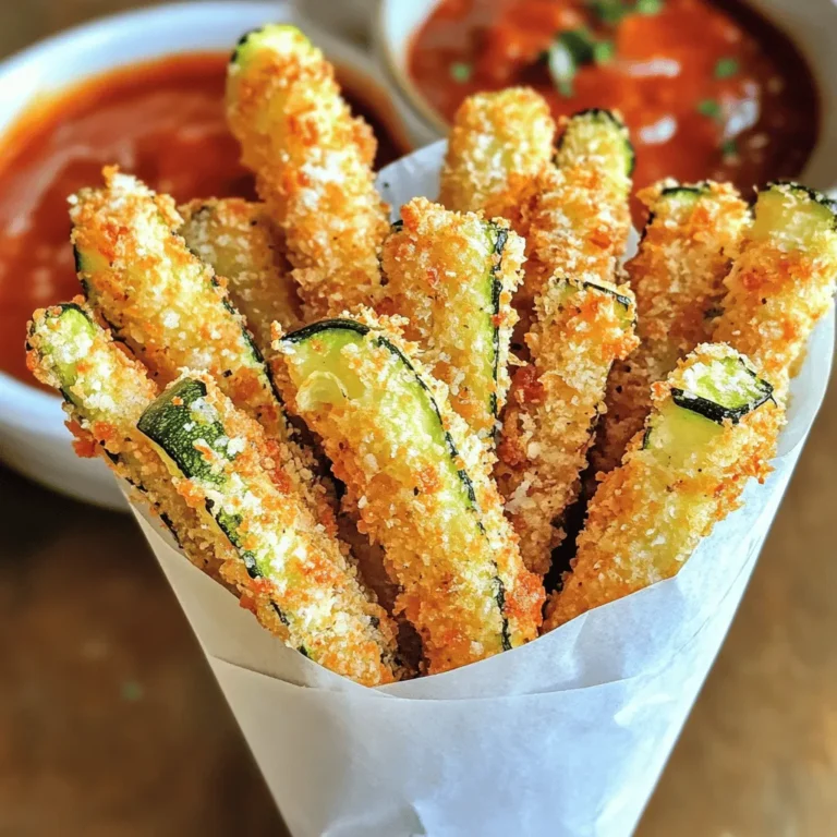 To make crispy air fryer Parmesan zucchini fries, you need simple ingredients. Here’s what you'll need: - 2 medium zucchinis, cut into fry shapes - 1 cup breadcrumbs (whole wheat or panko) - 1/2 cup grated Parmesan cheese - 1 teaspoon garlic powder - 1 teaspoon Italian seasoning - 1/2 teaspoon paprika - Salt and pepper to taste - 2 large eggs, beaten - Cooking spray These ingredients work together to create a flavorful snack. The zucchini provides a fresh base, while the breading adds crunch. Parmesan cheese gives a rich flavor, and the spices bring everything to life. Using whole wheat or panko breadcrumbs will add texture and help achieve that perfect crispiness. When you gather your ingredients, make sure the zucchinis are firm and fresh. This will ensure that your fries are tasty and hold their shape during cooking. Also, having your eggs beaten and seasonings ready will speed up the process. Enjoy the fun of creating this easy and healthy snack! First, set your air fryer to 400°F (200°C). Let it heat for about 5 minutes. Preheating helps the fries cook evenly and get crispy. In a large bowl, mix 1 cup of breadcrumbs, 1/2 cup of grated Parmesan cheese, and your seasonings. Add 1 teaspoon each of garlic powder and Italian seasoning. Sprinkle in 1/2 teaspoon of paprika, along with salt and pepper to taste. Make sure everything blends well. This mix gives your fries great flavor. In another shallow bowl, beat 2 large eggs. Take each zucchini fry and dip it into the egg. Coat it well, then roll it in the breadcrumb mix. Press gently to help the coating stick. This step is key for a crunchy bite. Lay the coated fries in a single layer in the air fryer basket. Avoid overcrowding; you may need to work in batches. Lightly spray the fries with cooking spray. This helps them crisp up nicely. Cook for about 10-12 minutes, flipping them halfway through. They should turn golden brown and crispy. Once cooked, remove the fries from the basket. Let them cool for a minute. For a fun touch, serve them in a cone or small basket with parchment paper. Pair your fries with marinara sauce or a zesty yogurt dip for extra flavor. Enjoy your snack! To get that perfect crunch, spray the fries lightly with cooking spray. This helps them crisp up nicely. Keep the zucchini fries in a single layer in the basket. If they touch, they won't cook as well. Flipping them halfway through also helps each side get golden brown. Cooking times can vary by air fryer brand. Start with 10 minutes at 400°F. Check for golden color and crunch. If they’re not ready, add 1-2 more minutes. Always keep an eye on them as they cook. You want them crispy, not burnt. After cooking, let the basket cool down. Then, wash it with warm soapy water. Avoid using steel wool or harsh cleaners. For tough bits, soak it for a bit. Regular cleaning keeps your air fryer working well and helps it last longer. {{image_2}} To add some heat to your zucchini fries, try adding cayenne pepper or red pepper flakes. Mix in one teaspoon of cayenne with the other seasonings. This adds a nice kick. Adjust the spice level to your taste. You can also serve the spicy fries with a cooling dip, like ranch or yogurt. For a vegan version, swap out the eggs. Use a flax egg instead. Mix one tablespoon of flaxseed meal with three tablespoons of water. Let it sit for five minutes until it thickens. You can also replace the Parmesan with nutritional yeast. This gives a cheesy flavor without using dairy. Feel free to get creative with the seasonings. Try adding cumin for a warm flavor. You can also mix in some onion powder for extra taste. Experiment with fresh herbs like parsley or basil. These small changes can really elevate your fries. After enjoying your Air Fryer Parmesan Zucchini Fries, let them cool. Place any leftovers in a container. Make sure to cover them tightly. This will keep them fresh for up to three days. If you leave them out, they will get soggy and lose their crunch. To bring back that crispiness, use the air fryer. Preheat it to 350°F (175°C). Place the fries in the basket in a single layer. Heat them for about 5 to 7 minutes. Flip them halfway through for even heating. This method keeps the fries crispy and tasty. If you want to save some for later, freezing is a great option. First, let the fries cool completely. Then, place them in a single layer on a baking sheet. Freeze for about an hour. Once frozen, move them to a freezer-safe bag. They can stay in the freezer for up to three months. When you're ready to eat, just reheat in the air fryer directly from the freezer. To make zucchini fries in the oven, preheat it to 425°F (220°C). Cut your zucchinis into fry shapes. Dip them in beaten eggs, then coat with the breadcrumb mix. Spread the fries in a single layer on a baking sheet. Bake for 20-25 minutes, flipping halfway. This method gives you crispy fries too. Yes, you can use various cheeses. Try mozzarella for a gooey texture or cheddar for a sharp taste. Each cheese adds its own flavor, so feel free to mix and match. Just remember, the cheese should melt well and complement the zucchini. These zucchini fries pair well with many dips. Marinara sauce is a classic choice. You can also try a zesty yogurt dip or a spicy aioli. For a fun twist, serve them with ranch dressing or even guacamole. These options enhance the flavor and make your snack more exciting. To keep zucchini fries crispy, start by removing excess moisture. Pat the cut zucchini dry with a paper towel. Use a light coating of cooking spray when air frying. Avoid overcrowding the air fryer basket, as this traps steam. Lastly, ensure they are well-coated for the best crunch. In this post, I covered how to make crispy air fryer zucchini fries. We listed key ingredients, shared step-by-step instructions, and offered handy tips. I also provided ideas for variations, storage info, and answers to common questions. Zucchini fries are a tasty and healthy snack. They can fit many diets and are easy to customize. Try them yourself, and you'll see just how enjoyable they are!