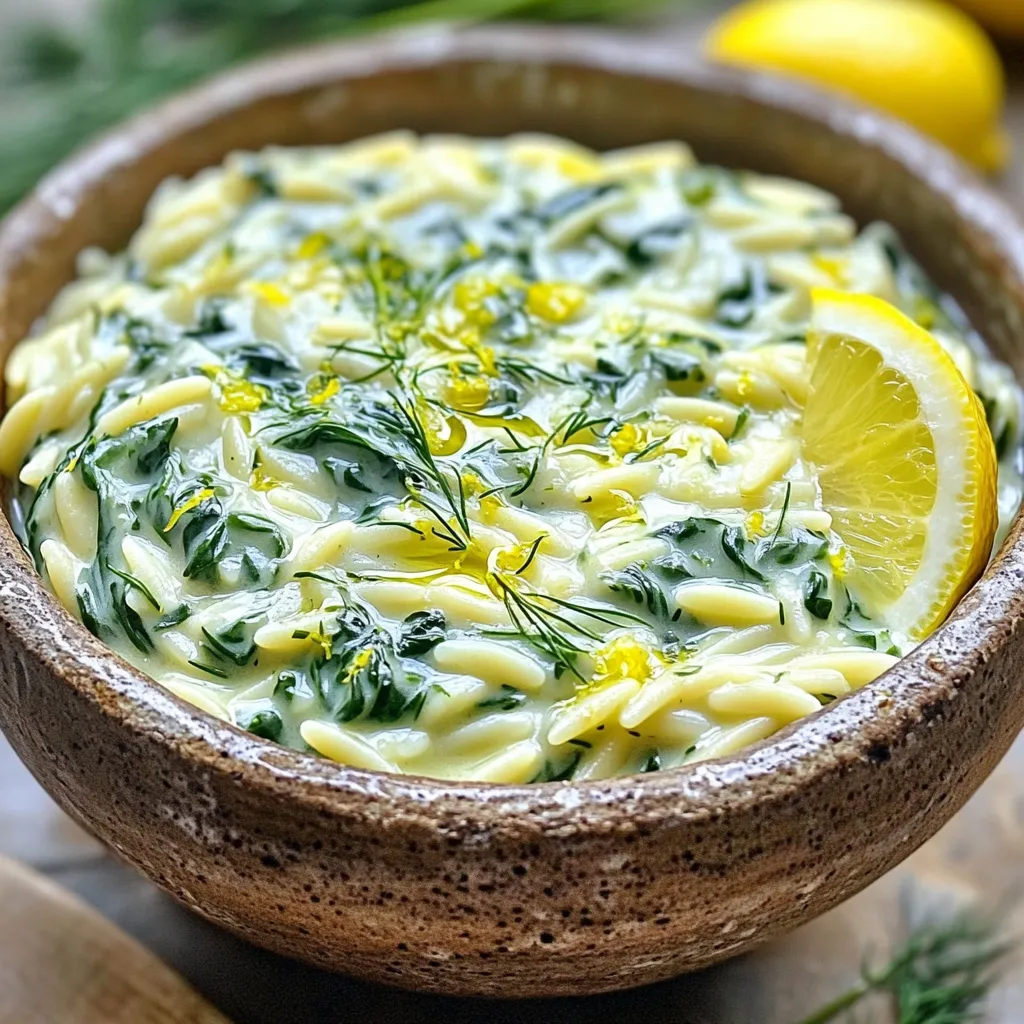 To make One Pot Creamy Lemon Spinach Orzo, you need: - 1 cup orzo pasta - 4 cups vegetable broth - 2 cups fresh spinach, chopped - 1 cup heavy cream or coconut cream - 1 tablespoon lemon zest - 2 tablespoons freshly squeezed lemon juice - 2 cloves garlic, minced - 1/2 cup grated Parmesan cheese (optional) - 2 tablespoons olive oil - Salt and pepper to taste - Fresh herbs (dill or parsley) for garnish If you have dietary needs, there are easy swaps: - Use gluten-free orzo for a gluten-free dish. - Swap heavy cream with coconut cream for dairy-free. - Omit Parmesan for vegan options or use nutritional yeast for a cheesy flavor. - Add more veggies, like peas or bell peppers, for a nutritious boost. Herbs add flavor and brightness. Here are some great picks: - Fresh dill gives a fresh taste. - Parsley adds a nice color and flavor. - Basil brings a sweet aroma that complements the lemon. - Chives offer a mild onion flavor, perfect for garnish. Using these ingredients and substitutions makes this dish fit for anyone. Enjoy diving into a bowl of creamy goodness! To start, heat the olive oil in a large pot over medium heat. Once hot, add the minced garlic. Sauté it for about one minute until it smells great, but don't let it brown. Next, add the orzo pasta to the pot. Stir it around in the garlic oil for around two minutes. This will toast the orzo and bring out its flavor. Now, pour in four cups of vegetable broth. Bring it to a boil. Once boiling, lower the heat to a simmer and cover the pot. Cook the orzo for about 10 to 12 minutes. Stir it occasionally to keep it from sticking. You want the orzo to be al dente, which means it should still have a little bite to it. When the orzo is cooked, it’s time to add the spinach. Stir in two cups of fresh, chopped spinach. Cook it for about two minutes until the spinach wilts down. This adds a nice pop of color and flavor to your dish. Now, lower the heat and add one cup of heavy cream or coconut cream. Then, mix in one tablespoon of lemon zest and two tablespoons of freshly squeezed lemon juice. Stir everything together until it blends well and is creamy. If you want, fold in half a cup of grated Parmesan cheese for an extra layer of taste. Season it with salt and pepper to your liking. Let it cook for another minute just to warm everything through. Finally, remove the pot from the heat and let it sit for a minute. This will help the flavors settle. Serve the creamy orzo in bowls and garnish with fresh herbs and a sprinkle of lemon zest for a bright finish. Enjoy your delightful meal! To make your orzo ultra-creamy, use heavy cream or coconut cream. Both give a rich taste. Stir the cream in gently to keep it smooth. Adding the cream at a low heat prevents it from curdling. If you want an even creamier dish, add more cream slowly until you reach your desired texture. Lemon zest and fresh lemon juice both add bright flavors. Use one tablespoon of lemon zest and two tablespoons of lemon juice. This balance creates a fresh taste without being too sour. Taste your dish as you go. If it needs a bit more brightness, add a little more lemon juice. One common mistake is overcooking the orzo. Cook it only until it’s al dente, which means it should still have a slight bite. Another mistake is adding too much salt early on. Add salt at the end, as the broth may already have salt. Lastly, don’t forget to stir the mixture well when adding cream and cheese. This ensures even flavor and texture. {{image_2}} You can easily boost this meal by adding protein. Chicken or shrimp work well. Simply cook the protein in the pot before adding garlic. For tofu, cube and cook it until golden. Mix it in with the spinach to soak up the flavors. This makes your orzo more filling and tasty. To make this dish vegan, swap heavy cream for coconut cream. Omit the Parmesan cheese or use a dairy-free version. You can still enjoy a rich and creamy orzo. Adding more vegetables like mushrooms or bell peppers can enhance the meal. You’ll create a delightful vegan dish without losing flavor. Herbs and spices add a nice touch. Try fresh dill or parsley for brightness. A pinch of red pepper flakes gives a spicy kick. You might also enjoy adding a squeeze of lemon zest before serving. This brightens up the dish and makes it pop with flavor. Experiment to find your favorite blend! After enjoying your One Pot Creamy Lemon Spinach Orzo, store any leftovers in an airtight container. Make sure to let it cool to room temperature first. This helps keep the orzo creamy and fresh. Leftovers can last in the fridge for about three to four days. If you want to enjoy this dish later, it's best to store it without the cheese if you're using it. When you’re ready to eat your leftovers, reheating is easy! Place the orzo in a pot over low heat. Add a splash of vegetable broth or water. This helps bring back the creaminess. Stir it often until it’s warm all the way through. You can also use a microwave. Just cover it and heat it in short bursts, stirring in between. If you want to freeze your creamy orzo, you can do that too! Pour the cooled dish into a freezer-safe container. Leave some space at the top for expansion. It’s best to eat frozen orzo within two to three months. To reheat, let it thaw in the fridge overnight. Then, warm it gently on the stove or in the microwave. Add a little liquid to revive its creamy texture. Yes, you can use other small pasta shapes like couscous, ditalini, or even small shells. Each type will change the look and texture a bit. Just keep an eye on cooking times, as they may differ from orzo. For example, cooking time for ditalini is similar, but smaller shapes cook faster. To make One Pot Creamy Lemon Spinach Orzo gluten-free, swap the orzo for gluten-free pasta. Many brands offer gluten-free orzo made from rice or corn. You can also use brown rice or quinoa as tasty alternatives. Just check the cooking times on the package, as they can vary. This dish pairs well with many sides. Try a fresh salad with mixed greens, cherry tomatoes, and a light vinaigrette. Grilled chicken or shrimp adds protein and complements the creamy orzo nicely. For a vegetarian option, serve with roasted vegetables or stuffed bell peppers. This blog post covered key steps to make One Pot Creamy Lemon Spinach Orzo. We discussed ingredients, from fresh herbs to substitutions. I shared easy steps to prepare the dish and tips for creamy texture. We explored variations, like adding protein or vegan options. Finally, we reviewed proper storage and reheating. With this guide, you can create a delicious meal. Enjoy exploring flavors and making it your own!