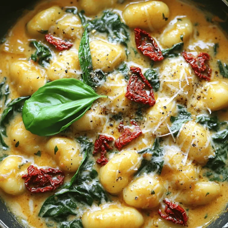 To make Tuscan sun-dried tomato gnocchi skillet, gather these items: - 1 pound potato gnocchi (store-bought or homemade) - 1 cup sun-dried tomatoes, packed in oil, diced - 2 tablespoons olive oil (from sun-dried tomatoes or fresh) - 3 cloves garlic, minced - 1 cup fresh spinach leaves - 1/2 cup heavy cream - 1/2 cup grated Parmesan cheese - 1 teaspoon Italian seasoning - Salt and pepper to taste - Fresh basil leaves for garnish If you have dietary needs, here are some swaps: - Gnocchi: Use gluten-free gnocchi for a gluten-free option. - Heavy cream: Replace with coconut cream for a dairy-free version. - Parmesan cheese: Use nutritional yeast for a vegan twist. - Olive oil: Avocado oil works well too. These swaps keep the dish tasty and fun. Using fresh ingredients can change your dish. Fresh spinach adds vibrant color and taste. Store-bought sun-dried tomatoes are easy but check the oil quality. - Fresh ingredients: They give better flavor, color, and nutrients. - Store-bought products: Save time but might lack freshness. I recommend using fresh when you can. It makes your skillet dish shine with flavor. 1. Prepare the Gnocchi: Boil salted water in a large pot. Add 1 pound of gnocchi. Cook as per package instructions, usually 2-3 minutes. Once they float, they are done. Drain and set aside. 2. Sauté Aromatics: Heat 2 tablespoons of olive oil in a large skillet over medium heat. Add 3 cloves of minced garlic. Sauté for about 30 seconds until fragrant. 3. Add Sun-Dried Tomatoes: Toss in 1 cup of diced sun-dried tomatoes. Cook for 2-3 minutes to blend the flavors. 4. Incorporate the Cream: Pour in 1/2 cup of heavy cream. Bring to a gentle simmer. Cook for about 2 minutes until it thickens slightly. 5. Add Spinach & Seasonings: Add 1 cup of fresh spinach leaves and 1 teaspoon of Italian seasoning. Stir until the spinach wilts. Season with salt and pepper to taste. 6. Mix in Gnocchi: Gently fold the cooked gnocchi into the skillet. Ensure they are well coated with the creamy sauce. Cook for another 2-3 minutes until everything is heated through. 7. Finishing Touch: Remove from heat. Stir in 1/2 cup of grated Parmesan cheese until melted and creamy. 8. Serve: Plate the dish. Garnish with fresh basil leaves for extra flavor and freshness. - Step 1: Watch for gnocchi to float. This means they are ready. - Step 2: Keep garlic moving in the pan to avoid burning. - Step 3: Use sun-dried tomatoes packed in oil for more flavor. - Step 4: Stir the cream well to mix with other ingredients. - Step 5: Fresh spinach shrinks quickly; add it last. - Step 6: Gently fold gnocchi to keep them intact. - Step 7: Use freshly grated Parmesan for the best taste. - Step 8: Fresh basil adds a bright touch and aroma. - Gnocchi Sticking Together: Make sure to drain them well and stir gently with sauce. - Too Thick Sauce: Add a splash of water or broth to thin it out. - Overcooked Spinach: Add it last and only cook until wilted, about 1-2 minutes. - Lacking Flavor: Adjust salt, pepper, and Italian seasoning to your taste. - Lumpy Sauce: Stir well while heating the cream to avoid lumps. Follow these steps, and you will create a delicious Tuscan sun-dried tomato gnocchi skillet that impresses! To boost the taste of your gnocchi, try adding more seasonings. Here are some ideas: - Red pepper flakes: For a spicy kick. - Oregano: It adds a warm, earthy note. - Lemon zest: It brightens the dish with fresh flavor. Mix these in with the Italian seasoning to elevate the meal. Using the right tools makes cooking easier. Here are my must-haves: - Skillet: A large, non-stick skillet works best for even cooking. - Pot: A big pot for boiling the gnocchi. - Wooden spoon: Ideal for stirring without scratching your skillet. With these tools, you'll achieve the best results. Cooking gnocchi correctly is key. Follow these timing tips: - Boil water: Bring salted water to a rapid boil before adding gnocchi. - Floating rule: Cook until they float, usually 2-3 minutes. - Heat through: After adding gnocchi to the sauce, cook for 2-3 minutes. Keeping an eye on these times helps ensure perfect gnocchi every time. {{image_2}} For a vegetarian option, you can enjoy this dish as it is. Just skip the Parmesan. For a vegan twist, use a plant-based cream and cheese. This keeps the creamy texture while making it dairy-free. You can also add extra veggies like zucchini or bell peppers for more color and taste. If you want to add protein, try cooked chicken or shrimp. They pair well with the sun-dried tomatoes and cream. You can also use canned chickpeas for a hearty vegetarian option. Just toss them in with the gnocchi. Tofu works too; just make sure to sauté it until golden. You can switch up the sauce for different flavors. For a spicy kick, add red pepper flakes. A pesto sauce can bring a fresh taste. If you like a tangy flavor, try a lemon cream sauce instead. This gives a bright contrast to the sun-dried tomatoes, making every bite exciting. To keep your Tuscan sun-dried tomato gnocchi delicious, store leftovers in an airtight container. This helps keep the flavors fresh. Place the container in the fridge. Enjoy the leftovers within three days for the best taste. You can freeze this dish if you have extra gnocchi. Let it cool first. Then, place it in a freezer-safe container. It can stay frozen for about two months. To reheat, thaw it overnight in the fridge. Heat it gently in a skillet over low heat. Add a splash of cream or broth to keep it creamy. - Potato Gnocchi: Store-bought gnocchi can last up to a year in the pantry. Homemade gnocchi lasts about two days in the fridge. - Sun-Dried Tomatoes: Once opened, they last in the fridge for about two weeks. - Heavy Cream: Unopened cream lasts about a month. Once opened, use it within a week. - Parmesan Cheese: Grated Parmesan lasts up to a month in the fridge. Whole blocks last longer. Storing these items properly keeps your cooking fresh and tasty. Gnocchi is a soft pasta made from potatoes. It often includes flour and eggs too. This dish comes from Italy, where it has a long history. Gnocchi dates back to the Roman Empire. The name means "lump" in Italian, referring to its shape. You can find many versions across Italy, each with unique flavors. Yes, you can use dried sun-dried tomatoes. However, they need to be rehydrated first. Soak them in warm water or broth for about 30 minutes. This step brings back their flavor and texture. Then, chop them before adding to the dish. The taste will still be rich and delicious. You can tell gnocchi is done when they float. Boil them in salted water and watch closely. They usually take about 2-3 minutes. When they rise to the surface, they are ready. Remove them carefully with a slotted spoon to avoid breaking. Yes, you can prepare some parts ahead. Cook the gnocchi and sauce separately. Store them in the fridge for up to two days. When ready to serve, reheat the sauce and mix in the gnocchi. This method keeps all the flavors fresh and tasty. You now have a full guide on making amazing gnocchi. We covered the key ingredients, along with fresh options and swaps for dietary needs. The step-by-step instructions make cooking easy, with tips to fix common problems. You also learned ways to add flavor and store leftovers properly. Enjoy exploring variations, from vegetarian styles to new sauces. Keep trying new things, and have fun cooking your gnocchi!