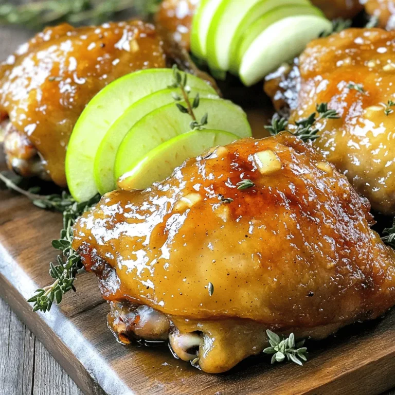 To make Apple Cider Glazed Chicken Thighs, you need a few simple ingredients. These ingredients create a sweet and tangy flavor that enhances the chicken. Here’s what you will need: - 4 bone-in, skin-on chicken thighs - 1 cup apple cider - 1/4 cup Dijon mustard - 2 tablespoons brown sugar - 2 tablespoons apple cider vinegar - 3 cloves garlic, minced - 1 teaspoon fresh thyme leaves - 1 teaspoon salt - 1/2 teaspoon pepper - 1 tablespoon olive oil Each ingredient plays a key role in building the glaze and seasoning the chicken. The apple cider gives a sweet base, while the Dijon mustard adds a nice zing. Brown sugar enhances the sweetness, and apple cider vinegar adds a tangy note. Fresh garlic brings depth, and thyme introduces an herby taste. Salt and pepper help balance all the flavors, while olive oil is great for searing the chicken, ensuring a crispy skin. Gather all these ingredients before you start cooking. This will make the process smooth and enjoyable! First, set your oven to 400°F (200°C). This is the perfect temperature for cooking the chicken evenly. As the oven heats, gather your ingredients. Having everything ready makes cooking easier. In a medium bowl, combine these ingredients: - 1 cup apple cider - 1/4 cup Dijon mustard - 2 tablespoons brown sugar - 2 tablespoons apple cider vinegar - 3 cloves garlic, minced - 1 teaspoon fresh thyme leaves - 1 teaspoon salt - 1/2 teaspoon pepper Whisk these well until smooth. This glaze will give the chicken a sweet and tangy flavor. Next, heat 1 tablespoon of olive oil in a large, oven-safe skillet over medium-high heat. Season the chicken thighs with a pinch of salt and pepper. When the oil is hot, place the chicken skin-side down in the skillet. Sear for about 5-7 minutes. You want the skin to be crispy and golden brown. Now, flip the chicken thighs over. Pour the apple cider glaze over them, coating each piece well. Transfer the skillet to the preheated oven. Bake for 25-30 minutes. Use a meat thermometer to check that the chicken reaches 165°F (75°C). This ensures it is safe to eat. Halfway through baking, baste the chicken with the glaze for extra flavor. Once the chicken is cooked, take it out of the oven. Let it rest for 5 minutes before serving. This helps keep the juices inside, making the chicken juicy and tender. To get that perfect crispy skin on your chicken thighs, start by using bone-in, skin-on pieces. The skin needs fat to crisp up nicely. Sear the chicken thighs in a hot skillet, skin-side down. This step is key. Cook for 5-7 minutes without moving them. You want that skin to turn golden brown. Once you flip the chicken, pour the glaze over it. This helps keep the skin crispy while adding flavor. Apple cider glazed chicken pairs well with many sides. Try serving it with roasted vegetables, like carrots and Brussels sprouts. A creamy mashed potato or wild rice also works great. For a fresh touch, add a simple salad with mixed greens. The bright flavors balance the sweet glaze. You can also serve it with warm, crusty bread to soak up the extra glaze. A few common mistakes can ruin your dish. First, make sure your skillet is hot enough before adding the chicken. If it’s not, the skin won't crisp up. Second, don’t skip basting the chicken halfway through cooking. This adds flavor and keeps the chicken moist. Lastly, allow the chicken to rest after baking. This lets the juices settle, making every bite juicy and tender. {{image_2}} You can enhance the flavor of your apple cider glazed chicken by adding more herbs and spices. Consider using rosemary, sage, or parsley. These herbs bring fresh notes that balance the sweetness of the glaze. You can also try adding spices like cayenne for heat or smoked paprika for depth. Just a pinch can make a big difference! If you want to change up the sweetness, there are options. Honey or maple syrup work great as substitutes for brown sugar. They add unique flavors while keeping the glaze sticky and sweet. If you prefer a low-calorie option, try stevia or agave syrup. Just adjust the amount to taste, as sweetness levels vary. This recipe is not limited to thighs. You can use chicken breasts or drumsticks too. Just remember that different cuts may need different cooking times. Drumsticks might take a bit longer, while breasts cook faster. Always check the internal temperature to ensure your chicken is safe to eat, aiming for 165°F (75°C). Enjoy experimenting with your favorite cuts! To store your leftover apple cider glazed chicken thighs, place them in an airtight container. Make sure to let the chicken cool down first. Keep the container in the fridge. It will stay fresh for about 3 to 4 days. If you have extra glaze, store it in a separate container. This way, you can enjoy that sweet sauce again! When you're ready to eat the leftovers, you can reheat them easily. Preheat your oven to 350°F (175°C). Place the chicken thighs in a baking dish. Cover them loosely with foil to keep them moist. Heat for about 15 to 20 minutes. If you want, you can warm up the glaze on the stove. Pour it over the chicken before serving for extra flavor. If you want to save the chicken for later, freezing works well. Wrap each thigh tightly in plastic wrap. Then, place them in a freezer bag. Label the bag with the date. You can freeze the chicken for up to 3 months. To thaw, move the chicken to the fridge overnight. This keeps it safe and tasty. When ready, reheat as described above. Enjoy your meal even after it’s been frozen! Yes, you can use boneless chicken thighs. They will cook faster than bone-in thighs. Adjust your cooking time to about 20 minutes in the oven. Check for an internal temperature of 165°F (75°C) to ensure they are safe to eat. If you don't have apple cider, try using apple juice or a mix of water and vinegar. This will keep the sweet, tangy flavor close to the original. You can also use white wine for a different twist. Use a meat thermometer to check the chicken's internal temperature. It should reach 165°F (75°C). If you don’t have a thermometer, make sure the juices run clear when you cut into the chicken. Yes, you can. Start by searing the chicken in a skillet. Then transfer the chicken to the slow cooker. Pour the glaze over it and cook on low for 4-6 hours. This method will make the chicken very tender. Many sides work well. Here are some great options: - Roasted vegetables - Mashed potatoes - Green salad - Rice pilaf - Steamed green beans These sides will enhance the meal and balance the sweet flavors of the chicken. You’ve learned how to make apple cider glazed chicken thighs from start to finish. We covered key ingredients, step-by-step cooking tips, and tasty variations. Remember, crispy skin and great sides can elevate your dish. Always explore new herbs and spices for unique flavors. Store leftovers properly and reheat for best taste. I hope you feel confident making this dish. Enjoy the sweet and savory flavors that make this meal special.