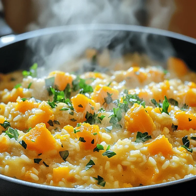 To make a delicious butternut squash and sage risotto, you need simple, fresh ingredients. Here’s what you’ll need: - 1 cup Arborio rice - 1 medium butternut squash, peeled and diced - 1 small onion, finely chopped - 3 cloves garlic, minced - 4 cups vegetable broth - 2 tablespoons olive oil - 1 tablespoon fresh sage, chopped (or 1 teaspoon dried sage) - 1/2 cup grated Parmesan cheese (optional) - Salt and pepper to taste - 1/4 cup chopped fresh parsley for garnish These ingredients come together to create a warm, creamy dish. Each one adds flavor, texture, and nutrition to the risotto. Arborio rice is key for that creamy texture. It absorbs liquid well and releases starch, making the risotto rich. Butternut squash adds both sweetness and color. The onion and garlic bring depth to the flavor. Fresh sage gives a nice earthy note. Using vegetable broth enhances the taste and keeps it vegetarian. You can skip the Parmesan cheese if you want. It adds creaminess, but the risotto is still good without it. Fresh parsley on top brings a burst of color and freshness. Gather these ingredients, and you’re ready to start cooking! - Sautéing onions: Start by heating 2 tablespoons of olive oil in a large pot over medium heat. Add 1 small finely chopped onion. Sauté for 3-4 minutes until it looks clear and soft. This builds a sweet base for your risotto. - Adding garlic and butternut squash: Next, add 3 cloves of minced garlic and 1 medium diced butternut squash. Cook for about 5 minutes. Stir often until the squash begins to soften. The squash adds a lovely, sweet flavor. - Incorporating Arborio rice: Now, add 1 cup of Arborio rice. Stir well for 1-2 minutes until the rice looks slightly clear. This step helps the rice absorb flavors as it cooks. - Adding vegetable broth and sage: Pour in 4 cups of vegetable broth and add 1 tablespoon of chopped fresh sage. Stir well and bring the mix to a gentle boil. Sage adds a warm, earthy taste that pairs perfectly with squash. - Simmering process: Reduce the heat to low and cover the pot. Let it simmer for about 20 minutes. Stir occasionally until the rice is creamy and most of the liquid is absorbed. This slow cooking is key to getting that rich, creamy texture. - Folding in Parmesan cheese: After cooking, remove the pot from heat. If you like, fold in 1/2 cup of grated Parmesan cheese for added creaminess. Season with salt and pepper to taste. - Seasoning to taste: Adjust the salt and pepper as needed. This is your chance to make the dish just right for your taste. - Resting for creamy texture: Cover the pot and let it sit for 5 minutes. This resting time helps the risotto become even creamier. - Plating and garnishing: Serve hot and top with 1/4 cup of chopped fresh parsley. This adds a fresh touch and bright color to your dish. Enjoy your warm bowl of butternut squash and sage risotto! - Choosing the right rice: Use Arborio rice. It has a high starch content. This starch creates the creamy texture we want in risotto. It absorbs liquid well and expands when cooked. - Stirring techniques: Stir gently but often. This helps release more starch. It also prevents the rice from sticking to the pot. Aim for a smooth, creamy risotto by stirring every few minutes. - Additional herbs and spices: Try adding thyme or rosemary. These herbs work well with butternut squash. You can also add a pinch of nutmeg for warmth. - Substitutions for cheese: If you want a lighter dish, skip the cheese. You can use nutritional yeast for a cheesy flavor. This also keeps it vegan-friendly. - Knowing when it’s done: The risotto is ready when the rice is tender but still has a slight bite. It should not be mushy. Taste as you cook to find the right texture. - Adjusting liquid for personal preference: If you like it creamier, add more broth. For a thicker risotto, use less liquid. Adjust based on how you enjoy your risotto. {{image_2}} You can add more veggies to your risotto for extra flavor. Try using: - Spinach - Peas - Mushrooms - Carrots These choices bring color and taste. Use what’s fresh and in season. You can also mix in different herbs. Rosemary or thyme work well. They add a lovely aroma. If you're vegan, skip the Parmesan cheese. You can use nutritional yeast instead. It gives a cheesy flavor without dairy. Always check the broth for animal products. For gluten-free options, ensure your broth is gluten-free. The Arborio rice is naturally gluten-free. Pair this dish with a crisp white wine. A Pinot Grigio or Sauvignon Blanc works best. These wines balance the rich flavors of the risotto. You can also serve it with a simple salad. A fresh green salad adds crunch and lightness. To keep your Butternut Squash and Sage Risotto fresh, store it in an airtight container. Place it in the fridge if you plan to eat it within a few days. It should stay good for about 3 to 5 days. If you want to save it for longer, freezing is a great option. Just scoop portions into freezer-safe bags or containers. Label them with the date. You can freeze risotto for up to 3 months. When you are ready to eat your leftovers, you can reheat them easily. The best method is using a pot on the stove. Add a splash of vegetable broth or water to help it heat up. Stir gently over low heat until warmed through. You can also use the microwave, but be careful. Heat in short bursts, stirring in between, to keep the risotto creamy. This way, you maintain the texture and flavor of the dish. Enjoy your meal just like it was fresh! Yes, you can make this risotto ahead of time. To do this, follow these tips: - Cook the risotto until just underdone. It should be a bit firm. - Let it cool quickly to prevent it from becoming mushy. - Store it in an airtight container in the fridge for up to two days. - When you reheat, add a little broth for creaminess. You can use brown rice, but the texture will change. Arborio rice is creamy and starchy. Brown rice has a firmer bite and takes longer to cook. If you use brown rice: - Increase the broth amount to about 5 cups. - Cook longer, about 30-40 minutes. - Stir more often to help with creaminess, but it won’t be the same as Arborio. If you don't have sage, you can try these herbs: - Thyme for a mild, earthy flavor. - Rosemary for a strong, aromatic touch. - Oregano for a fresh, slightly sweet taste. Using these will change the flavor, but they will still add great taste! This article explored how to make a delicious risotto with butternut squash. You learned about the key ingredients, step-by-step cooking instructions, and tips for achieving the best flavor and creaminess. I shared various ways to adjust the recipe for dietary needs and suggested the best storage and reheating methods. Risotto is versatile and rewarding to make. Experiment with different ingredients to make it your own. Enjoy your cooking journey!