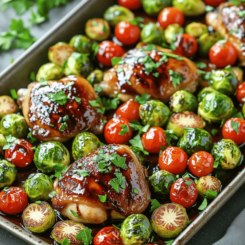 - 4 boneless, skinless chicken thighs - 1 lb Brussels sprouts, trimmed and halved - 1 cup cherry tomatoes, halved - 1/4 cup balsamic vinegar - 2 tablespoons honey - 3 tablespoons olive oil - 3 cloves garlic, minced - 1 teaspoon dried thyme - 1 teaspoon salt - 1/2 teaspoon black pepper - 1/4 teaspoon red pepper flakes (optional) - Fresh parsley, chopped (for garnish) Gather these simple ingredients to create a dish that's full of flavor. The chicken thighs give you juicy meat, while the Brussels sprouts and tomatoes add color and nutrition. The balsamic vinegar and honey create a sweet and tangy marinade. Each seasoning adds depth. Using fresh parsley for garnish makes it look great. This dish is fun to make and share with family or friends. - Preheat your oven to 400°F (200°C). This helps cook the chicken evenly. - In a small bowl, whisk together the balsamic vinegar, honey, olive oil, minced garlic, thyme, salt, black pepper, and red pepper flakes if you like some heat. This mixture will be your flavorful marinade. - In a large bowl, combine the halved Brussels sprouts and cherry tomatoes. These veggies will add great color and taste. - Pour half of the marinade over the vegetables. Toss them well to coat every piece. This step adds flavor and makes the veggies shine. - Take the chicken thighs and place them in the same bowl with the remaining marinade. Make sure each piece is well coated. This is key for juicy chicken. - On a large sheet pan, arrange the chicken thighs in the center. Spread the Brussels sprouts and cherry tomatoes around them in a single layer. It allows everything to roast nicely together. - Bake in the preheated oven for about 25-30 minutes. Check that the chicken reaches an internal temperature of 165°F. You want it fully cooked but not dry. - Once done, remove the pan from the oven and let it rest for 5 minutes. This helps the juices settle in the chicken. To ensure your chicken is perfectly cooked, always check the internal temperature. Use a meat thermometer to confirm it reaches 165°F. This step guarantees your chicken is safe to eat and juicy. When marinating chicken, aim for at least 30 minutes. This allows the flavors to soak in. If you have more time, marinate it for up to 4 hours in the fridge. This extra time will enhance the taste even more. Spices can elevate your dish. I recommend using dried thyme, which pairs well with chicken. You can also add garlic for more depth. Consider optional add-ins like red pepper flakes for a kick. If you prefer milder flavors, feel free to leave them out. A pinch of smoked paprika can also add a lovely warmth. Pair your Sheet Pan Balsamic Chicken with simple sides. Mashed potatoes or a fresh green salad complement the meal well. For garnish, sprinkle fresh parsley over the dish. This adds a pop of color and freshness. Serve with crusty bread to soak up any delicious sauce! {{image_2}} You can use different meats in this dish. Chicken thighs are juicy, but chicken breast works too. Chicken breast has less fat, so it cooks faster. If you want something leaner, try turkey. Turkey thighs also add great flavor. For a plant-based option, swap in tofu. Press it to remove excess water, then marinate it just like the chicken. Brussels sprouts shine here, but you can mix in other veggies. Carrots, bell peppers, or broccoli are great choices. Just remember to cut them to a similar size. Cooking times may change for different vegetables. For softer veggies, like zucchini, reduce the bake time. Keep an eye on all veggies to ensure they cook evenly. Balsamic vinegar gives a tangy taste, but feel free to swap it. Apple cider vinegar or red wine vinegar also works well. For a twist, try rice vinegar for a lighter flavor. You can also change the sweetener. Instead of honey, use maple syrup or agave syrup. Each swap can change the dish's flavor profile, so try different combinations! To store leftovers, let the dish cool first. Place your chicken and veggies in an airtight container. This keeps them fresh. You can store them in the fridge for up to four days. Make sure to label your container with the date. This helps you track how long it’s been. For best practices, keep the chicken and vegetables separate if you can. This way, the chicken does not make the veggies soggy. Reheat only what you need. This helps keep the rest fresh. If you want to freeze this dish, it’s super easy. Just place the cooled chicken and veggies in a freezer-safe bag. Try to remove as much air as you can. This helps prevent freezer burn. You can freeze it for up to three months. For thawing, move the bag to the fridge overnight. If you need it fast, you can use the microwave. Make sure to reheat it in short bursts. Stir it often to heat evenly. In the fridge, this dish lasts about four days. After that, its taste and quality may change. Signs of spoilage include off smells or a change in color. If the chicken looks or smells funny, it’s best to throw it away. Always trust your senses to guide you. To ensure the chicken is cooked, check its internal temperature. You want it to be at least 165°F (75°C). Use a meat thermometer and insert it into the thickest part of the thigh. If it reads 165°F, your chicken is safe to eat. The meat should be juicy and not pink in the center. This step is key for food safety and taste. Yes, you can use frozen vegetables! Frozen Brussels sprouts and cherry tomatoes work well. Just be aware that they may release more moisture. This can make your dish a bit soggy. To avoid this, thaw the veggies first and pat them dry before mixing with the marinade. You may need to adjust the cooking time slightly. Keep an eye on them while they bake. This dish pairs well with many sides. Try serving it with: - Rice or quinoa for a hearty base - A fresh green salad for crunch - Garlic bread for a comforting touch - Mashed potatoes for a creamy contrast Feel free to mix and match according to your taste! Enjoy your meal! In this blog post, we explored an easy sheet pan balsamic chicken recipe. We covered main ingredients like chicken, Brussels sprouts, and cherry tomatoes, plus the marinade. I shared step-by-step instructions for prepping, baking, and serving. You learned tips for cooking chicken perfectly and possible ingredient swaps. Remember, this dish is flexible, so feel free to get creative. Enjoy flavorful meals while saving time in the kitchen. With a few simple steps, you can make a wholesome dinner that everyone will love. Happy cooking!