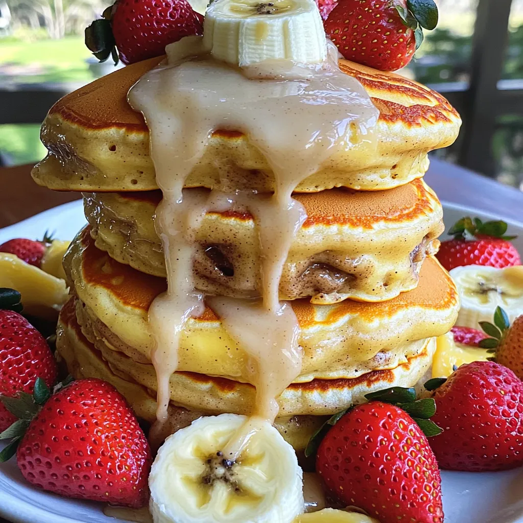 - 1 cup all-purpose flour - 2 tablespoons sugar - 1 tablespoon baking powder - 1/2 teaspoon salt - 1 cup milk - 1 large egg - 2 tablespoons melted butter - 1 teaspoon vanilla extract - 1 tablespoon ground cinnamon - 3 tablespoons brown sugar - 4 oz cream cheese, softened - 1 cup powdered sugar - 2 tablespoons milk (for glaze) Using high-quality ingredients makes a big difference in flavor. Choose fresh eggs and organic milk if possible. Look for cream cheese that is smooth and soft. This will help the glaze mix well. Fresh spices like ground cinnamon offer the best taste. For the flour, use all-purpose flour for the right texture. When making pancakes, avoid overmixing the batter. This keeps pancakes light and fluffy. Use a non-stick skillet or griddle for even cooking. Always grease the surface lightly to prevent sticking. First, gather your dry ingredients. In a mixing bowl, combine: - 1 cup all-purpose flour - 2 tablespoons sugar - 1 tablespoon baking powder - 1/2 teaspoon salt Whisk these together until they blend well. This step is key for fluffy pancakes. Now, let's mix the wet ingredients. In another bowl, whisk together: - 1 cup milk - 1 large egg - 2 tablespoons melted butter - 1 teaspoon vanilla extract Make sure this mixture is smooth. It adds flavor and moisture to our pancakes. For the cinnamon swirl, combine in a small bowl: - 1 tablespoon ground cinnamon - 3 tablespoons brown sugar This mix creates a sweet and spicy ribbon in your pancakes. Set it aside for now. Heat a non-stick skillet over medium heat. Lightly grease it with cooking spray or butter. Pour 1/4 cup of batter for each pancake. Quickly drizzle about a teaspoon of the cinnamon mixture on top. Use a toothpick or knife to swirl it in gently. Cook for 2-3 minutes until bubbles form. Flip and cook for another 2 minutes or until golden brown. Repeat this for all the batter. In a medium bowl, use an electric mixer to blend: - 4 oz cream cheese, softened - 1 cup powdered sugar - 2 tablespoons milk Mix until smooth. Adjust the sugar or milk to get the glaze you like. Stack your pancakes on a plate. Drizzle with the cream cheese glaze. For a fun touch, add fresh fruits like strawberries or bananas on top. Enjoy your delicious creation right away! When making pancakes, avoid overmixing your batter. This makes pancakes tough. Mix just until the flour disappears. Another mistake is using too much heat. Medium heat cooks pancakes evenly. Lastly, do not skip the cinnamon swirl step. It adds flavor and makes them special. To get fluffy pancakes, use fresh baking powder. Old baking powder may not rise well. Also, use room temperature milk and eggs. This helps the batter mix better. Let the batter rest for a few minutes. This will give it time to rise before cooking. Use a non-stick skillet or griddle for best results. Preheat it on medium heat. Add a little butter or spray to grease the pan. Pour 1/4 cup of batter for each pancake. Watch for bubbles to form on top. Flip them quickly for an even cook. Cook until they are golden brown on both sides. {{image_2}} You can make these pancakes even better by adding fruits or nuts. Fresh fruits like bananas or blueberries work great. Just fold them into the batter before you cook the pancakes. If you like nuts, try chopped walnuts or pecans. They add a nice crunch and flavor. You can easily make gluten-free pancakes too. Just swap the all-purpose flour for a gluten-free flour blend. Check if it has a 1:1 ratio to regular flour. This way, you can enjoy the same great taste while staying gluten-free. You can change the cream cheese glaze to match your taste. For a fruity twist, add pureed strawberries or raspberries to the glaze. For a hint of spice, mix in a dash of nutmeg or pumpkin spice. A splash of vanilla extract or almond extract can also give it a new flavor. Explore these options to find your favorite! To store leftover pancakes, let them cool first. Place them in a single layer on a plate. Cover them with plastic wrap or foil. You can also stack them with parchment paper in between. This helps to keep them from sticking together. Store pancakes in the fridge for up to 3 days. Reheat pancakes in a few ways. The microwave is quick. Place a pancake on a microwave-safe plate. Heat for about 20-30 seconds. If you want a crispy edge, use a skillet. Warm it over medium heat for about 1 minute on each side. You can also use a toaster for a quick warm-up. Freezing pancakes is easy. First, let them cool completely. Then, stack them with parchment paper in between. Wrap the stack well in plastic wrap. Place the wrapped pancakes in a freezer bag. Remove as much air as you can. You can freeze them for up to 2 months. When ready to eat, thaw them overnight in the fridge or warm them in the microwave. You can use mascarpone cheese as a great substitute. It has a similar texture and flavor. If you want a lighter option, try Greek yogurt. Mix it with powdered sugar for sweetness. For a dairy-free option, use coconut cream. Blend it with a bit of vanilla and sugar. Each option gives a tasty twist to the glaze. Yes, you can make the batter ahead of time. Store it in the fridge for up to 24 hours. Just remember to stir it gently before cooking. The batter may thicken, so you might need to add a bit of milk. This saves time on busy mornings. Watch for bubbles forming on the surface of the pancake. When they pop, it’s time to flip. Cook for about 2-3 minutes on each side. The pancake should be golden brown. You can also use a toothpick to check. If it comes out clean, the pancake is done. Yes, you can easily make these pancakes vegan. Use plant-based milk in place of cow's milk. Replace the egg with a flax egg (1 tablespoon ground flaxseed mixed with 2.5 tablespoons water). For butter, use coconut oil or a vegan butter substitute. Adjust the glaze with vegan cream cheese or keep it simple with just powdered sugar and plant milk. These cinnamon swirl pancakes are easy and fun to make. We covered all you need: ingredients, step-by-step instructions, and tips for success. You learned how to avoid common mistakes and create tasty variations. Remember to store leftovers properly for later enjoyment. Each pancake can be a canvas for your ideas. Try fruits, nuts, or different glazes. Now you're ready to impress family and friends with your cooking skills. Enjoy every bite of your delicious pancakes!